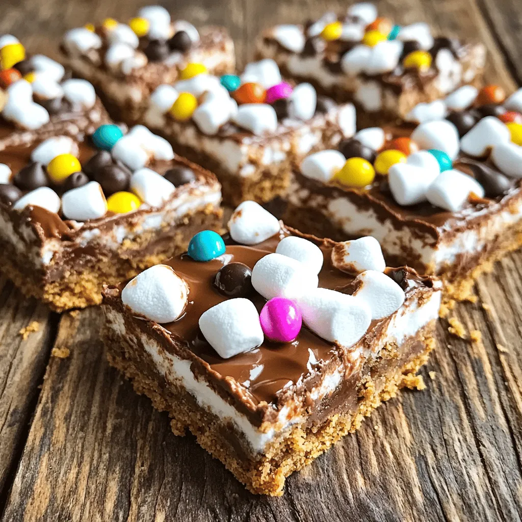 No Bake S’mores Bars are a fun treat. You can whip them up in no time. The kids will love to help make these bars. It's a great way to enjoy s'mores without a campfire. You only need a few simple ingredients to create this delicious dessert. - 1 ½ cups graham cracker crumbs - ½ cup unsweetened cocoa powder - ½ cup granulated sugar - ½ cup unsalted butter, melted - 1 cup mini marshmallows - 1 cup semi-sweet chocolate chips - ½ cup mini chocolate candies (optional) - 1 teaspoon vanilla extract - 1 pinch of salt - Graham cracker crumbs: These form the base. They add crunch and flavor. - Unsweetened cocoa powder: This gives the bars a rich, chocolatey taste. - Granulated sugar: Sugar adds sweetness. It balances the other flavors. - Unsalted butter: This helps bind the ingredients. It also adds richness. - Mini marshmallows: Marshmallows bring the classic s'mores flavor. They give a soft texture. - Semi-sweet chocolate chips: These add melty, chocolate goodness. They complement the marshmallows well. - Mini chocolate candies: Optional, but they add color and fun! - Vanilla extract: This boosts the flavor, making it more delicious. - Pinch of salt: A small amount of salt enhances all the flavors. This combination of ingredients makes No Bake S’mores Bars a delightful treat. Each item plays a key role in the taste and texture. So gather your ingredients and get ready for some fun! First, grab a large mixing bowl. Add 1 ½ cups of graham cracker crumbs, ½ cup of cocoa powder, and ½ cup of granulated sugar. Mix these dry ingredients well. They should blend into a fine mixture. Next, pour in ½ cup of melted unsalted butter and 1 teaspoon of vanilla extract. Stir until it looks like wet sand. Now, take a lined 9x9-inch baking pan. Press the mixture firmly into the bottom. Make sure it’s even and well packed to form a sturdy base. In another bowl, combine 1 cup of mini marshmallows and 1 cup of semi-sweet chocolate chips. This sweet mix will be your top layer. Spread it evenly over the pressed graham cracker base. Make sure every bite gets a taste of this delightful combo. If you want, add ½ cup of mini chocolate candies on top for extra fun and color. Now, place the pan in the refrigerator. Let it chill for about 30 minutes. This helps the bars firm up nicely. After 30 minutes, take the pan out. Cut the chilled mixture into bars. Serve them right away or store them in an airtight container in the fridge. They’ll stay fresh for up to one week. Enjoy your tasty treat! You can find the full recipe [here](#). To get the right texture in your no bake s'mores bars, start with the base. Mix the graham cracker crumbs and cocoa powder well. Add melted butter slowly so the mix binds together. It should feel like wet sand. When you press it into the pan, make sure it is firm. A firm base gives that nice crunch. The marshmallow and chocolate layer should be spread evenly. This helps each bite taste just right. One main mistake is not pressing the base firmly enough. If it’s loose, the bars will fall apart. Another issue is using too many mini marshmallows or chocolate chips. This can make the bars too sweet. Be careful when you add salt; a pinch is just right. Lastly, don’t rush the refrigeration. Letting it chill for 30 minutes helps the layers set well. Serve these bars cold or at room temperature. You can cut them into squares for easy handling. For a fun twist, top them with extra mini chocolate candies. This adds color and a nice crunch. You can also pair them with vanilla ice cream. It makes a delightful dessert combo. Enjoy these treats at parties or family gatherings. They are sure to impress! {{image_2}} You can easily mix up the flavors in your no bake s’mores bars. Try adding peanut butter for a rich, nutty twist. Just swirl in ½ cup of creamy peanut butter into the chocolate layer. It gives a nice balance of sweet and salty. Mint is another fun option. Use mint-flavored chocolate chips instead of regular ones. You can even add a few drops of mint extract to the mixture. Both flavors make the bars exciting and new! If you have dietary needs, you can swap out some ingredients. For gluten-free options, use gluten-free graham cracker crumbs. You can also use coconut oil instead of butter for a dairy-free version. If you want to cut sugar, use a sugar substitute like stevia or monk fruit. The bars will still taste great! These swaps help everyone enjoy the dessert. Get creative with how you serve your no bake s’mores bars. Cut them into fun shapes using cookie cutters. This makes them great for parties. You can also drizzle melted chocolate on top for a fancy touch. For an extra pop, sprinkle crushed graham crackers and mini marshmallows on top. These ideas will impress your guests and make the dessert even more fun. Explore the Full Recipe for more ways to enjoy these bars! To keep your No Bake S’mores Bars fresh, store them in an airtight container. Line the container with parchment paper to avoid sticking. This simple step makes it easy to lift out bars later. Keep them in the fridge to maintain their texture and taste. Avoid leaving them out at room temperature for long periods. These bars last for up to one week in the fridge. If you follow the storage tips, they stay tasty and fresh. After a week, they may lose some flavor and texture. You’ll want to eat them while they are still at their best. You don’t need to reheat No Bake S’mores Bars. They taste great chilled, right from the fridge. If you want a warm touch, try microwaving a bar for just a few seconds. This melts the chocolate slightly and makes them gooey. Enjoy the mix of flavors and textures, just as you made them. For the complete recipe, check out the Full Recipe section. Yes, you can make No Bake S’mores Bars ahead of time. In fact, they taste even better after chilling. I often prepare them a day in advance. Just store them in the fridge. Cover the pan with plastic wrap to keep them fresh. This way, they are ready for your next gathering or dessert craving. If you can’t find graham cracker crumbs, don’t worry! You can use crushed vanilla wafers or digestive biscuits. Both options work well and add a nice flavor. Some people even use chocolate cookies for a richer taste. Experiment with what you have at home and enjoy the fun! Yes, you can freeze No Bake S’mores Bars. They freeze well and stay tasty. Just cut them into bars before freezing. Wrap each bar in plastic wrap or foil. Place them in an airtight container for best results. When you’re ready to eat, let them thaw in the fridge for a few hours. Enjoy your sweet treat anytime! In this post, I covered how to make No Bake S'mores Bars. We explored each ingredient and their roles in the recipe. Step-by-step instructions helped you create a tasty treat. Tips and tricks ensured the best texture and taste. Variations let you get creative, and storage info showed how to keep them fresh. Enjoy making these bars your own. With this knowledge, you can impress friends and family with ease.