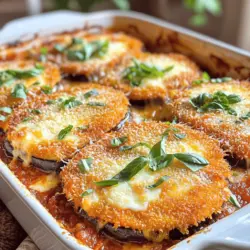 To make Easy Eggplant Parmesan, you'll need the following ingredients: - 2 medium eggplants, sliced into ¼-inch rounds - 1 teaspoon salt (for sweating the eggplant) - 1 cup all-purpose flour - 3 large eggs, beaten - 2 cups breadcrumbs (preferably whole wheat for a nutty flavor) - 3 cups marinara sauce (store-bought or homemade) - 2 cups shredded mozzarella cheese - 1 cup grated Parmesan cheese - 2 tablespoons fresh basil, chopped (plus extra for garnish) - 1 teaspoon garlic powder - Olive oil for frying You can swap some ingredients if you need to. If you want a gluten-free dish, use gluten-free flour and breadcrumbs. For a dairy-free option, try vegan cheese instead of mozzarella and Parmesan. You can also use different herbs, like oregano or thyme, if you don’t have basil. When choosing eggplants, look for firm and shiny ones. The skin should be smooth without any blemishes. Avoid eggplants that feel soft or have dark spots. A fresh eggplant should feel heavy for its size. If it has a vibrant purple color, it's likely at its peak ripeness. First, we need to sweat the eggplant. Sprinkle salt over the sliced eggplants. Place them in a colander for about 30 minutes. This step helps draw out moisture and bitterness. After 30 minutes, rinse the eggplant slices. Pat them dry with a paper towel. Now, they are ready for breading. Next, we set up a breading station. In one dish, put flour. In another, place the beaten eggs. In a third dish, mix breadcrumbs with garlic powder. Dip each eggplant slice into the flour. Then, coat it in the eggs. Finally, cover the slice with breadcrumbs. Place the breaded slices on a plate. They are now ready to fry. Now it’s time to assemble our dish. Preheat your oven to 375°F (190°C). In a large baking dish, spread a thin layer of marinara sauce on the bottom. Layer half of the fried eggplant slices over the sauce. Sprinkle a third of the mozzarella cheese on top. Add half of the Parmesan cheese next. Pour another layer of marinara sauce over this. Repeat the layers with the remaining eggplant, mozzarella, and Parmesan cheese. Top with chopped basil. Finish with one last layer of marinara sauce and leftover cheese. Cover the dish with aluminum foil. Bake for about 25 minutes. Then, remove the foil and bake for an extra 15 minutes. The top should be bubbly and golden. Let it cool for a few minutes before slicing. Serve hot and enjoy! For the full recipe, check out the details above. To fry eggplant well, start by sweating it. Sprinkling salt on the slices helps. Let them sit for about 30 minutes. This step removes moisture and bitterness. Rinse and pat them dry before frying. Use a large skillet for even cooking. Heat olive oil over medium heat. Make sure the oil is hot before adding the eggplant. Fry in batches to avoid crowding. Each slice should cook for about 3-4 minutes on each side. This gives a nice golden color. Creating layers in Eggplant Parmesan is key to flavor. Start with a base of marinara sauce in your baking dish. Lay half of the fried eggplant slices on top. Then, sprinkle a third of the mozzarella cheese and half of the Parmesan cheese. Repeat these layers for a rich taste. Don’t forget to add more marinara sauce between the layers. This keeps everything moist and flavorful. Finish with a layer of sauce and more cheese on top. It makes a beautiful presentation. To achieve a crispy top, use a mix of cheeses. Mozzarella gives stretch, while Parmesan adds crunch. Bake the dish covered for the first part. This helps the cheese melt without burning. Remove the foil for the last 15 minutes. This allows the top to brown and crisp up nicely. Keep an eye on it to avoid over-baking. A golden crust makes the dish inviting and delicious. Enjoy this tasty treat fresh from the oven! {{image_2}} To make a vegan version of eggplant parmesan, swap out the cheese and eggs. Use a mix of cashews and nutritional yeast. Soak cashews in water for a few hours, then blend them until smooth. Add nutritional yeast for a cheesy flavor. Replace eggs with a mixture of ground flaxseed and water. This mix binds the breadcrumbs to the eggplant slices. If you need a gluten-free option, use almond flour instead of all-purpose flour. For breadcrumbs, choose gluten-free crumbs or make your own from gluten-free bread. These swaps keep the recipe tasty and safe for gluten-free diets. Just ensure all your other ingredients are gluten-free as well. You can boost flavor by adding different herbs and spices. Try oregano, thyme, or crushed red pepper for heat. You can also layer in roasted red peppers or sautéed mushrooms for extra texture. For a smoky taste, add smoked paprika to the breadcrumbs. Feel free to experiment and make this dish your own! For the complete recipe, check out the [Full Recipe]. After enjoying your eggplant Parmesan, let any leftovers cool down. Place them in an airtight container. This keeps the flavors fresh and the dish safe. Store it in the fridge for up to three days. Make sure to cover it well to prevent drying out. To reheat your eggplant Parmesan, preheat your oven to 350°F (175°C). Place the leftovers in an oven-safe dish. Cover it loosely with foil to keep moisture in. Heat for about 20 minutes or until it is hot all the way through. You can also use the microwave. Heat it on medium power for about 2-3 minutes. Check it often to avoid overcooking. If you want to save some for later, freezing is a great option. First, let the dish cool completely. Cut it into portions for easy thawing. Wrap each piece tightly in plastic wrap, then in foil. Place the wrapped portions in a freezer bag. You can freeze it for up to three months. When ready to enjoy, thaw it in the fridge overnight before reheating. Enjoying your eggplant Parmesan later is just as tasty as when it was fresh! Yes, you can use other cheeses. I like to use mozzarella and Parmesan for this dish. However, you can try provolone for a sharper taste. Ricotta adds creaminess. Just remember, cheese affects flavor and texture. Choose what you enjoy! Cooking eggplant takes about 40 to 50 minutes in total. First, sweat the eggplant for 30 minutes to remove moisture. Then, fry each slice for 3 to 4 minutes until golden. Finally, bake the assembled dish for 40 minutes. Absolutely! You can prepare it a day in advance. Just layer it in your baking dish and cover it tightly. Store it in the fridge. When you're ready, bake it straight from the fridge. This allows the flavors to blend nicely. For the full recipe, see the instructions above. You learned about easy eggplant parmesan, from the right ingredients to step-by-step prep. We covered tips for frying and how to achieve the perfect layers. I shared vegan and gluten-free options to suit everyone’s needs. Keep these storage tips in mind to enjoy leftovers later. Cooking should be fun and stress-free. I hope you feel inspired to create this dish in your own way. Enjoy making your eggplant parmesan!