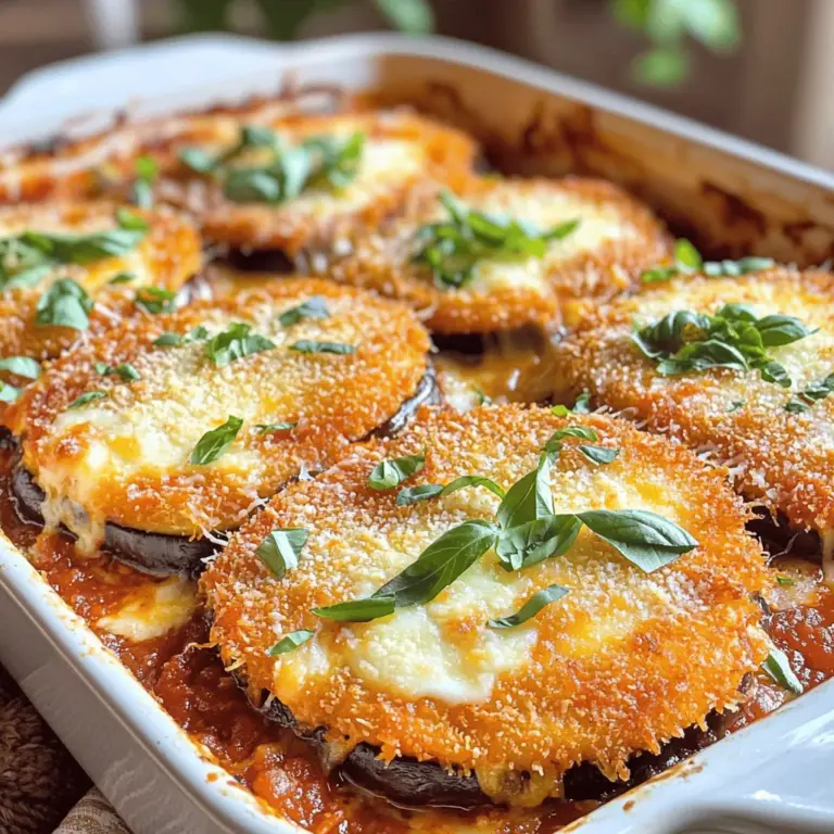 To make Easy Eggplant Parmesan, you'll need the following ingredients: - 2 medium eggplants, sliced into ¼-inch rounds - 1 teaspoon salt (for sweating the eggplant) - 1 cup all-purpose flour - 3 large eggs, beaten - 2 cups breadcrumbs (preferably whole wheat for a nutty flavor) - 3 cups marinara sauce (store-bought or homemade) - 2 cups shredded mozzarella cheese - 1 cup grated Parmesan cheese - 2 tablespoons fresh basil, chopped (plus extra for garnish) - 1 teaspoon garlic powder - Olive oil for frying You can swap some ingredients if you need to. If you want a gluten-free dish, use gluten-free flour and breadcrumbs. For a dairy-free option, try vegan cheese instead of mozzarella and Parmesan. You can also use different herbs, like oregano or thyme, if you don’t have basil. When choosing eggplants, look for firm and shiny ones. The skin should be smooth without any blemishes. Avoid eggplants that feel soft or have dark spots. A fresh eggplant should feel heavy for its size. If it has a vibrant purple color, it's likely at its peak ripeness. First, we need to sweat the eggplant. Sprinkle salt over the sliced eggplants. Place them in a colander for about 30 minutes. This step helps draw out moisture and bitterness. After 30 minutes, rinse the eggplant slices. Pat them dry with a paper towel. Now, they are ready for breading. Next, we set up a breading station. In one dish, put flour. In another, place the beaten eggs. In a third dish, mix breadcrumbs with garlic powder. Dip each eggplant slice into the flour. Then, coat it in the eggs. Finally, cover the slice with breadcrumbs. Place the breaded slices on a plate. They are now ready to fry. Now it’s time to assemble our dish. Preheat your oven to 375°F (190°C). In a large baking dish, spread a thin layer of marinara sauce on the bottom. Layer half of the fried eggplant slices over the sauce. Sprinkle a third of the mozzarella cheese on top. Add half of the Parmesan cheese next. Pour another layer of marinara sauce over this. Repeat the layers with the remaining eggplant, mozzarella, and Parmesan cheese. Top with chopped basil. Finish with one last layer of marinara sauce and leftover cheese. Cover the dish with aluminum foil. Bake for about 25 minutes. Then, remove the foil and bake for an extra 15 minutes. The top should be bubbly and golden. Let it cool for a few minutes before slicing. Serve hot and enjoy! For the full recipe, check out the details above. To fry eggplant well, start by sweating it. Sprinkling salt on the slices helps. Let them sit for about 30 minutes. This step removes moisture and bitterness. Rinse and pat them dry before frying. Use a large skillet for even cooking. Heat olive oil over medium heat. Make sure the oil is hot before adding the eggplant. Fry in batches to avoid crowding. Each slice should cook for about 3-4 minutes on each side. This gives a nice golden color. Creating layers in Eggplant Parmesan is key to flavor. Start with a base of marinara sauce in your baking dish. Lay half of the fried eggplant slices on top. Then, sprinkle a third of the mozzarella cheese and half of the Parmesan cheese. Repeat these layers for a rich taste. Don’t forget to add more marinara sauce between the layers. This keeps everything moist and flavorful. Finish with a layer of sauce and more cheese on top. It makes a beautiful presentation. To achieve a crispy top, use a mix of cheeses. Mozzarella gives stretch, while Parmesan adds crunch. Bake the dish covered for the first part. This helps the cheese melt without burning. Remove the foil for the last 15 minutes. This allows the top to brown and crisp up nicely. Keep an eye on it to avoid over-baking. A golden crust makes the dish inviting and delicious. Enjoy this tasty treat fresh from the oven! {{image_2}} To make a vegan version of eggplant parmesan, swap out the cheese and eggs. Use a mix of cashews and nutritional yeast. Soak cashews in water for a few hours, then blend them until smooth. Add nutritional yeast for a cheesy flavor. Replace eggs with a mixture of ground flaxseed and water. This mix binds the breadcrumbs to the eggplant slices. If you need a gluten-free option, use almond flour instead of all-purpose flour. For breadcrumbs, choose gluten-free crumbs or make your own from gluten-free bread. These swaps keep the recipe tasty and safe for gluten-free diets. Just ensure all your other ingredients are gluten-free as well. You can boost flavor by adding different herbs and spices. Try oregano, thyme, or crushed red pepper for heat. You can also layer in roasted red peppers or sautéed mushrooms for extra texture. For a smoky taste, add smoked paprika to the breadcrumbs. Feel free to experiment and make this dish your own! For the complete recipe, check out the [Full Recipe]. After enjoying your eggplant Parmesan, let any leftovers cool down. Place them in an airtight container. This keeps the flavors fresh and the dish safe. Store it in the fridge for up to three days. Make sure to cover it well to prevent drying out. To reheat your eggplant Parmesan, preheat your oven to 350°F (175°C). Place the leftovers in an oven-safe dish. Cover it loosely with foil to keep moisture in. Heat for about 20 minutes or until it is hot all the way through. You can also use the microwave. Heat it on medium power for about 2-3 minutes. Check it often to avoid overcooking. If you want to save some for later, freezing is a great option. First, let the dish cool completely. Cut it into portions for easy thawing. Wrap each piece tightly in plastic wrap, then in foil. Place the wrapped portions in a freezer bag. You can freeze it for up to three months. When ready to enjoy, thaw it in the fridge overnight before reheating. Enjoying your eggplant Parmesan later is just as tasty as when it was fresh! Yes, you can use other cheeses. I like to use mozzarella and Parmesan for this dish. However, you can try provolone for a sharper taste. Ricotta adds creaminess. Just remember, cheese affects flavor and texture. Choose what you enjoy! Cooking eggplant takes about 40 to 50 minutes in total. First, sweat the eggplant for 30 minutes to remove moisture. Then, fry each slice for 3 to 4 minutes until golden. Finally, bake the assembled dish for 40 minutes. Absolutely! You can prepare it a day in advance. Just layer it in your baking dish and cover it tightly. Store it in the fridge. When you're ready, bake it straight from the fridge. This allows the flavors to blend nicely. For the full recipe, see the instructions above. You learned about easy eggplant parmesan, from the right ingredients to step-by-step prep. We covered tips for frying and how to achieve the perfect layers. I shared vegan and gluten-free options to suit everyone’s needs. Keep these storage tips in mind to enjoy leftovers later. Cooking should be fun and stress-free. I hope you feel inspired to create this dish in your own way. Enjoy making your eggplant parmesan!