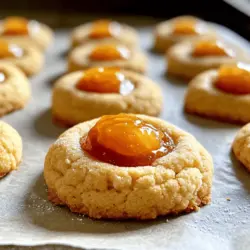 - 2 cups all-purpose flour - 1/2 teaspoon baking powder - 1/4 teaspoon baking soda - 1/4 teaspoon salt - 1/2 cup unsalted butter, softened - 1/2 cup granulated sugar - 1 large egg yolk - 1 teaspoon vanilla extract - 1/2 teaspoon almond extract (optional) - 1/2 cup peach jam The ingredients for Peach Jam Thumbprint Cookies are simple yet key to their charm. You need flour, baking powder, baking soda, and salt. These dry ingredients help the cookies rise and create a nice texture. Next, we have the butter and sugar. The butter must be softened. This makes it easy to mix with the sugar. When you beat them together, they become fluffy. This adds air and makes the cookies light. The egg yolk binds everything. It adds a rich taste too. Vanilla extract gives a warm flavor, while almond extract can add a nice twist if you choose. Finally, the peach jam is the star of the show. It gives a sweet burst in each cookie. If you want to see the full recipe, you can find it in the article. - Calories per cookie: About 100 calories - Macronutrient breakdown: - Carbohydrates: 15g - Fat: 5g - Protein: 1g These cookies are a treat but still light enough to enjoy without guilt. - For a gluten-free option, you can use gluten-free flour. - If you need a dairy-free option, use a plant-based butter. These swaps keep the cookies tasty while meeting dietary needs. First, you need to preheat your oven to 350°F (175°C). This step helps the cookies bake evenly. Next, line a baking sheet with parchment paper. This keeps the cookies from sticking. In a medium bowl, mix these dry ingredients: - 2 cups all-purpose flour - 1/2 teaspoon baking powder - 1/4 teaspoon baking soda - 1/4 teaspoon salt Whisk them together until they blend well. Then, set this bowl aside for later use. Now, let’s make the dough. In a large bowl, cream together: - 1/2 cup unsalted butter, softened - 1/2 cup granulated sugar Beat these on medium speed for about 2-3 minutes. You want the mix to be light and fluffy. Next, add 1 large egg yolk, 1 teaspoon vanilla extract, and 1/2 teaspoon almond extract (if you’re using it). Mix until everything is well blended. Gradually add the dry mix to your wet mix. Stir on low speed until just combined. Avoid overmixing, or the cookies might be tough. Now let’s shape the cookies. Use a cookie scoop or your hands to form small balls of dough, about 1 inch in size. Place them on the prepared baking sheet, leaving about 2 inches between each ball. Use your thumb or the back of a teaspoon to make an indention in the center of each ball. Be careful not to press all the way through. Now it’s time for the peach jam. Fill each thumbprint with a dollop of peach jam, making sure it is centered. Place the baking sheet in the oven. Bake for 10-12 minutes, or until the edges turn lightly golden. After baking, remove the cookies from the oven. Let them cool on the baking sheet for about 5 minutes. Then, transfer them to a wire rack to cool completely. For the full recipe, be sure to check out the earlier section! To make the best Peach Jam Thumbprint Cookies, avoid overmixing the dough. When you mix too much, cookies can turn tough. Mix until the flour just combines. This keeps your cookies soft. Also, let the dough chill for about 30 minutes. Chilling helps the cookies hold their shape. To bake evenly, make sure all cookies are the same size. Use a cookie scoop for uniformity. This ensures they all bake at the same rate. Place the cookies at least 2 inches apart on the tray. This allows air to flow, giving even heat. Once baked, store your cookies in an airtight container. They stay fresh for up to a week. You can also freeze them for later. Just wrap each cookie in plastic wrap. For serving, try pairing them with a cup of tea or coffee. They also taste great with a scoop of vanilla ice cream. Enjoy your Peach Jam Thumbprint Cookies! For the full recipe, check out the instructions above. {{image_2}} You can switch up the jam in these cookies. Try strawberry, raspberry, or apricot. Each jam gives a new taste. You can also add nuts like walnuts or pecans. Chopped chocolate chips can bring a sweet twist, too. Mix and match to find your favorite flavor! If you want vegan cookies, swap the egg yolk for a flax egg. Just mix one tablespoon of flaxseed meal with three tablespoons of water. Let it sit for five minutes to thicken. Use vegan butter instead of regular butter. For those needing low-sugar options, you can use a sugar substitute. Sweeteners like stevia or erythritol work well in this recipe. For special occasions, you can make holiday-themed cookies. Add festive sprinkles on top or use seasonal jams. During autumn, try using apple or pumpkin spice jam. In summer, swap in fresh berries for a fruity burst. These twists keep the cookies fun and fresh all year round. For the complete recipe, check out the [Full Recipe]. Store your Peach Jam Thumbprint Cookies in an airtight container. This keeps them fresh and soft. You can use a cookie jar or a plastic container with a tight lid. These cookies stay fresh for about one week at room temperature. If you want to keep them longer, consider freezing them. To freeze your cookies, allow them to cool completely first. Then, place them in a single layer on a baking sheet. Freeze until solid, which takes about one hour. After that, transfer them to a freezer-safe bag or container. Be sure to remove as much air as possible before sealing. They will stay good for about three months in the freezer. When you want to enjoy a cookie, take it out and let it thaw at room temperature. For the best texture, you can warm them in the oven for a few minutes. This will restore their soft, fresh-baked taste. Enjoy your Peach Jam Thumbprint Cookies as a sweet treat anytime! For the full recipe, check out the complete guide. Can I use homemade jam? Yes, you can use homemade jam! Fresh peach jam adds a nice touch. Just make sure it is thick enough to hold its shape in the cookie. Why are my cookies spreading too much? Cookies spread too much if the dough is too warm. Always chill your dough for about 30 minutes before baking. This helps them hold their shape. How can I tell when the cookies are done baking? Look for lightly golden edges. The center may look soft, but that’s okay. They will firm up as they cool. What is the best way to prevent sticking? Use parchment paper on your baking sheet. This keeps cookies from sticking and makes cleanup easy. You can also lightly grease the paper. Can I make this recipe in advance? Yes! You can make the dough ahead of time. Chill it and keep it in the fridge for up to 3 days. When ready, scoop and bake. How to adjust the recipe for fewer servings? To make fewer cookies, simply divide the ingredients in half. This works well for small batches. Just keep an eye on baking time as it may change. Can I double the recipe easily? Absolutely! Doubling the recipe is simple. Just use twice the amount of each ingredient. Make sure you have enough space on your baking sheet for all the cookies. You can find the Full Recipe above for detailed steps! In this blog post, I shared a simple peach jam thumbprint cookie recipe. I covered ingredients, step-by-step instructions, and tips for success. You can even tweak the recipe to fit your diet. Remember, using quality ingredients and proper techniques leads to the best results. Enjoy baking these cookies, and feel free to explore different flavors and variations. The joy of creating and sharing these treats makes the effort worthwhile. Your kitchen can become a place of fun and deliciousness. Happy baking!