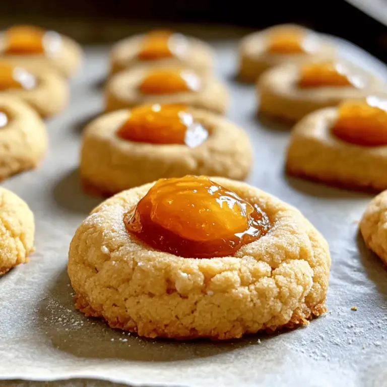 - 2 cups all-purpose flour - 1/2 teaspoon baking powder - 1/4 teaspoon baking soda - 1/4 teaspoon salt - 1/2 cup unsalted butter, softened - 1/2 cup granulated sugar - 1 large egg yolk - 1 teaspoon vanilla extract - 1/2 teaspoon almond extract (optional) - 1/2 cup peach jam The ingredients for Peach Jam Thumbprint Cookies are simple yet key to their charm. You need flour, baking powder, baking soda, and salt. These dry ingredients help the cookies rise and create a nice texture. Next, we have the butter and sugar. The butter must be softened. This makes it easy to mix with the sugar. When you beat them together, they become fluffy. This adds air and makes the cookies light. The egg yolk binds everything. It adds a rich taste too. Vanilla extract gives a warm flavor, while almond extract can add a nice twist if you choose. Finally, the peach jam is the star of the show. It gives a sweet burst in each cookie. If you want to see the full recipe, you can find it in the article. - Calories per cookie: About 100 calories - Macronutrient breakdown: - Carbohydrates: 15g - Fat: 5g - Protein: 1g These cookies are a treat but still light enough to enjoy without guilt. - For a gluten-free option, you can use gluten-free flour. - If you need a dairy-free option, use a plant-based butter. These swaps keep the cookies tasty while meeting dietary needs. First, you need to preheat your oven to 350°F (175°C). This step helps the cookies bake evenly. Next, line a baking sheet with parchment paper. This keeps the cookies from sticking. In a medium bowl, mix these dry ingredients: - 2 cups all-purpose flour - 1/2 teaspoon baking powder - 1/4 teaspoon baking soda - 1/4 teaspoon salt Whisk them together until they blend well. Then, set this bowl aside for later use. Now, let’s make the dough. In a large bowl, cream together: - 1/2 cup unsalted butter, softened - 1/2 cup granulated sugar Beat these on medium speed for about 2-3 minutes. You want the mix to be light and fluffy. Next, add 1 large egg yolk, 1 teaspoon vanilla extract, and 1/2 teaspoon almond extract (if you’re using it). Mix until everything is well blended. Gradually add the dry mix to your wet mix. Stir on low speed until just combined. Avoid overmixing, or the cookies might be tough. Now let’s shape the cookies. Use a cookie scoop or your hands to form small balls of dough, about 1 inch in size. Place them on the prepared baking sheet, leaving about 2 inches between each ball. Use your thumb or the back of a teaspoon to make an indention in the center of each ball. Be careful not to press all the way through. Now it’s time for the peach jam. Fill each thumbprint with a dollop of peach jam, making sure it is centered. Place the baking sheet in the oven. Bake for 10-12 minutes, or until the edges turn lightly golden. After baking, remove the cookies from the oven. Let them cool on the baking sheet for about 5 minutes. Then, transfer them to a wire rack to cool completely. For the full recipe, be sure to check out the earlier section! To make the best Peach Jam Thumbprint Cookies, avoid overmixing the dough. When you mix too much, cookies can turn tough. Mix until the flour just combines. This keeps your cookies soft. Also, let the dough chill for about 30 minutes. Chilling helps the cookies hold their shape. To bake evenly, make sure all cookies are the same size. Use a cookie scoop for uniformity. This ensures they all bake at the same rate. Place the cookies at least 2 inches apart on the tray. This allows air to flow, giving even heat. Once baked, store your cookies in an airtight container. They stay fresh for up to a week. You can also freeze them for later. Just wrap each cookie in plastic wrap. For serving, try pairing them with a cup of tea or coffee. They also taste great with a scoop of vanilla ice cream. Enjoy your Peach Jam Thumbprint Cookies! For the full recipe, check out the instructions above. {{image_2}} You can switch up the jam in these cookies. Try strawberry, raspberry, or apricot. Each jam gives a new taste. You can also add nuts like walnuts or pecans. Chopped chocolate chips can bring a sweet twist, too. Mix and match to find your favorite flavor! If you want vegan cookies, swap the egg yolk for a flax egg. Just mix one tablespoon of flaxseed meal with three tablespoons of water. Let it sit for five minutes to thicken. Use vegan butter instead of regular butter. For those needing low-sugar options, you can use a sugar substitute. Sweeteners like stevia or erythritol work well in this recipe. For special occasions, you can make holiday-themed cookies. Add festive sprinkles on top or use seasonal jams. During autumn, try using apple or pumpkin spice jam. In summer, swap in fresh berries for a fruity burst. These twists keep the cookies fun and fresh all year round. For the complete recipe, check out the [Full Recipe]. Store your Peach Jam Thumbprint Cookies in an airtight container. This keeps them fresh and soft. You can use a cookie jar or a plastic container with a tight lid. These cookies stay fresh for about one week at room temperature. If you want to keep them longer, consider freezing them. To freeze your cookies, allow them to cool completely first. Then, place them in a single layer on a baking sheet. Freeze until solid, which takes about one hour. After that, transfer them to a freezer-safe bag or container. Be sure to remove as much air as possible before sealing. They will stay good for about three months in the freezer. When you want to enjoy a cookie, take it out and let it thaw at room temperature. For the best texture, you can warm them in the oven for a few minutes. This will restore their soft, fresh-baked taste. Enjoy your Peach Jam Thumbprint Cookies as a sweet treat anytime! For the full recipe, check out the complete guide. Can I use homemade jam? Yes, you can use homemade jam! Fresh peach jam adds a nice touch. Just make sure it is thick enough to hold its shape in the cookie. Why are my cookies spreading too much? Cookies spread too much if the dough is too warm. Always chill your dough for about 30 minutes before baking. This helps them hold their shape. How can I tell when the cookies are done baking? Look for lightly golden edges. The center may look soft, but that’s okay. They will firm up as they cool. What is the best way to prevent sticking? Use parchment paper on your baking sheet. This keeps cookies from sticking and makes cleanup easy. You can also lightly grease the paper. Can I make this recipe in advance? Yes! You can make the dough ahead of time. Chill it and keep it in the fridge for up to 3 days. When ready, scoop and bake. How to adjust the recipe for fewer servings? To make fewer cookies, simply divide the ingredients in half. This works well for small batches. Just keep an eye on baking time as it may change. Can I double the recipe easily? Absolutely! Doubling the recipe is simple. Just use twice the amount of each ingredient. Make sure you have enough space on your baking sheet for all the cookies. You can find the Full Recipe above for detailed steps! In this blog post, I shared a simple peach jam thumbprint cookie recipe. I covered ingredients, step-by-step instructions, and tips for success. You can even tweak the recipe to fit your diet. Remember, using quality ingredients and proper techniques leads to the best results. Enjoy baking these cookies, and feel free to explore different flavors and variations. The joy of creating and sharing these treats makes the effort worthwhile. Your kitchen can become a place of fun and deliciousness. Happy baking!