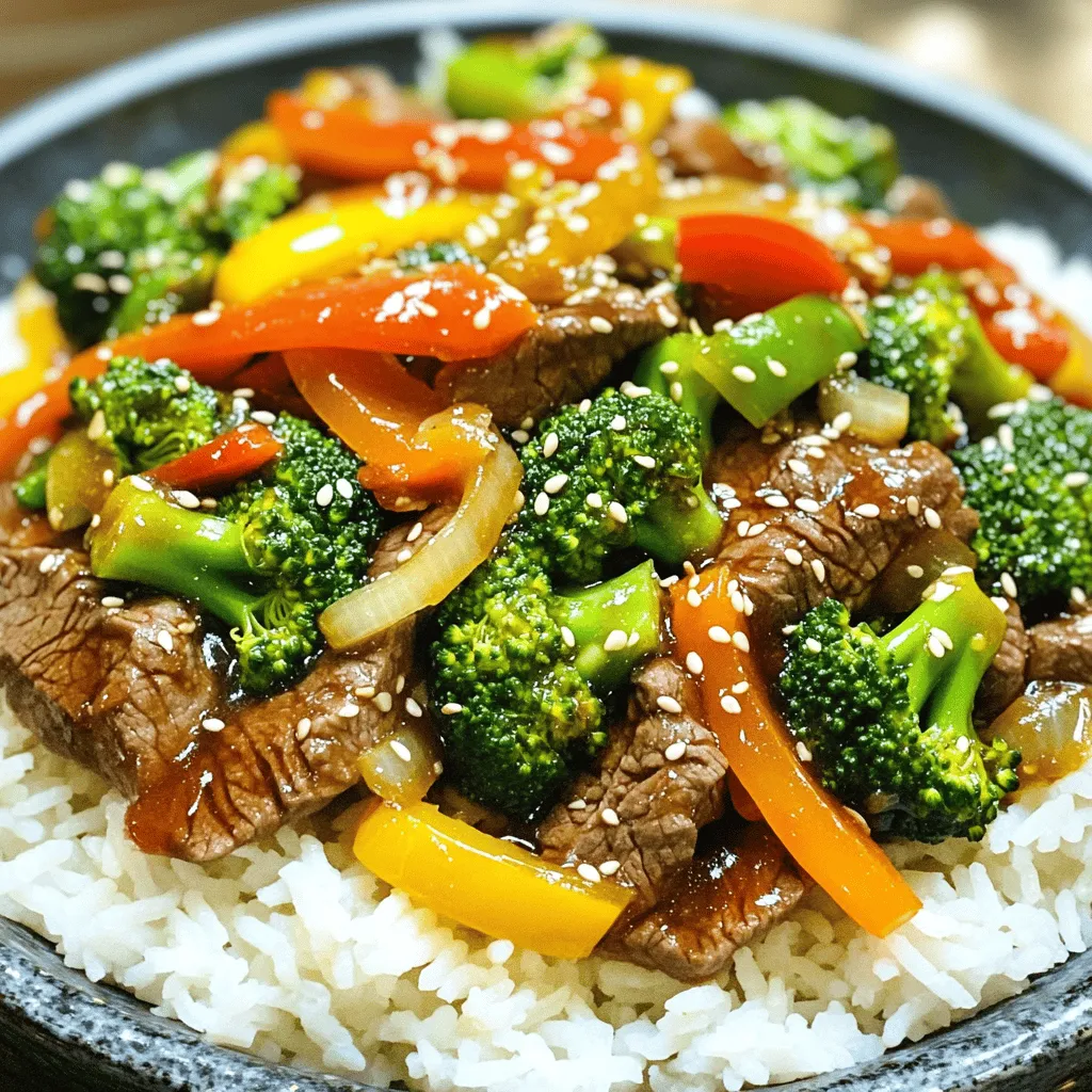 - Beef flank steak - Broccoli florets - Bell pepper - Garlic and ginger For this dish, start with beef flank steak. This cut is tender and easy to slice. Next, grab fresh broccoli florets. They add color and crunch. A bell pepper, any color, gives sweetness and more color. Don’t forget garlic and ginger; they add great flavor. - Soy sauce - Oyster sauce - Cornstarch, sesame oil, salt, and pepper Now let’s talk sauces. Soy sauce gives a salty kick. Oyster sauce adds a rich, umami taste. Cornstarch helps the sauce cling to the beef. A splash of sesame oil adds nuttiness. Lastly, season with salt and pepper to balance everything. - Jasmine rice or quinoa - Optional garnishes Serve your stir-fry over jasmine rice or quinoa. They soak up the sauce well. For a nice touch, sprinkle sesame seeds on top. You can also add sliced green onions as a garnish. This makes your dish look even better. For the full recipe, check the details above. First, you need to marinate the beef. Take your thinly sliced beef flank steak and place it in a bowl. Add the soy sauce, oyster sauce, cornstarch, and a pinch of salt and pepper. Mix well so the beef is fully coated. Let it sit for at least 15 minutes. This step makes the beef tender and flavorful. While the beef marinates, heat 1 tablespoon of vegetable oil in a large skillet or wok over medium-high heat. Add the broccoli florets and sliced bell pepper to the pan. Stir-fry them for about 3-4 minutes. You want them to be bright and slightly tender, not mushy. Good texture keeps the dish fresh and crunchy. After the veggies are done, it's time for the beef. In the same skillet, add another tablespoon of vegetable oil. Then, add the marinated beef. Stir-fry it for 3-5 minutes until it’s browned and cooked through. Next, add minced garlic and grated ginger to the pan. Stir until you smell the great aroma, about 30 seconds. Finally, return the veggies to the skillet. Mix everything well, drizzle with sesame oil, and give it a final stir. Enjoy this quick and tasty meal hot over jasmine rice or quinoa. You can find the complete recipe in the [Full Recipe]. For stir-fry, I recommend using beef flank steak. It’s tender and full of flavor. You can also use sirloin or ribeye if you prefer. When slicing the beef, always cut against the grain. This makes the meat more tender. Aim for thin slices, about 1/4 inch thick. A sharp knife helps you cut easily. You can make the sauce your own by adjusting the amounts. If you like more sauce, increase the soy sauce and oyster sauce. For a spicy kick, add red pepper flakes or sriracha. Just a little can change the whole dish. Taste as you go to find what you like best. Cooking at high heat is key for a great stir-fry. This keeps the beef tender and the veggies crisp. I prefer using a wok, but a large skillet works too. A wok allows better heat distribution and more space to move the food. Make sure the pan is hot before adding any ingredients. This helps everything cook evenly and quickly. {{image_2}} You can easily make this dish vegetarian or vegan. For beef, use tofu, tempeh, or seitan. These options provide protein and texture. Adjust the sauce too. Swap oyster sauce for mushroom sauce or soy sauce. This keeps the umami flavor while staying plant-based. Feel free to add more veggies to your stir-fry. Carrots, snap peas, or mushrooms work well. You can also use seasonal vegetables. Spring brings fresh asparagus, while fall may offer tasty squash. Mix colors and textures for a vibrant dish. Switch up your base for a new twist. Try brown rice, cauliflower rice, or farro. You can also serve the stir-fry in lettuce cups or wraps. This makes for a fun, hands-on meal, perfect for casual dining. Each option adds variety to your plate while keeping it healthy. Want to make it even more exciting? Check out the [Full Recipe] for more tips! To keep your Beef and Broccoli Stir-Fry fresh, store leftovers in an airtight container. Place it in the fridge within two hours of cooking. This helps keep flavors and textures intact. The stir-fry will stay good for about three to four days. When you’re ready to eat, just take it out and warm it up. When reheating, I recommend using a skillet. Heat it over medium heat and add a splash of water or broth. This helps steam the dish and keeps the beef tender. Stir frequently to avoid burning the meat or veggies. You can also microwave it, but do so in short intervals. This way, you can check the temperature without overcooking. If you want to freeze your stir-fry, let it cool first. Then, place it in a freezer-safe bag or container. It’s best to use it within three months for the best taste. To thaw, move it to the fridge overnight. Reheat it in a skillet or microwave, adding a little water if needed. This helps keep the dish flavorful and enjoyable. To make this dish gluten-free, swap soy sauce with tamari. Tamari tastes similar but lacks gluten. Use gluten-free oyster sauce or skip it altogether. Also, check that your cornstarch is gluten-free. You can still enjoy the same tasty flavors! Yes, you can prep this dish ahead. Cut the beef and veggies the night before. Store them in separate containers in the fridge. When you are ready to cook, just marinate the beef and stir-fry it quickly. This saves time and keeps meals fresh! Cut the beef against the grain. This helps it stay tender. Aim for thin slices, about 1/4 inch thick. A sharp knife makes this easier. For best results, freeze the beef for 30 minutes before slicing. This firms it up and makes cutting simpler. When stored well, this dish lasts about three to four days in the fridge. Place it in an airtight container to keep it fresh. If you want to enjoy it later, you can freeze leftovers for up to three months. Just thaw and reheat when you're ready to eat! This blog post covered everything you need to make a delicious Beef and Broccoli Stir-Fry. We discussed key ingredients like flank steak, broccoli, and essential sauces. I shared step-by-step instructions to marinate, stir-fry, and cook the beef perfectly. You also learned tips to adjust flavors and some great variations for different diets. With proper storage tips, you can enjoy leftovers too. Now, it’s time to unleash your cooking skills. Enjoy this dish any night of the week!