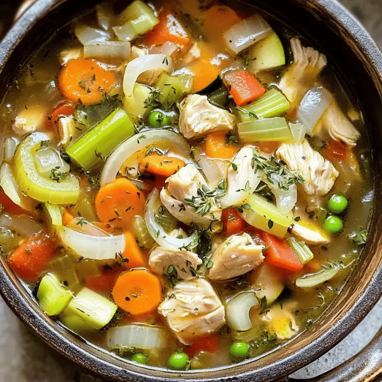For a tasty Chicken and Vegetable Soup, gather these ingredients: - 2 chicken breasts, diced - 4 cups low-sodium chicken broth - 1 medium onion, chopped - 2 carrots, sliced - 2 celery stalks, chopped - 1 red bell pepper, diced - 1 zucchini, diced - 2 cloves garlic, minced - 1 teaspoon dried thyme - 1 teaspoon dried oregano - 1 bay leaf - 1 cup frozen peas - Salt and pepper, to taste - 2 tablespoons olive oil - Fresh parsley, chopped, for garnish You can boost the flavor of your soup with these options: - A splash of lemon juice for brightness - A pinch of red pepper flakes for heat - Fresh herbs like basil or dill for extra freshness If you have allergies, here are some easy swaps: - Use vegetable broth instead of chicken broth for a vegetarian option. - Substitute chicken with tofu or beans for a plant-based meal. - Replace olive oil with coconut oil for a different taste. For the full recipe, check out the details in the Full Recipe section. Making chicken and vegetable soup is simple and fun. Start by gathering your ingredients. You need chicken breasts, broth, and plenty of veggies. Here’s how to do it: 1. Heat 2 tablespoons of olive oil in a large pot over medium heat. 2. Add 1 chopped onion, 2 sliced carrots, and 2 chopped celery stalks. Sauté them for about 5 minutes. 3. Stir in 2 minced garlic cloves for a minute until you smell that great aroma. 4. Add the diced chicken breasts. Cook until they are no longer pink. 5. Pour in 4 cups of low-sodium chicken broth. Then, add 1 diced red bell pepper and 1 diced zucchini. 6. Toss in 1 teaspoon of dried thyme, 1 teaspoon of dried oregano, and 1 bay leaf for flavor. 7. Bring everything to a boil. Then, lower the heat and let it simmer for 20 minutes. 8. Add 1 cup of frozen peas and season with salt and pepper to taste. Let it simmer for 5 more minutes. 9. Remove the bay leaf before serving. Garnish with fresh parsley. For great soup, follow a few key steps. First, cut your veggies uniformly. This ensures even cooking. Next, sauté your aromatics well. This builds flavor. Use a good-quality broth to enhance taste. When simmering, keep the heat low. This helps meld all those flavors together. Always taste and adjust seasoning before serving. If your soup tastes bland, check the seasoning. It might need more salt or herbs. If it’s too thick, add more broth or water. For a richer flavor, let it simmer longer. If the chicken is tough, it may have cooked too fast. Always cook chicken gently. If you have leftover soup, store it properly for later. To make the best chicken and vegetable soup, start with fresh ingredients. Fresh veggies add flavor and nutrients. Use low-sodium broth for a healthier option. This helps you control salt levels. Always season your soup as you cook. Taste as you go to find the right balance. Cook your soup at medium heat. This helps all the flavors blend well. For the chicken, ensure it cooks fully until no pink remains. Simmer the soup for about 20 minutes. This time lets the veggies soften and flavors mix. If using frozen peas, add them in the last 5 minutes. Garnishing makes your soup look fancy and inviting. Use chopped fresh parsley for a pop of color. You can also add a sprinkle of black pepper on top. For a twist, try adding a squeeze of lemon juice. This brightens the flavors and makes each bowl more appealing. For the full recipe, check out the Hearty Chicken & Veggie Delight section. {{image_2}} To make a gluten-free chicken and vegetable soup, simply swap the low-sodium chicken broth for a gluten-free version. Most brands offer gluten-free options. You can also check labels when choosing other ingredients like seasonings and frozen peas. This keeps your dish safe for those with gluten allergies. You can easily create a vegetarian soup. Replace chicken with 1 can of drained chickpeas or 1 cup of cooked lentils for protein. Use vegetable broth instead of chicken broth. Add more veggies like mushrooms or spinach to boost flavor and nutrition. This way, you still enjoy a hearty soup without meat. Seasonal ingredients can brighten your soup. In fall, add diced butternut squash or sweet potatoes for a sweet touch. In spring, toss in asparagus or fresh peas for a pop of color. Summer is perfect for zucchini and fresh herbs. Always adjust cooking times for new veggies to ensure they cook through. For the full recipe, check out the Hearty Chicken & Veggie Delight. After you enjoy your soup, let it cool down to room temperature. Then, transfer it to an airtight container. This helps keep the soup fresh. Place the container in the fridge. Your soup will stay good for about three to four days. If you want to save your soup for later, freezing is a great option. First, let the soup cool completely. Then, pour it into freezer-safe bags or containers. Leave some space at the top for expansion. You can freeze the soup for up to three months. When you’re ready to eat, just thaw it in the fridge overnight. To reheat your soup, you can use the stove or microwave. If you use the stove, pour the soup into a pot. Heat it over medium heat until it is warm. Stir it often to keep it from sticking. If you use a microwave, place the soup in a microwave-safe bowl. Heat it for one to two minutes, stirring halfway through. Always check the temperature before eating, so it’s nice and hot! You can find the full recipe to make this delightful soup again. Chicken and vegetable soup lasts about 3 to 4 days in the fridge. Make sure to store it in an airtight container. This keeps it fresh and safe to eat. If you want it to last longer, consider freezing it instead. Yes, you can customize the vegetables in your soup! Feel free to swap in your favorites. For instance, you can add spinach, green beans, or corn. This soup is versatile, so mix and match as you please. Just keep the cooking times similar for the best taste. Chicken and vegetable soup offers many health benefits. It is low in calories and packed with nutrients. Chicken provides protein, which helps build muscles. The veggies add fiber, vitamins, and minerals. This soup can also help keep you hydrated, especially in cold weather. It’s a comforting and nourishing dish for everyone. For the full recipe, check out Hearty Chicken & Veggie Delight! In this article, we explored how to make a tasty chicken and vegetable soup. You learned about ingredients, cooking steps, and helpful tips. I shared some variations, like gluten-free and vegetarian options, for everyone to enjoy. As you prepare your own soup, remember that it can be quick and easy. Customize it to your taste and store leftovers well. This soup not only warms you up but also provides health benefits. Enjoy making your soup and sharing it with friends and family!
