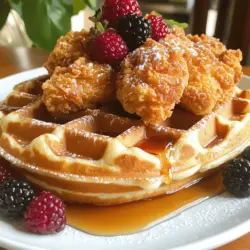 - 2 boneless chicken breasts - 1 cup buttermilk - 1 cup all-purpose flour - 1 teaspoon baking powder - 1 teaspoon garlic powder - 1 teaspoon paprika - 2 cups waffle mix (or homemade) - Maple syrup for serving - Fresh berries for garnish (optional) You can find these ingredients in your local grocery store. The chicken and buttermilk create a tasty base. The spices add flavor to the chicken. Waffles bring a sweet and fluffy touch. This recipe is simple and quick, making it perfect for any meal. If you want to explore more, check the Full Recipe for detailed steps. 1. Marinate Chicken in buttermilk: Start by taking the two boneless chicken breasts. Place them in a bowl and cover them with one cup of buttermilk. This step is key! The buttermilk helps make the chicken tender and juicy. Let it sit in the fridge for at least 30 minutes. 2. Prepare the coating mixture: In a separate bowl, mix one cup of all-purpose flour, one teaspoon of baking powder, one teaspoon of garlic powder, one teaspoon of paprika, and salt and pepper to taste. If you like a kick, add half a teaspoon of cayenne pepper. This blend gives the chicken a nice, crispy crust. 1. Heat oil for frying: Grab a deep skillet and pour in about an inch of cooking oil. Heat it to medium-high heat. You want it to reach about 350°F or 175°C. You can test if the oil is ready by dropping a small bit of batter in it. If it sizzles, you’re good to go! 2. Coat and fry chicken until golden brown: Take the marinated chicken out of the buttermilk, letting the excess drip off. Now, dredge it in the flour mixture, pressing gently to coat. Carefully place the chicken in the hot oil. Fry each piece for about 5-7 minutes per side. You want it golden brown and cooked through, aiming for an internal temperature of 165°F or 75°C. Once done, let it drain on paper towels. 1. Prepare waffle batter: While the chicken is frying, it’s time to make the waffles. If you're using a mix, combine two cups of waffle mix with one and a half cups of water, following the package instructions. 2. Cook waffles in preheated waffle iron: Preheat your waffle iron and spray it with non-stick cooking spray. Pour in the batter and close the lid. Cook until crisp, usually about 3-5 minutes. The waffles should be light and fluffy. Now you have crispy chicken and fluffy waffles ready to enjoy! If you want the full recipe, check the section above. Marination is key. Soak the chicken in buttermilk for at least 30 minutes. This step makes the chicken tender and juicy. You can adjust spices based on your taste. If you like it spicy, add more cayenne pepper. If you prefer mild, skip it. For the best waffles, use a hot waffle iron. A preheated iron helps create a crispy outer layer. I recommend setting it to medium heat. This setting cooks the waffles evenly without burning them. The batter should be thick but pourable for fluffy results. Get creative when serving chicken and waffles. You can stack the chicken on top of the waffle, or serve it on the side. Drizzle maple syrup on top for sweetness. Try adding fresh berries for color and flavor. You can also serve it with flavored syrups, like blueberry or strawberry, for a fun twist. For a savory touch, consider a spicy honey drizzle. For the full recipe, check the section above. {{image_2}} You can make this dish healthier. Instead of frying, try baking the chicken. Baking gives you a crispy texture without added oil. Preheat your oven to 400°F (200°C). Coat the chicken as usual and place it on a baking sheet. Bake for 20-25 minutes until it reaches 165°F (75°C). You can also use whole wheat waffle mix. This swap adds fiber and nutrients. It keeps the waffles tasty while making them more filling. Look for mixes that use whole grains for the best results. Want to add more taste? Mix spices into your waffle batter. Try cinnamon, nutmeg, or even a pinch of chili powder. These spices bring warmth and depth to the dish. You can also switch up the protein. Instead of chicken, use turkey or tofu. Turkey gives a leaner option, while tofu is great for a plant-based meal. Both can soak up flavors and still taste amazing. Use fresh fruit to brighten up your dish. Berries, bananas, or peaches add color and sweetness. You can layer them on top or serve them on the side. Don’t forget about seasonal veggies. In fall, add roasted pumpkin or squash. In spring, try sautéed greens like spinach or kale. These ingredients keep the meal fresh and fun. To keep your chicken and waffles fresh, cool them first. This step helps prevent sogginess. Next, place the chicken and waffles in separate containers. Use airtight containers to keep them fresh. Label the containers with the date. This way, you know when you made them. When reheating chicken, use an oven for best results. Preheat the oven to 350°F (175°C). Place the chicken on a baking sheet. Heat for about 10-15 minutes, or until it’s warm. For waffles, avoid sogginess by using a toaster. Toast them until they’re crisp again. To freeze chicken and waffles, cool them completely first. Wrap each piece of chicken in plastic wrap. Place the wrapped chicken in a freezer bag. For waffles, stack them with parchment paper in between. Seal the bag tightly to avoid freezer burn. When you're ready to eat, thaw in the fridge overnight. Reheat the chicken in the oven and the waffles in a toaster. Enjoy your meal again! You can pair chicken and waffles with many tasty sides and drinks. Here are a few ideas: - Fruits: Fresh fruit like strawberries, blueberries, or bananas make a great side. - Salad: A light green salad can balance the meal’s richness. - Beverages: Sweet tea, lemonade, or even coffee work well. These sides add flavor and make the meal more fun! To make your chicken and waffles gluten-free, you can swap regular flour with gluten-free flour. Here are some options: - Almond flour: This adds a nice flavor and crunch. - Coconut flour: This is lower in carbs and gives a different taste. - Gluten-free waffle mix: Look for brands that fit your needs. Make sure to check the labels to avoid gluten! Yes, you can use frozen waffles! They save time and are easy to prepare. You simply toast them according to the package instructions. Homemade waffles taste great, but frozen ones work well too. Cooking chicken and waffles is quick. Here’s a breakdown: - Prep Time: About 10 minutes to get everything ready. - Cook Time: Fry the chicken for 10-14 minutes and cook waffles for about 3-5 minutes. - Total Time: Around 1 hour from start to finish. You can enjoy a warm meal in no time! There are many fun ways to change up your chicken and waffles! - Different meats: Try turkey or even tofu for a twist. - Flavored waffles: Add spices like cinnamon or nutmeg to the batter. - Toppings: Experiment with different syrups, like honey, peach, or chocolate. Mixing things up keeps the dish exciting! For the full recipe, check out the details above. To wrap up, we covered how to make delicious chicken and waffles. You learned about the main ingredients, like chicken and buttermilk, and how to prepare the chicken and waffles step-by-step. I shared tips for perfecting your dish, storing leftovers, and variations to keep it fresh. Chicken and waffles can be a fun meal any time. With a few tweaks, you can make it your own. Enjoy trying different flavors and serving styles!