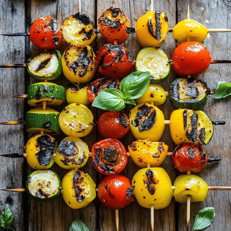 For tasty veggie skewers, you need fresh, vibrant vegetables. Here are the key ingredients: - 1 bell pepper (red, yellow, or green), cut into 1-inch pieces - 1 zucchini, sliced into thick rounds - 1 yellow squash, sliced into thick rounds - 1 red onion, cut into wedges - 8 cherry tomatoes - 1 cup mushrooms (whole or halved if large) These vegetables add color and crunch to your dish. You can mix and match different types to find your favorite combo. A good marinade makes the flavors pop. Here’s what you need: - 2 tablespoons olive oil - 2 teaspoons garlic powder - 1 teaspoon smoked paprika - Salt and pepper to taste This mix gives the veggies a nice coat of flavor. Olive oil helps the spices stick and enhances the grill marks. To make your skewers even better, add some fresh herbs. You might like: - Fresh basil leaves or other herbs These herbs add a fresh taste and a nice look to your finished dish. You can sprinkle them on top just before serving for extra flair. Make sure to check out the Full Recipe for complete instructions on how to bring these ingredients together. Enjoy grilling! First, you need to preheat your grill to medium-high heat. This step is key for getting those tasty grill marks on your veggies. Wait until the grill is hot before you start cooking. Next, cut and season your vegetables as outlined in the Full Recipe. Use a sharp knife to cut the bell pepper, zucchini, yellow squash, red onion, and mushrooms. Make sure to slice them into even pieces. This helps them cook evenly. Place the cut veggies in a large bowl. Drizzle them with olive oil. Add garlic powder, smoked paprika, salt, and pepper. Toss everything gently, coating each piece well. Now, it’s time to thread your veggies onto skewers. Start by taking a skewer and inserting one piece of vegetable at a time. Alternate between different types for a colorful look. Leave a little space between the pieces. This allows the heat to circulate and cooks them evenly. Once your skewers are ready, place them on the hot grill. Cook them for about 10-12 minutes. Make sure to turn them every few minutes for even cooking. You want them to be tender and have nice grill marks. When done, take them off the grill and let them sit for a couple of minutes. This helps the flavors settle. Enjoy your delicious grilled veggie skewers! To get those tasty grill marks, start with a hot grill. Preheat it to medium-high heat. This step is key. Place the skewers on the grill and don’t move them too much. Let them sit for about three minutes before flipping. This wait time helps create nice marks. After that, turn them every few minutes. Aim for about 10 to 12 minutes of grilling. Marinating your veggies boosts their flavor. Combine olive oil, garlic powder, paprika, salt, and pepper in a bowl. Toss the veggies in this mix before grilling. Let them sit for at least 15 minutes. This tip allows the veggies to soak up the great flavors. Also, cut your vegetables evenly. This way, they cook at the same rate. Grilled veggie skewers are great on their own. You can also pair them with rice or quinoa for a full meal. Serve them with a tangy dipping sauce like tzatziki or ranch. Fresh herbs, like basil, make a lovely garnish. They add color and flavor. Enjoy these skewers at a picnic or barbecue for a fun touch! {{image_2}} You can easily boost your grilled veggie skewers with protein. Tofu makes a great choice for a vegetarian option. It absorbs flavors well. Cut firm tofu into cubes and marinate it like the veggies. Tempeh also works nicely. It has a nutty taste and adds a nice texture. For seafood lovers, shrimp is a fantastic option. Just peel and devein them, then marinate. Thread them onto skewers alongside your veggies. Each protein adds its unique flavor and texture. Changing up the flavors can make your skewers exciting. Try herb-infused oils for a fresh twist. Rosemary or thyme oils add a nice touch. You can also mix in your favorite spices. For a kick, use chili powder or cumin. If you want something sweet, add a bit of honey or maple syrup to your marinade. This will balance the savory flavors. Experiment with different herbs and spices to find your favorite mix. Using seasonal veggies can enhance the taste of your skewers. In spring, asparagus and radishes are great choices. Summer brings zucchini and bell peppers, which are juicy and sweet. In fall, add mushrooms and butternut squash for a hearty feel. Winter can feature Brussels sprouts and root veggies, like carrots and parsnips. Always choose the freshest vegetables for the best flavor. This makes your dish not just tasty but also colorful and fun. To store your grilled veggie skewers, let them cool first. Place them in an airtight container. This keeps moisture in, so they stay fresh. When properly stored, they last in the fridge for up to three days. If you want to enjoy them later, remember to use a few paper towels inside the container. This helps absorb any extra moisture. Reheating grilled veggie skewers can be easy. You can use the microwave, but I suggest using the oven or grill for the best flavor. Preheat your oven to 350°F (175°C). Place the skewers on a baking sheet and cover them with foil. This keeps them moist. Heat for about 10-15 minutes. If using the grill, put them back on for about 5 minutes. This way, they will regain some of that delicious grilled flavor. Freezing your grilled veggie skewers is simple. First, let them cool completely. Then, wrap each skewer tightly in plastic wrap. After that, place them in a freezer-safe bag. They can last in the freezer for up to two months. When you want to eat them, take them out and let them thaw in the fridge overnight. Reheat them as I mentioned before for a tasty meal. I recommend grilling veggie skewers for about 10-12 minutes. This gives the vegetables enough time to soften and develop lovely grill marks. Here are some specific times for different veggies: - Bell Peppers: 10-12 minutes - Zucchini and Yellow Squash: 8-10 minutes - Red Onion: 10-12 minutes - Cherry Tomatoes: 6-8 minutes - Mushrooms: 8-10 minutes Turn the skewers every few minutes to ensure even cooking. Yes, you can prep these skewers ahead of time! Just cut your veggies and store them in the fridge. Keep them in an airtight container for up to 24 hours. - Before grilling: Toss the veggies in olive oil and seasonings. - Storage: Avoid adding oil until you're ready to grill. This keeps them fresh. When ready to cook, thread them onto skewers and grill as usual. Many vegetables work great on skewers! Here are my top picks: - Bell Peppers: They add color and sweetness. - Zucchini and Yellow Squash: These get nice and tender. - Red Onion: It caramelizes beautifully on the grill. - Cherry Tomatoes: They burst with flavor! - Mushrooms: They soak up the marinade well. Feel free to mix and match your favorites for a colorful and tasty dish! For the full recipe, check out the Grilled Veggie Skewers. Grilled veggie skewers bring joy to any meal. We explored fresh vegetables, simple marinades, and easy grilling techniques. You learned how to achieve great grill marks and tender veggies. Plus, we shared clever variations and storage tips for leftovers. Now, get creative with your skewers! Mix flavors and experiment with seasonal veggies. Enjoy grilling and sharing delicious meals with friends and family.