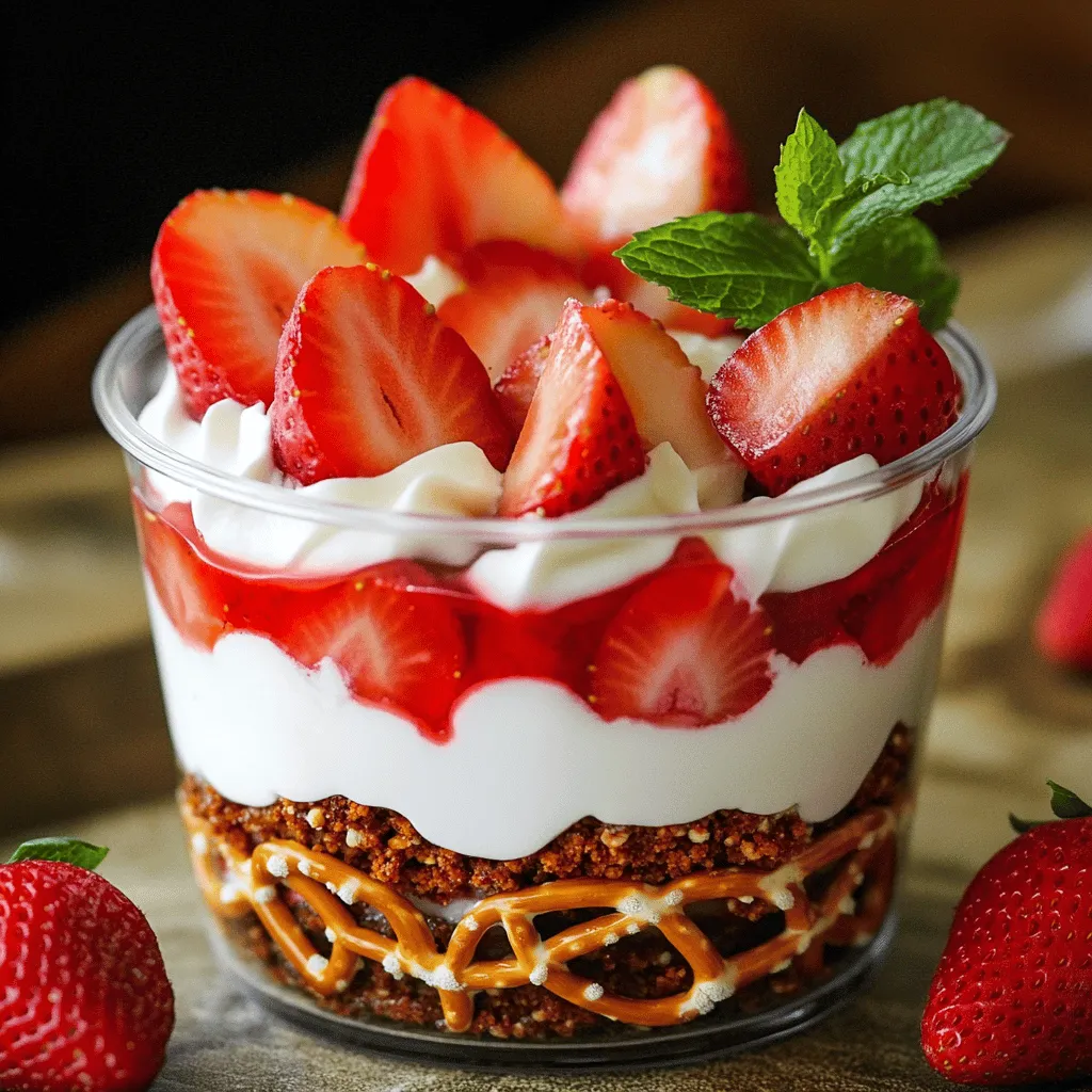 - 2 cups crushed pretzels - 1/2 cup unsalted butter, melted - 1/4 cup granulated sugar (for the crust) - 8 oz cream cheese, softened - 1 cup powdered sugar - 1 cup whipped topping (like Cool Whip) - 2 cups fresh strawberries, hulled and sliced - 1 cup strawberry gelatin powder - 2 cups boiling water - 2 cups fresh strawberries, sliced for garnish For this Strawberry Pretzel Salad, you need just the right ingredients. The salty pretzels make a great crust. The butter adds richness, while sugar balances the salt. Cream cheese gives a smooth layer, and powered sugar adds sweetness. The whipped topping makes it light and fluffy. Fresh strawberries bring a burst of flavor. Strawberry gelatin adds color and holds it all together. Boiling water helps dissolve the gelatin and mix everything well. You will need more fresh strawberries for garnish. Each layer builds flavor and texture, making this dessert special. You can find the full recipe at the end. Gather these items, and you are ready to create something delicious! - Preheat the Oven: Start by preheating your oven to 350°F (175°C). This step is key for a perfect crust. - Prepare the Crust: In a mixing bowl, combine 2 cups of crushed pretzels, 1/2 cup melted unsalted butter, and 1/4 cup granulated sugar. Stir well until the mix is uniform. - Bake the Crust: Grease a 9x13 inch baking dish. Press the pretzel mixture into the bottom firmly. Bake for 10 minutes. Remove it from the oven and let it cool completely. - Beat the Cream Cheese: In a new bowl, mix 8 oz of softened cream cheese with 1 cup of powdered sugar. Beat them together until smooth. - Fold in Whipped Topping: Gently fold in 1 cup of whipped topping. This makes the layer light and fluffy. - Spread Over the Crust: Once the pretzel crust is cool, spread the cream cheese mixture evenly on top. - Dissolve Gelatin: In a large bowl, mix 1 cup of strawberry gelatin powder with 2 cups of boiling water. Stir until it fully dissolves. - Incorporate Fresh Strawberries: Allow the mixture to cool slightly, then fold in 2 cups of hulled and sliced fresh strawberries. - Assemble Layers: Pour the strawberry mix over the cream cheese layer. Spread it evenly for a nice look. - Refrigerate Salad: Place the dish in the fridge. Let it chill for at least 4 hours. This time allows the salad to set properly. - Cut and Serve: After chilling, cut the salad into squares. Serve it garnished with extra slices of fresh strawberries on top for a beautiful finish. For the full recipe, check the details above! - Ensure Ingredients are Room Temperature: Start with room temperature cream cheese. This helps mix it smoothly with sugar. If it’s cold, your mix may be lumpy. - Chill to Set Properly: After making your salad, chill it for at least 4 hours. This cooling time is key for the layers to set well. If you skip this step, it may not hold together. - Test for Firmness: Use a toothpick to check if your salad is set. Insert it gently into the top layer. If it comes out clean, your salad is ready! - Dessert Cups: For a fun twist, serve your salad in individual dessert cups. This makes it easy to grab and adds a nice touch for guests. - Garnishing Options: Brighten your dish with fresh mint leaves or extra strawberry slices. These small details make a big difference in look and taste. - Color Contrast: Use whipped topping cleverly for contrast. A dollop on top not only adds creaminess but also makes the dish more appealing. For the full recipe, check out the Strawberry Pretzel Delight! {{image_2}} You can change the flavors of Strawberry Pretzel Salad easily. - Other Fruits: You can use blueberries or raspberries instead of strawberries. This will give your salad a new twist. Fresh fruits add color and taste. - Flavor Change: Try different flavored gelatin. Orange or cherry gelatin can brighten the dish. Each flavor adds its unique touch. - Nut Add-ins: Adding almonds or pecans gives a nice crunch. Sprinkle them on top or mix them into the cream cheese layer for texture. If you want a healthier version of this tasty dish, here are some options. - Reduced Sugar: You can use sugar substitutes. This can cut down on calories while keeping it sweet. Look for options like stevia or erythritol. - Alternative Toppings: Instead of whipped topping, consider using Greek yogurt. It adds creaminess and protein, making it healthier. - Gluten-Free Version: If you need a gluten-free dish, replace pretzels with gluten-free snacks. There are many tasty options available now, like gluten-free pretzels or rice crisps. For the complete recipe, check out the Full Recipe section. To keep your Strawberry Pretzel Salad fresh, store it in the fridge. Use an airtight container to seal in the flavor. If you don't have one, wrap it tightly with plastic wrap. This helps prevent it from absorbing other odors in your fridge. It can last up to five days when stored properly. You can freeze Strawberry Pretzel Salad, but it’s best enjoyed fresh. If you choose to freeze it, it can last for about two months. For best results, freeze the salad without the whipped topping. This helps keep the texture nice. When it’s time to eat, thaw it in the fridge overnight. Avoid using a microwave, as it can ruin the layers. After thawing, enjoy it within a couple of days for the best taste. What can I substitute for Cool Whip in this recipe? You can use whipped cream for a fresh taste. Make it by whipping heavy cream with sugar. This gives a nice, light texture. How long does Strawberry Pretzel Salad last in the fridge? It stays good for about 3 to 5 days. Store it in an airtight container to keep it fresh. Can I make this dessert a day in advance? Yes, making it a day ahead works well. Just let it chill overnight for the best flavor. How do I know when the salad is fully set? Check if the top is firm to the touch. You can also insert a toothpick. It should come out clean. Is it possible to use frozen strawberries instead of fresh? Yes, you can use frozen strawberries. Just thaw them first and drain extra juice. This keeps the salad from getting too watery. For the complete recipe, check the Full Recipe section for more details and tips! In this blog post, I shared a tasty recipe for Strawberry Pretzel Salad. We covered essential ingredients, step-by-step instructions, and helpful tips for success. I also suggested some fun variations and storage tips. As you try this recipe, enjoy the balance of salty, sweet, and creamy flavors. Remember, cooking is a way to express yourself. Make it your own and share the joy with others!