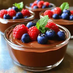 To make a great vegan chocolate mousse, you need a few key items. Here’s the list: - 1 cup silken tofu, drained - 1/2 cup dark dairy-free chocolate chips - 1/4 cup maple syrup - 1 tablespoon vanilla extract - 1 tablespoon cocoa powder - A pinch of salt - Fresh berries and mint leaves for garnish Each ingredient plays an important role. Silken tofu gives the mousse its creamy texture. Dark chocolate chips provide rich flavor. Maple syrup adds sweetness, while vanilla and cocoa enhance the taste. A pinch of salt balances all the flavors. If you have allergies or dietary needs, don't worry! Here are some swaps: - Tofu: Use avocado for a creamy texture. - Chocolate Chips: Try carob chips or cocoa powder if you can’t have chocolate. - Maple Syrup: Agave nectar or brown rice syrup works well too. - Vanilla Extract: Use almond or coconut extract for a twist. These substitutes keep the mousse delicious and safe for everyone to enjoy. Understanding the nutrition in this treat helps you enjoy it mindfully. Here’s what you get per serving: - Calories: 150 - Protein: 5g - Fat: 8g - Carbohydrates: 18g - Fiber: 2g This mousse is a smart choice for a dessert. It’s plant-based and packed with flavor. You can treat yourself without guilt, knowing it’s still good for you. To see the complete recipe, check the Full Recipe section. To melt chocolate safely, start with your dark dairy-free chocolate chips. You can use a microwave or a double boiler. If you choose the microwave, place the chips in a bowl. Heat them in 20-second bursts. Stir after each burst until smooth. If you prefer the double boiler, fill a pot with water and bring it to a simmer. Place a heat-safe bowl on top, add the chocolate, and stir until melted. Once melted, set it aside to cool a little. Next, you need to blend the ingredients. In a blender or food processor, add the drained silken tofu. Then, pour in your melted chocolate, maple syrup, vanilla extract, cocoa powder, and a pinch of salt. Blend everything on high until it’s smooth and creamy. Make sure to stop and scrape down the sides to mix well. If you want, taste the mousse and add more maple syrup for sweetness if needed. Blend again to combine fully. After blending, it's time to chill your mousse. Transfer the mixture into individual serving dishes or a large bowl. Cover it with plastic wrap or a lid if using a bowl. Place it in the fridge for at least 30 minutes. This helps it set and gives it that perfect creamy texture. When you're ready to serve, add fresh berries and a sprig of mint on top for a beautiful touch. Enjoy your silken chocolate dream mousse! Tofu is key to a rich and creamy mousse. I always use silken tofu. It blends smoothly and adds softness. Make sure to drain it well before mixing. This helps avoid any extra water in your mousse. Blend the tofu with melted chocolate. This creates a thick and silky texture. You want it to be smooth, so blend until there are no lumps. Sweetness can change the whole taste. I suggest starting with 1/4 cup of maple syrup. Taste it after blending. If you want it sweeter, add more syrup. Blend it again to mix well. This way, you can make it just how you like it. Remember, everyone has different tastes. Adjust it until it’s perfect for you. Presentation makes your mousse look special. Fresh berries add color and flavor. I love using raspberries or strawberries on top. A sprig of mint also looks great. You can even drizzle some chocolate sauce for a fancy touch. Use small dessert cups for serving. This adds elegance and makes it fun to eat. For the full recipe, check out the complete steps above. {{image_2}} You can mix up your vegan chocolate mousse! Try adding flavors for a twist. Here are some ideas: - Mint: Add a few drops of mint extract. This gives a fresh taste. - Orange: Use orange zest for a bright flavor. It pairs well with chocolate. - Coffee: Mix in instant coffee or espresso powder for a rich depth. Each of these flavors adds a new layer to the mousse. You can create your own signature dessert! You can easily swap some ingredients for different diets. Here are some swaps to try: - Tofu: Use avocado for a creamy base. It adds healthy fats and flavor. - Sweeteners: Swap maple syrup for agave syrup or date syrup. They work great too. - Chocolate: Use raw cacao powder for a less sweet option. This keeps it rich and dark. These swaps can help you cater to various dietary needs. Feel free to experiment! Serving your mousse can be fun! Here are some great ideas: - Garnish: Top with fresh berries. Strawberries or raspberries add a pop of color. - Pairing: Serve with vegan cookies or almond biscotti. This adds texture. - Presentation: Use clear glasses for serving. It shows off the beautiful layers. These serving ideas will impress your guests. They can elevate your dessert experience! For the full recipe, check out the details provided above. To keep your vegan chocolate mousse fresh, cover it tightly. Use plastic wrap or a lid. This way, it won’t absorb smells from your fridge. Store it in the fridge and enjoy the rich taste later. Vegan chocolate mousse lasts about 3 to 5 days in the fridge. Make sure to check for any change in smell or texture before eating. If it looks good and smells fine, you’re all set! You can freeze vegan chocolate mousse if you want to keep it longer. Place it in an airtight container. When you want to eat it, let it thaw in the fridge overnight. Stir it well and enjoy! Yes, you can use other non-dairy chocolates. Look for options labeled dairy-free. Dark chocolate works well, but you can also try semi-sweet or even white chocolate. Each type brings a unique flavor. Just make sure it has no dairy. Melt the chocolate the same way as in the recipe. Absolutely! This mousse is already nut-free if you use the right chocolate. The main ingredient, silken tofu, is a great choice. Always check the labels on the chocolate chips. Some brands may have traces of nuts. If you use pure chocolate, you can enjoy this mousse without worry. If you want to skip tofu, you can still make a rich mousse. Use avocados instead! They give a creamy texture. Blend ripe avocados with melted chocolate, maple syrup, and vanilla. This will create a smooth and tasty mousse. Adjust sweetness to your liking, just like in the Full Recipe. This blog post covered how to make a delicious vegan chocolate mousse. We discussed essential ingredients, substitutions for allergies, and the nutritional breakdown. The step-by-step guide included melting chocolate, blending for smoothness, and chilling for the best texture. I shared tips for creaminess, sweetness adjustments, and fun garnishes. You learned about variations, storage, and answers to common questions. Vegan chocolate mousse is simple, tasty, and adaptable. You can enjoy it your way!
