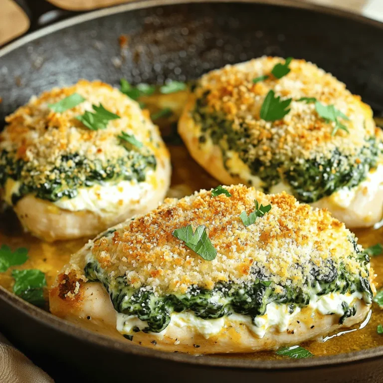 - 4 boneless, skinless chicken breasts - 2 cups fresh spinach, chopped - 1 cup cream cheese, softened - ½ cup grated Parmesan cheese - 1 teaspoon garlic powder - 1 teaspoon onion powder - ½ teaspoon salt - ½ teaspoon black pepper - 1 tablespoon olive oil - ½ cup breadcrumbs (optional for topping) - Fresh parsley for garnish For the creamy spinach stuffed chicken, you need simple ingredients. Each one adds a unique flavor. You can find most of these ingredients at your local grocery store. - Cream cheese alternatives: You can use Greek yogurt for a lighter option. Ricotta cheese also works well for a creamier texture. - Spinach alternatives: If fresh spinach is not available, you can use frozen spinach. Just make sure to drain it well to avoid excess water. - Best side dishes to pair: Serve with roasted vegetables or a simple salad. Mashed potatoes complement the dish nicely too. - Recommended sauces or dips: A light garlic aioli or marinara sauce adds a nice touch. Consider a squeeze of lemon for freshness. This combination of ingredients and suggestions helps create a tasty meal. You’ll enjoy making this dish and sharing it with others. For the full recipe, check out the link above. 1. Preheating the oven and skillet Start by preheating your oven to 375°F (190°C). This step is key for even cooking. While the oven heats, place a large oven-safe skillet on the stove over medium-high heat. You want it hot for the next step. 2. Preparing the spinach filling In a medium bowl, mix two cups of chopped spinach with one cup of softened cream cheese. Add half a cup of grated Parmesan cheese, one teaspoon of garlic powder, one teaspoon of onion powder, half a teaspoon of salt, and half a teaspoon of black pepper. Blend all these together until smooth. This filling is creamy and packed with flavor! 1. Creating pockets in chicken breasts Take each boneless, skinless chicken breast and slice it horizontally. Be careful to cut only partway, so you create a pocket. This pocket will hold all that delicious filling. 2. How to stuff properly for best results Take the spinach mixture and stuff it gently into each pocket. Press down lightly to ensure it fills well. You want to avoid overstuffing, as this can cause the filling to spill out while cooking. 1. Searing process explained Once your chicken breasts are stuffed, pour one tablespoon of olive oil into the hot skillet. Add the chicken breasts and sear them for about 4-5 minutes on each side. Look for a nice golden-brown color. This step adds a great flavor and texture. 2. Baking time and temperature After searing, transfer the skillet to the preheated oven. Bake the chicken for 20-25 minutes or until the internal temperature reaches 165°F (75°C). This ensures the chicken is cooked through and juicy. Let the chicken rest for five minutes before serving. For the full recipe, check out the detailed steps above! To make your spinach filling shine, think about adding more flavors. You could try adding a squeeze of lemon juice for brightness. A pinch of nutmeg gives a nice warmth, too. Always mix the filling well. This helps to ensure every bite is tasty. For a creamy consistency, make sure your cream cheese is soft. If it’s too cold, it won't mix well. You can microwave it for a few seconds to soften it. This way, the filling will be smooth and easy to stuff into the chicken. To keep your chicken juicy, don’t skip searing. Sear each side for about 4-5 minutes until golden brown. This locks in moisture and adds flavor. After searing, bake it in the oven. This helps cook it evenly without drying it out. To prevent overcooking, use a meat thermometer. Chicken should reach 165°F (75°C). If you don’t have one, look for clear juices when you cut into it. This shows that it's done and not dry. Garnishing adds a pop of color. Use fresh parsley to brighten the dish. Simply chop it and sprinkle on top before serving. You can also add lemon zest for a fresh touch. When plating, place the chicken on a bed of rice or quinoa. This creates a nice base. Arrange some sautéed veggies on the side for color and nutrition. A well-presented dish makes it more enjoyable to eat. For the full recipe, check out the complete guide to Creamy Spinach Stuffed Chicken. {{image_2}} You can make Creamy Spinach Stuffed Chicken even more fun by changing a few things. Try adding different cheeses like feta or mozzarella. These cheeses melt well and add unique flavors. You can also mix in fresh herbs like basil or dill. They bring a fresh taste and make the dish even better. For the filling, think about using other veggies. You can try mushrooms, sun-dried tomatoes, or artichokes. Each option adds a new twist to the dish and keeps it exciting. Just chop the veggies small so they mix well with the spinach and cheese. If you want a lighter dish, low-fat cream cheese works great. It gives you the creaminess without the extra calories. You can also use Greek yogurt as an option. It’s thick and creamy, plus it adds protein. For a gluten-free option, swap out regular breadcrumbs for almond flour or gluten-free breadcrumbs. They work well as a topping and add a nice crunch. You can even skip the breadcrumbs altogether for a lower-carb meal. To spice things up, you can add different seasonings to the filling. For an Italian twist, mix in some Italian herbs like oregano and thyme. For a Mexican flair, add chili powder and cumin. This will change the flavor and transport your taste buds. You can also try different cooking styles. For example, you could grill the chicken instead of baking it. This adds a smoky flavor and keeps the chicken juicy. Each of these ideas helps you create a dish that feels brand new every time you make it. For the full recipe, check out the recipe section. After cooking, let the chicken cool. Place leftovers in an airtight container. Store it in the fridge for up to three days. If you want to save it longer, freeze the chicken. Wrap each piece tightly in plastic wrap. Then, place it in a freezer bag. This helps prevent freezer burn. To reheat without drying it out, use the oven. Preheat it to 350°F (175°C). Place the chicken in a baking dish and cover it with foil. Heat for about 20 minutes. If you're in a hurry, you can use the microwave. Set it to medium power and heat for 2-3 minutes. Check if it's warm throughout before serving. In the fridge, the chicken lasts for about three days. If you freeze it, it can stay good for up to three months. Look for signs of spoilage, like a bad smell or discoloration. If it seems off, throw it away to be safe. What can I use instead of chicken breasts? You can use chicken thighs or pork chops. Both options stay juicy and flavorful. If you prefer a vegetarian option, try stuffed bell peppers or zucchini. Can I make this dish ahead of time? Yes, you can prepare the stuffed chicken a day in advance. Just keep it covered in the fridge. When you’re ready, simply bake it as directed. What is the best way to tell if chicken is cooked through? Use a meat thermometer. Chicken should reach 165°F (75°C). If you don’t have one, cut into the thickest part. The juices should run clear, and there should be no pink meat. Can I use frozen spinach instead of fresh? Yes, frozen spinach works well. Just thaw it first and squeeze out excess water. This prevents your filling from being too watery. Is this recipe gluten-free? The recipe isn’t gluten-free due to breadcrumbs. However, you can leave them out or use gluten-free breadcrumbs instead. Suggestions for low-carb variations To make this dish low-carb, skip the breadcrumbs. You can also serve it with a side of steamed vegetables or a fresh salad instead of grains. This blog post covers a creamy spinach stuffed chicken recipe, complete with tips and variations. We explored key ingredients, cooking steps, and ways to elevate flavors. Remember, you can swap out ingredients or try new flavors to make it your own. Enjoy this dish fresh or as leftovers, and don't forget to consider your serving options. With these easy guidelines, you can make a delicious meal that pleases everyone. I hope you feel inspired to cook and enjoy this dish soon.
