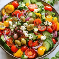 - 2 cups cherry tomatoes, halved - 1 cucumber, diced - 1 bell pepper, chopped - 1/2 red onion, thinly sliced The main ingredients in this Greek salad are vibrant and fresh. The cherry tomatoes add sweetness, while the cucumber gives a nice crunch. The bell pepper brings in color and flavor, and the red onion adds a bit of zing. - Kalamata olives and feta cheese - Fresh herbs for garnish Adding Kalamata olives gives a briny taste that pairs well with the other ingredients. Feta cheese adds creaminess and richness. Fresh herbs, like parsley or mint, enhance the dish's aroma and look. - Extra virgin olive oil, red wine vinegar, dried oregano - Salt and pepper adjustments The dressing is simple yet flavorful. Extra virgin olive oil provides a nice base. Red wine vinegar adds tang, while dried oregano brings in classic Mediterranean notes. Adjusting salt and pepper allows you to tailor the flavor to your taste. If you're ready to make this colorful and healthy dish, check out the Full Recipe for detailed instructions! 1. In a large salad bowl, combine the halved cherry tomatoes, diced cucumber, chopped bell pepper, and thinly sliced red onion. 2. In a small bowl, mix the extra virgin olive oil, red wine vinegar, dried oregano, salt, and pepper. Whisk until well blended. - Add the pitted Kalamata olives and crumbled feta cheese to the salad bowl. - Pour the dressing over the salad and gently toss everything together. - Let the salad rest for about 10 minutes. This helps the flavors blend nicely. - Garnish with fresh parsley or mint just before serving. This adds a nice touch and color. For the full recipe, refer to the section above. Enjoy creating a healthy and colorful dish! When making Greek salad, you want fresh ingredients. Here’s how to choose the best ones: - Tomatoes: Look for ripe cherry tomatoes. They should be firm, bright, and smell sweet. - Cucumbers: Select cucumbers that are dark green and smooth. They should feel heavy for their size. - Olives: Choose high-quality Kalamata olives. They should be plump and have a rich color. - Feta Cheese: Pick feta that is creamy and crumbly. It should have a strong, tangy flavor. A beautiful salad makes it more fun to eat. Here are some tips for plating: - Layering: Start with a base of greens. Then, layer your ingredients in sections. This looks great and keeps flavors separate. - Color: Use a mix of colors to make the salad pop. Bright greens, reds, and purples catch the eye. - Garnish Ideas: Fresh herbs like parsley or mint add a nice touch. Scatter them on top just before serving. You can boost the flavor of your Greek salad with a few easy tricks: - Spices: Try adding a pinch of cayenne or smoked paprika for a kick. These spices add warmth and depth. - Substitutions: If you want to change things up, use goat cheese instead of feta. You can also add chickpeas for protein. {{image_2}} You can make your Greek salad even better by adding chickpeas. They add protein and fiber. A cup of chickpeas can make your meal more filling. You can also try including artichoke hearts or sun-dried tomatoes. These ingredients add a nice twist and enhance the flavor. While the classic dressing is great, you can make your own at home. Try mixing lemon juice, olive oil, and herbs. This gives a fresh taste. If you want a healthy alternative, consider yogurt-based dressings. They can be creamy and light, perfect for summer. Adjust your salad ingredients with the seasons. In summer, add fresh corn or ripe avocados. For winter, consider roasted root vegetables like sweet potatoes. This gives your salad a unique twist all year long. Explore different flavors to keep it exciting! For the full recipe, check out the Mediterranean Bliss Greek Salad. To keep your Easy Greek Salad fresh, store it in the fridge. Use an airtight container. This prevents air from making the salad soggy. You can also layer the ingredients. Place the dressing in a separate container. This keeps the salad crisp until you are ready to eat. You usually do not reheat Greek salad. It is best enjoyed cold. If you have leftovers, enjoy them as is. If you want to warm it up, use a microwave. Heat it for just a few seconds. This keeps the texture from turning mushy. Your salad can stay fresh for about three days in the fridge. After that, the veggies may lose their crunch. Signs of spoilage include a bad smell or wilted greens. If you see any brown spots or slime, it is time to toss it. Enjoy your Easy Greek Salad right away for the best taste! For the full recipe, visit the section above. To make a classic Greek salad, start with fresh veggies. You need cherry tomatoes, cucumber, bell pepper, and red onion. Cut the tomatoes in half and dice the cucumber. Chop the bell pepper and slice the onion thinly. Next, add Kalamata olives and crumbled feta cheese. For the dressing, whisk olive oil, vinegar, oregano, salt, and pepper in a bowl. Pour the dressing over the salad and mix gently. Let it sit for about ten minutes. This helps the flavors blend. You can find the complete recipe in the [Full Recipe] section. Yes, you can make this salad ahead of time. Prepare the ingredients and mix everything, but don't add the dressing yet. Keep the salad in the fridge in a sealed container. This keeps the veggies crisp. You can add the dressing just before serving. If you store it without dressing, it will stay fresh for one to two days. If you want a dairy-free option, try using vegan feta. You can also use soft tofu. Crumble the tofu and mix it with lemon juice and herbs to add flavor. Another option is to skip cheese altogether. The salad will still taste great with fresh veggies and a nice dressing. This blog post covers how to create a delicious salad using fresh ingredients. You learned the main components, the dressing mix, and tips for the best flavor. Remember to choose ripe veggies and consider adding protein for a twist. Storing your salad properly is key to keeping it fresh. Whether you enjoy it now or later, you’ll have a tasty dish ready to serve. Get creative with your ingredients and have fun with it!