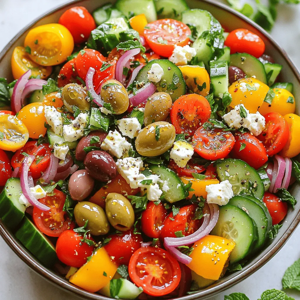 - 2 cups cherry tomatoes, halved - 1 cucumber, diced - 1 bell pepper, chopped - 1/2 red onion, thinly sliced The main ingredients in this Greek salad are vibrant and fresh. The cherry tomatoes add sweetness, while the cucumber gives a nice crunch. The bell pepper brings in color and flavor, and the red onion adds a bit of zing. - Kalamata olives and feta cheese - Fresh herbs for garnish Adding Kalamata olives gives a briny taste that pairs well with the other ingredients. Feta cheese adds creaminess and richness. Fresh herbs, like parsley or mint, enhance the dish's aroma and look. - Extra virgin olive oil, red wine vinegar, dried oregano - Salt and pepper adjustments The dressing is simple yet flavorful. Extra virgin olive oil provides a nice base. Red wine vinegar adds tang, while dried oregano brings in classic Mediterranean notes. Adjusting salt and pepper allows you to tailor the flavor to your taste. If you're ready to make this colorful and healthy dish, check out the Full Recipe for detailed instructions! 1. In a large salad bowl, combine the halved cherry tomatoes, diced cucumber, chopped bell pepper, and thinly sliced red onion. 2. In a small bowl, mix the extra virgin olive oil, red wine vinegar, dried oregano, salt, and pepper. Whisk until well blended. - Add the pitted Kalamata olives and crumbled feta cheese to the salad bowl. - Pour the dressing over the salad and gently toss everything together. - Let the salad rest for about 10 minutes. This helps the flavors blend nicely. - Garnish with fresh parsley or mint just before serving. This adds a nice touch and color. For the full recipe, refer to the section above. Enjoy creating a healthy and colorful dish! When making Greek salad, you want fresh ingredients. Here’s how to choose the best ones: - Tomatoes: Look for ripe cherry tomatoes. They should be firm, bright, and smell sweet. - Cucumbers: Select cucumbers that are dark green and smooth. They should feel heavy for their size. - Olives: Choose high-quality Kalamata olives. They should be plump and have a rich color. - Feta Cheese: Pick feta that is creamy and crumbly. It should have a strong, tangy flavor. A beautiful salad makes it more fun to eat. Here are some tips for plating: - Layering: Start with a base of greens. Then, layer your ingredients in sections. This looks great and keeps flavors separate. - Color: Use a mix of colors to make the salad pop. Bright greens, reds, and purples catch the eye. - Garnish Ideas: Fresh herbs like parsley or mint add a nice touch. Scatter them on top just before serving. You can boost the flavor of your Greek salad with a few easy tricks: - Spices: Try adding a pinch of cayenne or smoked paprika for a kick. These spices add warmth and depth. - Substitutions: If you want to change things up, use goat cheese instead of feta. You can also add chickpeas for protein. {{image_2}} You can make your Greek salad even better by adding chickpeas. They add protein and fiber. A cup of chickpeas can make your meal more filling. You can also try including artichoke hearts or sun-dried tomatoes. These ingredients add a nice twist and enhance the flavor. While the classic dressing is great, you can make your own at home. Try mixing lemon juice, olive oil, and herbs. This gives a fresh taste. If you want a healthy alternative, consider yogurt-based dressings. They can be creamy and light, perfect for summer. Adjust your salad ingredients with the seasons. In summer, add fresh corn or ripe avocados. For winter, consider roasted root vegetables like sweet potatoes. This gives your salad a unique twist all year long. Explore different flavors to keep it exciting! For the full recipe, check out the Mediterranean Bliss Greek Salad. To keep your Easy Greek Salad fresh, store it in the fridge. Use an airtight container. This prevents air from making the salad soggy. You can also layer the ingredients. Place the dressing in a separate container. This keeps the salad crisp until you are ready to eat. You usually do not reheat Greek salad. It is best enjoyed cold. If you have leftovers, enjoy them as is. If you want to warm it up, use a microwave. Heat it for just a few seconds. This keeps the texture from turning mushy. Your salad can stay fresh for about three days in the fridge. After that, the veggies may lose their crunch. Signs of spoilage include a bad smell or wilted greens. If you see any brown spots or slime, it is time to toss it. Enjoy your Easy Greek Salad right away for the best taste! For the full recipe, visit the section above. To make a classic Greek salad, start with fresh veggies. You need cherry tomatoes, cucumber, bell pepper, and red onion. Cut the tomatoes in half and dice the cucumber. Chop the bell pepper and slice the onion thinly. Next, add Kalamata olives and crumbled feta cheese. For the dressing, whisk olive oil, vinegar, oregano, salt, and pepper in a bowl. Pour the dressing over the salad and mix gently. Let it sit for about ten minutes. This helps the flavors blend. You can find the complete recipe in the [Full Recipe] section. Yes, you can make this salad ahead of time. Prepare the ingredients and mix everything, but don't add the dressing yet. Keep the salad in the fridge in a sealed container. This keeps the veggies crisp. You can add the dressing just before serving. If you store it without dressing, it will stay fresh for one to two days. If you want a dairy-free option, try using vegan feta. You can also use soft tofu. Crumble the tofu and mix it with lemon juice and herbs to add flavor. Another option is to skip cheese altogether. The salad will still taste great with fresh veggies and a nice dressing. This blog post covers how to create a delicious salad using fresh ingredients. You learned the main components, the dressing mix, and tips for the best flavor. Remember to choose ripe veggies and consider adding protein for a twist. Storing your salad properly is key to keeping it fresh. Whether you enjoy it now or later, you’ll have a tasty dish ready to serve. Get creative with your ingredients and have fun with it!