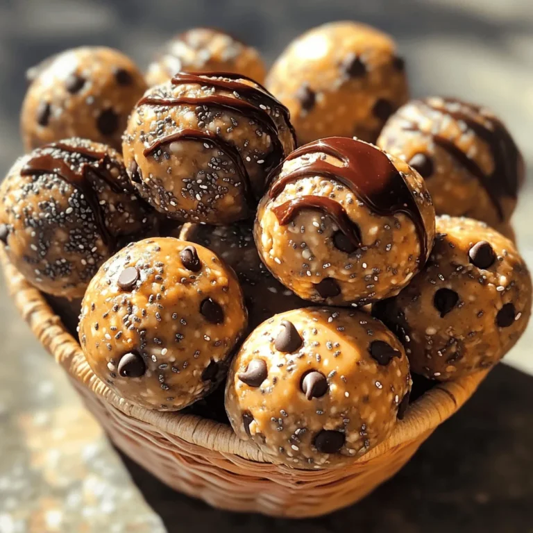 To make peanut butter protein balls, you need simple, whole ingredients. Here’s what you need: - Natural peanut butter - Rolled oats - Honey or maple syrup - Protein powder - Mini dark chocolate chips - Chia seeds - Ground flaxseed - Vanilla extract - Salt Natural peanut butter gives these balls a creamy texture. Look for a brand with just peanuts and salt. Rolled oats provide fiber, making your snack filling. Honey or maple syrup adds sweetness. Choose a protein powder that you enjoy, and you can use vanilla or chocolate flavors. Mini dark chocolate chips add a fun touch. Chia seeds offer omega-3 fatty acids, while ground flaxseed boosts fiber. A splash of vanilla extract enhances the flavor and adds warmth. Finally, a pinch of salt balances the sweetness. These ingredients work together to create a healthy, tasty snack. You can find the full recipe in the section above. 1. Mixing the peanut butter and sweetener In a large bowl, combine 1 cup of natural peanut butter with 1/2 cup of honey or maple syrup. Stir until it is smooth and well mixed. This mix serves as a strong base and adds natural sweetness. 2. Incorporating dry ingredients Next, add 1/2 cup of rolled oats, 1/4 cup of protein powder, 1/4 cup of chia seeds, and 1/4 cup of ground flaxseed to the bowl. Also, include 1/2 teaspoon of vanilla extract and a pinch of salt. Mix everything together until it forms a sticky dough. The dry ingredients boost nutrition and flavor. 3. Forming protein balls Once your dough is ready, fold in 1/4 cup of mini dark chocolate chips. This step adds a delightful touch of sweetness. Now, with your hands, roll the mixture into small balls, about 1 inch in diameter. If the dough sticks to your hands, wet them slightly to make rolling easier. After forming the balls, place them on a parchment-lined tray or plate. Refrigerate the protein balls for at least 30 minutes. Chilling helps them firm up and makes them easier to handle. Once they are set, you can transfer them to an airtight container. They stay fresh in the fridge for up to a week or can be frozen for longer storage. For the full recipe, refer to the [Full Recipe]. To get the best texture, mix the peanut butter and sweetener well. I like to use a large bowl. This helps me blend everything evenly. Start with the peanut butter and honey, then add the oats and protein powder. The mix should feel sticky. If it’s too dry, add a bit more peanut butter. If it’s too wet, more oats will help. When rolling the balls, keep your hands slightly wet. This will stop the mixture from sticking to your hands. Take about a tablespoon of the mix, and roll it into a smooth ball. If you want, you can also use a small ice cream scoop. This can help keep the size even. Aim for about 1 inch in diameter for each ball. For a fun presentation, arrange the protein balls on a nice plate. You can drizzle melted chocolate over them to make them look fancy. If you have a small basket, place the balls inside for a rustic look. They make great snacks for parties or gatherings. Serve them as a quick boost after workouts or just for a tasty treat. For the complete recipe, check out the Full Recipe. {{image_2}} You can switch the nut butter for different flavors. Almond butter or cashew butter works great. Each nut butter gives a unique taste and texture. Try adding dried fruit, like raisins or cranberries, for a fruity kick. You can also mix in spices like cinnamon or cocoa powder to change things up. These simple swaps can make your peanut butter protein balls more exciting. If you're vegan, use maple syrup instead of honey. You can also choose vegan protein powder. For a gluten-free option, make sure to use gluten-free oats. These changes let everyone enjoy this tasty snack. You can feel good knowing it fits your diet and still tastes amazing. Store your peanut butter protein balls in an airtight container. Place them in the refrigerator. This keeps them fresh for about a week. If you notice them getting hard, try letting them sit at room temperature for a bit before enjoying. Always check for any signs of spoilage before eating. To freeze your peanut butter protein balls, follow these steps: - Place the balls on a parchment-lined tray. - Freeze them for about an hour until firm. - Once frozen, transfer them to a freezer-safe bag or container. Label the bag with the date. They can last in the freezer for up to three months. When you want one, just take it out and let it thaw in the fridge or at room temperature. This way, you have a healthy snack ready whenever you need it! For the full recipe, check out the previous section. Peanut butter protein balls stay fresh for about one week in the fridge. Store them in an airtight container to keep them from drying out. If you want them to last longer, freeze the balls. In the freezer, they can last for up to three months. Just thaw them in the fridge before you eat them. Yes, you can easily swap ingredients to fit your needs. If you are allergic to peanuts, try almond or sunflower butter instead. For a vegan option, use maple syrup instead of honey. You can also use gluten-free oats if needed. These changes keep the snack tasty and healthy. Absolutely! Peanut butter protein balls have many health benefits. They provide protein from the peanut butter and protein powder, which helps build muscle. The oats give you fiber, which is good for digestion. Chia seeds and flaxseed add omega-3 fatty acids, great for heart health. Plus, the mini dark chocolate chips add a touch of sweetness without too much sugar. Overall, these protein balls are a smart snack choice. Check out the Full Recipe for more details! These protein balls are easy to make and very tasty. You mix simple ingredients like peanut butter, oats, and chocolate chips. Remember to chill them for the best texture. You can also swap ingredients for different flavors or diets. Store them in the fridge or freeze for later. In short, these snacks are healthy, fun, and perfect for sharing. Try making them today!