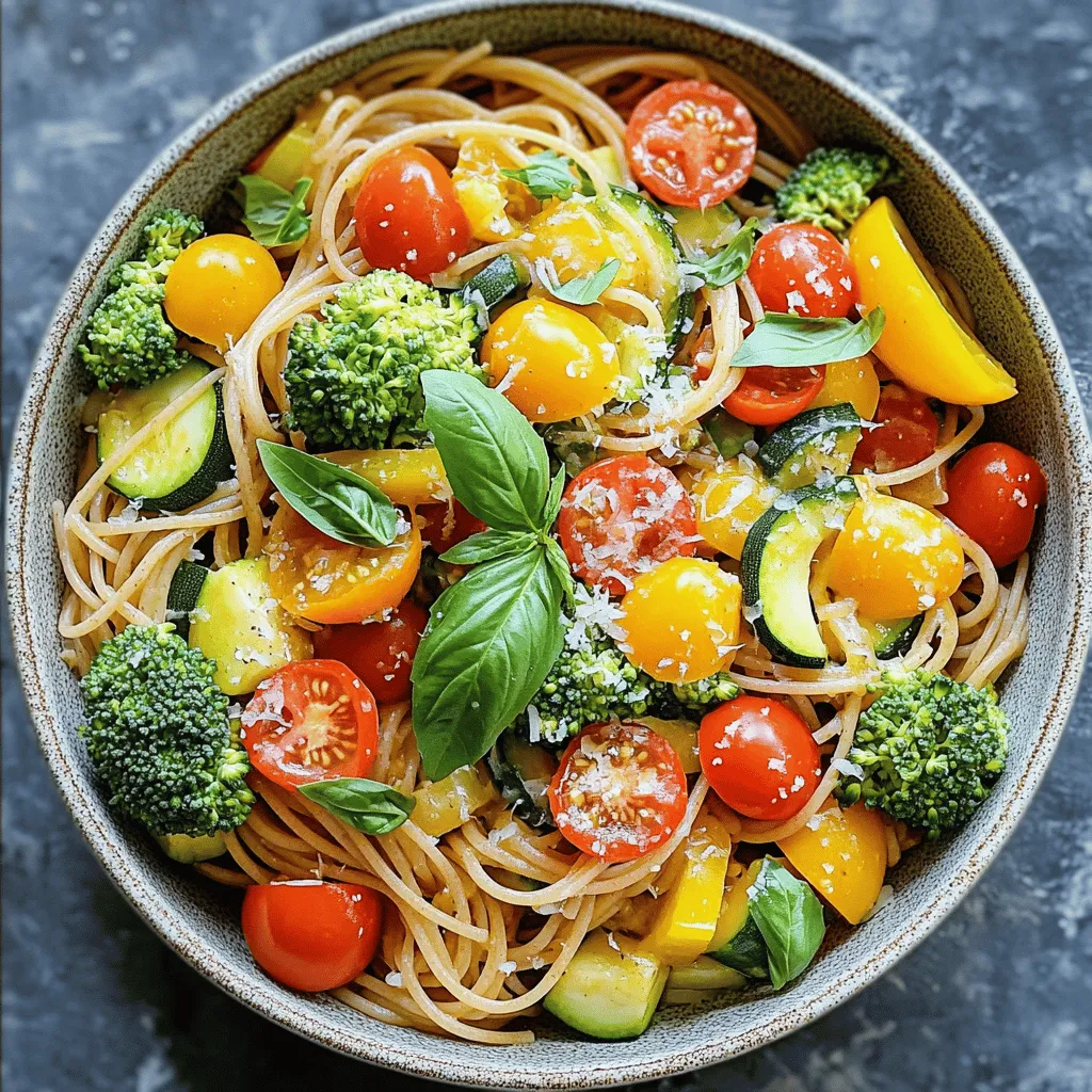 To make this Pasta Primavera, gather these fresh ingredients: - 8 oz whole wheat pasta (spaghetti or penne) - 1 cup cherry tomatoes, halved - 1 zucchini, sliced - 1 bell pepper (red or yellow), sliced - 1 cup broccoli florets - 2 cloves garlic, minced - 3 tablespoons olive oil - 1 teaspoon Italian seasoning - Salt and pepper to taste - Fresh basil leaves for garnish - Grated Parmesan cheese (optional) You can enhance your dish with a few simple garnishes. Try adding: - Extra basil leaves for a fresh touch - A sprinkle of grated Parmesan cheese for creaminess - A drizzle of olive oil for added richness Choosing the right vegetables makes your Pasta Primavera shine. Pick vibrant, fresh veggies. Some great options include: - Cherry tomatoes for sweetness and color - Zucchini for a tender crunch - Bell peppers for a sweet, juicy bite - Broccoli for a hearty texture Seasonal veggies can add variety. In summer, use fresh corn or bell peppers. In fall, consider butternut squash or kale. Always aim for a mix of colors and textures. This makes your dish not only tasty but also visually appealing. For the full recipe, refer to the earlier section. Start by boiling water in a large pot. Add a generous amount of salt. Once it boils, add 8 oz of whole wheat pasta. I prefer spaghetti or penne for this dish. Cook it until al dente, which usually takes about 8 to 10 minutes. Don’t forget to reserve 1/2 cup of the pasta water. This water helps bind the dish later. After cooking, drain the pasta and set it aside. Next, grab a large skillet and heat 3 tablespoons of olive oil over medium heat. Once the oil is hot, toss in 2 cloves of minced garlic. Sauté for about 30 seconds until you can smell that great garlic aroma. Then, add 1 sliced zucchini, 1 sliced bell pepper (red or yellow), and 1 cup of broccoli florets to the skillet. Stir these veggies for 5 to 7 minutes. You want them tender but still bright and colorful. Now it’s time to bring it all together. Add 1 cup of halved cherry tomatoes and 1 teaspoon of Italian seasoning to your veggies. Cook this mixture for another 2 to 3 minutes. Then, gently fold in the cooked pasta. Pour in the reserved pasta water a little at a time until you reach your desired sauce consistency. Toss everything well to coat the pasta with those vibrant flavors. Finally, season with salt and pepper to taste. Don’t be shy with the seasoning! For a finishing touch, garnish with fresh basil leaves and, if you like, some grated Parmesan cheese. Your Simple Pasta Primavera is ready to shine! You can find the full recipe [here](#). To make great pasta, start with a large pot. Use plenty of salted water. The salt adds flavor. Bring the water to a rapid boil. Add the pasta and stir it well. Cook it until al dente, which means firm but not hard. Remember to reserve some pasta water. This extra water helps later. To boost flavors, use fresh herbs like basil. They add a bright taste. A splash of lemon juice can also wake up the dish. If you like spice, try adding red pepper flakes. They give a nice kick. For richness, you can mix in some butter at the end. Serve your pasta in shallow bowls for a nice look. Drizzle with a touch of olive oil. This adds shine and flavor. A sprinkle of Parmesan cheese can make it even better. Add fresh basil leaves on top for color. This dish is great warm, but it also tastes good cold as a salad. Enjoy your delightful and fresh Pasta Primavera! For the complete recipe, refer to the Full Recipe. {{image_2}} You can make Pasta Primavera heartier by adding protein. Grilled chicken, shrimp, or tofu work great. For chicken, use grilled breasts, sliced thin. For shrimp, sauté them until pink. If you choose tofu, press and cube it, then sauté until golden. Mix these in with the veggies for a filling meal. If you need a gluten-free option, swap in gluten-free pasta. Brown rice or quinoa pasta are both good choices. They cook well and hold up in the dish. Make sure to follow the cooking time on the package. This keeps the texture just right. Pasta Primavera shines with fresh veggies. You can swap out the vegetables based on the season. In spring, add asparagus or peas. In summer, try bell peppers and corn. In the fall, use squash or kale. Each season offers its own flavors, keeping your dish exciting and fresh. To keep your pasta primavera fresh, store it in an airtight container. Place it in the fridge right after it cools. It will stay good for about 3 to 5 days. When you're ready to eat, check for any signs of spoilage, like strange smells or colors. You can freeze pasta primavera if you want to save some for later. Use a freezer-safe container or bag. Make sure to remove as much air as possible. It will last up to 2 months in the freezer. When you’re ready to eat, let it thaw in the fridge overnight. Reheat your pasta primavera on the stove for best results. Add a bit of olive oil or water to keep it moist. Heat it over low to medium heat until warmed through. You can also use the microwave. Just cover it with a damp paper towel to prevent drying out. For more tips and the full recipe, check out the vibrant pasta primavera! To make Pasta Primavera vegan, swap out the Parmesan cheese for a dairy-free option. Nutritional yeast adds a cheesy flavor without dairy. You can also load up on vegetables. Fresh veggies like asparagus, carrots, or peas work great. Use olive oil instead of butter for sautéing. This keeps it tasty and plant-based. Yes, you can use any pasta you like. Whole wheat pasta adds fiber. Gluten-free pasta is a good choice if you need it. You can try shapes like fusilli, farfalle, or even zucchini noodles. Each type gives a different texture and taste. Just make sure to adjust cooking times according to the pasta you choose. For extra protein, consider adding chickpeas or white beans. They blend well with the dish. You can also toss in some grilled chicken or shrimp. Tofu or tempeh are great plant-based options too. Just cook them separately and mix them in at the end. This will boost the meal's nutrition and keep it filling. This article covered how to make a tasty Pasta Primavera. We discussed key ingredients and useful garnishes. I shared step-by-step cooking instructions and tips for perfect pasta. You learned about variations, like adding proteins and gluten-free options. We touched on storage methods to keep your dish fresh. Pasta Primavera is easy to make and fun to customize. Enjoy creating your own version!