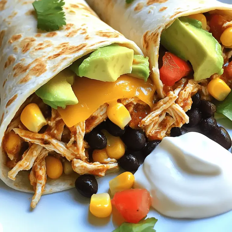 - 2 cups cooked and shredded chicken breast - 1 tablespoon chipotle peppers in adobo sauce - 1 cup black beans - 4 large flour tortillas - Olive oil - Cumin - Smoked paprika - Fresh cilantro - Shredded cheddar cheese - Sliced avocado - Sour cream or Greek yogurt When I make Spicy Chipotle Chicken Burritos, I focus on fresh and tasty ingredients. You need cooked and shredded chicken for a hearty base. Chipotle peppers add a smoky kick. Black beans bring protein and fiber. Flour tortillas wrap everything up. Flavor enhancers like olive oil, cumin, and smoked paprika make this burrito burst with taste. Fresh cilantro adds a bright finish. These ingredients blend together to create a delicious meal. The toppings elevate your burrito. Shredded cheddar cheese melts beautifully, while sliced avocado adds creaminess. A dollop of sour cream or Greek yogurt gives a cool contrast to the spice. For the full recipe, check out the detailed steps. You will enjoy every bite of these flavorful burritos! 1. In a skillet, heat 1 tablespoon of olive oil over medium heat. 2. Add 2 cups of cooked and shredded chicken breast to the skillet. 3. Stir in 1 tablespoon of chopped chipotle peppers, 1 teaspoon of cumin, and 1 teaspoon of smoked paprika. 4. Season with salt and pepper to taste. 5. Cook for 5 to 7 minutes until the chicken is hot and fragrant. 1. In a large bowl, combine 1 cup of black beans, 1 cup of corn, and 1 cup of diced tomatoes. 2. Add 1/2 cup of chopped fresh cilantro to the bowl. 3. Mix gently to blend all the flavors together. 1. Take a large flour tortilla and place a generous scoop of the spicy chicken mixture in the center. 2. Add a layer of the bean and corn mixture. 3. Top with shredded cheddar cheese and sliced avocado. 4. Fold in the sides of the tortilla. 5. Roll the burrito tightly from the bottom up to keep the fillings inside. 6. Repeat this process with the remaining tortillas and filling. For the full recipe, check the detailed instructions laid out above. Enjoy making these spicy chipotle chicken burritos! To roll a burrito right, start with a large flour tortilla. Place your filling in the center. - Folding in the sides properly: Fold each side of the tortilla inward, about one-third of the way. This keeps your filling from spilling out. - Ensuring a tight roll to hold fillings: Now, hold the bottom edge and roll it up tightly. You want a snug burrito. If it’s loose, it may fall apart when you eat it. Flavor is key in each bite of your burrito. - Marinating chicken ahead of time: For the best taste, marinate your chicken. Use a mix of chipotle peppers, cumin, and olive oil for a few hours. It makes a big difference. - Optional additions for spiciness: If you want more heat, add fresh jalapeños or more chipotle peppers. Taste as you go! You can make your burrito a bit healthier with small changes. - Using whole wheat tortillas: Swap regular tortillas for whole wheat ones. They add fiber and nutrients. - Adding more vegetables to the filling: Toss in extra veggies like bell peppers or spinach. They add crunch and color. Plus, they boost nutrition without adding many calories. Using these tips, your spicy chipotle chicken burritos will impress everyone, including yourself! For the full recipe, check out the details above. {{image_2}} You can switch up the protein in your burritos. If you want beef, use ground beef. Cook it with spices like cumin and paprika. This gives a rich flavor. You can also use tofu for a plant-based option. Just press and cube it. Sauté it until golden. For a seafood twist, try shrimp. Cook the shrimp quickly with chipotle for a great taste. Want a meat-free burrito? Replace chicken with roasted vegetables. Think bell peppers, zucchini, and onions. Roast them until tender for extra flavor. You can also add more beans. Black beans or pinto beans work well. Adding cheese boosts protein too. This version is hearty and filling. Not a fan of too much heat? Use mild chipotle peppers. They still add flavor without the burn. If you crave more spice, add jalapeños. Slice them thin and mix them with the chicken. This gives your burrito a nice kick. Adjust the spice to fit your taste. For the full recipe, check out the details above. To keep your burritos fresh, start by wrapping them in foil or plastic wrap. Place them in the fridge for short-term storage. They can last about 3-4 days this way. If you want to store them longer, freezing is a great option. Wrap each burrito tightly in plastic wrap, then place them in a freezer bag. This method can keep them safe for up to 3 months. When it's time to enjoy your burritos again, you want them to taste great. For the best results, reheat them in an oven or skillet. Preheat your oven to 350°F (175°C). Place the wrapped burritos on a baking sheet and heat for about 15-20 minutes. If using a skillet, heat it over medium heat. Unwrap and place the burrito seam-side down. Cook for 3-4 minutes on each side until warm. Choosing the right container helps keep your burritos fresh. Airtight containers work well for the fridge. They prevent moisture and air from ruining your meal. For the freezer, freezer bags are ideal. They save space and protect against freezer burn. Remember to label each container with the date. This way, you can easily see when you made them. Yes, you can prepare the filling in advance. Cook your spicy chicken and mix it with the beans and corn. Store this mixture in the fridge. When you’re ready to eat, just warm it up. Assemble the burritos just before serving. This keeps them fresh and tasty. These burritos shine with some great sides. You can serve them with tortilla chips and salsa for crunch. A simple salad with avocado and lime works well too. You can also try a corn salad for a sweet touch. If you want to skip cooking, check local Mexican restaurants. Many offer delicious burritos to-go. You can also find frozen burritos at grocery stores. For a quick fix, use delivery apps to order them right to your door. In this post, we explored delicious Spicy Chipotle Chicken Burritos, covering key ingredients, preparation steps, and helpful tips. You can mix and match proteins or adjust spice levels to suit your taste. Don't forget to store leftovers properly for later enjoyment. These burritos are not just tasty; they are also easy to prepare and customize. Dive into this fun cooking adventure, and enjoy every flavorful bite. Happy cooking!