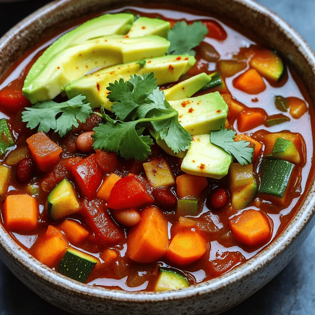 To make a hearty vegan chili, gather these simple ingredients: - 1 tablespoon olive oil - 1 large onion, diced - 2 cloves garlic, minced - 1 green bell pepper, diced - 1 red bell pepper, diced - 2 medium carrots, diced - 1 zucchini, diced - 1 can (15 oz) black beans, drained and rinsed - 1 can (15 oz) kidney beans, drained and rinsed - 1 can (15 oz) diced tomatoes - 2 tablespoons tomato paste - 2 cups vegetable broth - 1 tablespoon chili powder - 1 teaspoon ground cumin - 1 teaspoon smoked paprika - 1/2 teaspoon cayenne pepper (adjust to taste) - Salt and pepper to taste - Fresh cilantro, for garnish - Avocado slices, for serving These ingredients create a rich flavor and a filling meal. The beans offer protein, while the veggies add nutrients. Each spice brings its own warmth and depth. You can adjust the heat by adding more cayenne pepper or chili powder. Enjoy the fresh taste of cilantro and avocado on top. This chili is not only tasty but also healthy. For the full recipe, check out the cooking steps that follow. 1. In a large pot, heat the olive oil over medium heat. 2. Add the diced onion. Sauté it for about 5 minutes. It should turn translucent. 3. Next, stir in the minced garlic. Cook this for an extra minute. 1. Now, add the diced green and red bell peppers, carrots, and zucchini into the pot. 2. Sauté the vegetables for about 5-7 minutes. You want them to soften. 1. Incorporate the black beans, kidney beans, diced tomatoes, and tomato paste into the pot. 2. Mix in the vegetable broth and spices. Stir everything well to combine. 1. Bring the chili to a simmer. 2. Reduce the heat to low and cover the pot. Cook it for 30-40 minutes. Stir occasionally. This helps the flavors blend well. For the full recipe, check the instructions above. To boost the taste of your vegan chili, focus on spices. My favorites are: - Chili powder - Ground cumin - Smoked paprika - Cayenne pepper Each spice adds depth and warmth. Adjust the cayenne to match your heat level. Always taste your chili as it cooks. This helps you find the right balance. Seasoning makes all the difference. I often add salt and pepper in stages. This way, I can control the flavors better. You can choose between slow cooking and stovetop methods. Slow cooking is great for deep flavors. It allows time for ingredients to meld. Use a slow cooker for 6-8 hours on low heat. The stovetop method is quicker. It takes about 30-40 minutes. Temperature control is key. For stovetop, keep it on medium heat. Stir often to avoid sticking. If using a slow cooker, set it on low for a gentle cook. Serving your chili can be fun! Use warm bowls to keep it cozy. I love to garnish with fresh cilantro. Add slices of avocado for creaminess. Pair your chili with crusty bread or rice. Both add heartiness to the meal. You can also serve it with tortilla chips for crunch. Check out the Full Recipe for more ideas! {{image_2}} To make your vegan chili spicy, adjust the cayenne pepper. Start with 1/4 teaspoon and taste. You can always add more! If you want extra heat, add fresh jalapeños or a splash of hot sauce. These ingredients will give your chili a nice kick. Just remember, spice can change the flavor balance. So, add it slowly and taste as you go. Using a slow cooker can make your chili even better. To do this, first, sauté the onion and garlic on the stove. Then, add all your other ingredients to the slow cooker. Cook on low for 6 to 8 hours or high for 3 to 4 hours. The longer cooking time allows the flavors to blend well. Just like with the stovetop method, remember to stir occasionally if you can. Beans are the heart of any chili. You can switch things up by using different types of beans. Try pinto beans or navy beans for a new taste. You can even add lentils or chickpeas for added protein. These options not only change the flavor but also add unique textures. Mixing different beans brings more fun to your bowl. For the full recipe, check out the Hearty Vegan Chili section. To store leftover vegan chili, use airtight containers. Glass or BPA-free plastic containers work best. Make sure to cool the chili to room temperature before sealing. This helps keep it fresh. Store the chili in the fridge for up to five days. You can freeze vegan chili for later use. First, let it cool completely. Then, pour it into freezer-safe bags or containers. Squeeze out as much air as possible to prevent freezer burn. When you want to eat it, take it out and thaw it overnight in the fridge. Reheat it on the stove or in the microwave until it's hot. Vegan chili lasts about five days in the fridge. If you freeze it, it can last up to three months. Always check for signs of spoilage before eating. If it smells bad or looks off, it's best to toss it. Enjoy your tasty vegan chili from the [Full Recipe]! Vegan chili is packed with nutrients. It has beans, veggies, and spices. Beans are high in protein and fiber. They help with digestion and keep you full. Vegan chili is low in fat and cholesterol-free. It supports heart health and helps manage weight. Plant-based diets may lower the risk of some diseases. Eating a variety of plants boosts your vitamins and minerals. Absolutely! You can change the beans or add your favorite veggies. If you have allergies, swap out the ingredients. For instance, use quinoa instead of beans or leave out the peppers. You can also adjust the spices to your taste. If you like it spicy, add more cayenne. If you prefer milder flavors, reduce the chili powder. The options are endless! To thicken your chili, try a few methods. You can mash some beans or add more tomato paste. Another option is to let it simmer longer. This helps the liquid reduce. You can also add cornmeal or ground oats. Both will help absorb extra liquid. These ingredients give your chili a hearty texture. Yes, you can make vegan chili ahead of time. It actually tastes better the next day. The flavors mix and deepen overnight. Store it in the fridge for up to five days. To enhance flavor, let it cool before sealing. Use airtight containers to keep it fresh. Reheat your chili on the stove or in the microwave. On the stove, use low heat and stir often. This keeps it from sticking to the pan. In the microwave, heat in short bursts. Stir between heating to ensure even warmth. Adding a splash of broth can help keep the texture nice. Enjoy it with fresh toppings for added flavor! This vegan chili recipe is simple and packed with flavor. You learned about key ingredients and step-by-step cooking instructions to create a delicious dish. I shared useful tips for enhancing flavor and discussed variations to fit your taste. Storing leftovers safely ensures you enjoy this meal later. Remember, customizing ingredients lets you make this chili your own. Each bite is not only tasty but also good for your health. Enjoy experimenting with this recipe and savoring the delicious outcomes!