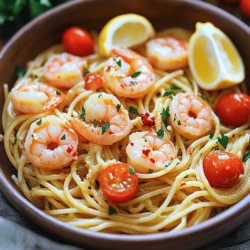 - 8 oz spaghetti or linguine - 1 lb large shrimp, peeled and deveined - 4 cloves garlic, minced - 1 red chili, deseeded and finely chopped - 1/2 teaspoon red pepper flakes (optional) - 1/4 cup olive oil - 1/2 cup cherry tomatoes, halved - 1/4 cup fresh parsley, chopped - Juice of 1 lemon - Salt and pepper to taste - Grated Parmesan cheese (optional) Fresh ingredients make a big difference in taste. The shrimp should be large and firm. Look for bright, shiny shells. Garlic should be plump and aromatic. Fresh parsley adds a nice green touch to the dish. If you have a gluten allergy, use gluten-free pasta instead of regular pasta. You can also swap out large shrimp for scallops or chicken. Each option offers a unique flavor while keeping the dish vibrant and tasty. For extra zing, try adding a splash of white wine to the sauce. It enhances the flavor and brings a touch of elegance. Remember, you can find the Full Recipe at the end of this article for all the steps and tips. To make the best spicy garlic shrimp pasta, start with the right pasta. I love using spaghetti or linguine for this dish. 1. Cook the Pasta: Bring a large pot of salted water to a boil. Add the pasta and cook it based on the package instructions. Aim for al dente texture. This means the pasta should be firm but not hard. 2. Reserve Pasta Water: Before draining, save about half a cup of the pasta water. This water helps the sauce stick to the pasta later. Now, let’s get to the shrimp. This is where the magic happens. 1. Sauté Garlic and Chili: In a large skillet, heat olive oil over medium heat. Add minced garlic and chopped red chili. Cook for about 1-2 minutes. Keep an eye on the garlic; it can burn easily! 2. Cook the Shrimp: Add the shrimp to the skillet. Sprinkle with salt, pepper, and red pepper flakes if you want more heat. Cook for about 3-4 minutes. The shrimp will turn pink and opaque when they are done. 3. Check for Doneness: Perfectly cooked shrimp should curl slightly and feel firm to the touch. Now it's time to mix everything together to create a wonderful dish. 1. Add Tomatoes and Lemon: Stir in halved cherry tomatoes and cook for another two minutes. They should soften a bit. Then, add lemon juice and the reserved pasta water. Stir well to combine. 2. Combine Pasta: Add the drained pasta to the skillet. Toss everything together until the pasta is well coated in the sauce. Make sure the flavors mix throughout. 3. Mix Thoroughly: Mixing well is key. It ensures that every bite is full of flavor. This step-by-step guide will help you create a vibrant and flavorful meal. For the complete recipe, check the Full Recipe link. Enjoy your cooking! - To adjust heat levels, vary the chili used. You can use less chili if you prefer mild. - Prepare ingredients ahead. Chop the garlic and tomatoes before you cook. This saves time and keeps you organized. - For a restaurant-style look, use fresh parsley and lemon wedges. A sprinkle of red pepper flakes adds color too. - Avoid overcooking shrimp. They should turn pink and opaque in about 3-4 minutes. - Always season the pasta water. This gives the pasta flavor as it cooks. - Do not skip the reserved pasta water. It helps to create a creamy sauce that clings to the pasta. {{image_2}} For a vegetarian version, skip the shrimp and add more veggies. You can use mushrooms for a nice texture. Spinach and bell peppers bring color and taste. If you want a creamy pasta, add heavy cream or a soft cheese like ricotta. These changes make the dish richer and just as tasty. To switch up the flavor, try adding fresh herbs like basil or thyme. You can also use different spices, like paprika or oregano, for a new twist. If you want to pair it with a sauce, consider a light lemon butter sauce or a spicy marinara. For mixed protein options, shrimp goes well with chicken or even scallops. These changes keep your dish exciting and full of flavor. For the complete cooking guide, don't forget to check the Full Recipe. To keep your Spicy Garlic Shrimp Pasta fresh, follow these tips: - Refrigerate leftovers: Place the pasta in an airtight container. This helps prevent drying. - Reheat carefully: Use a skillet over low heat. Add a splash of water or olive oil. This keeps the texture nice. - Store sauce separately: If you have extra sauce, keep it in another container. This stops the pasta from getting soggy. Can you freeze Spicy Garlic Shrimp Pasta? Yes, you can! Here's how: - Best way to freeze: Let the pasta cool first. Then, place it in a freezer-safe container. - Thawing: Take it out the night before. Put it in the fridge to thaw slowly. - Recommended containers: Use plastic containers or freezer bags. Make sure to remove as much air as possible. What can I use instead of shrimp? You can use chicken, scallops, or even tofu. These options give you great flavor and work well with the sauce. How long does Spicy Garlic Shrimp Pasta last in the fridge? It lasts about 3 days in the fridge. Make sure to store it in an airtight container to keep it fresh. Can I prepare this dish in advance? Yes, you can prep the shrimp and sauce ahead of time. Cook the pasta fresh just before serving for the best taste. What wine pairs well with this dish? A crisp white wine, like Sauvignon Blanc, pairs nicely. It balances the spice and complements the shrimp. How do I adjust the spice level? You can add more or less red chili. For a milder dish, skip the red pepper flakes. Can I use frozen shrimp for this recipe? Absolutely! Just thaw them first. Make sure they are peeled and deveined for easy cooking. What if I don’t have cherry tomatoes? You can replace them with diced regular tomatoes or even sun-dried tomatoes for a different flavor. For the full recipe process, check out the Full Recipe link. This dish serves about 4 people. You can easily adjust the serving sizes based on your needs. In summary, we covered how to make spicy garlic shrimp pasta. I shared key ingredients, cooking instructions, and useful tips to avoid common mistakes. You can adjust the recipe to fit dietary needs or preferences. Remember, fresh ingredients make a big difference. Store leftovers properly to enjoy your meal later. With these steps and tricks, you’ll impress anyone at your table. Enjoy cooking and savor each bite!