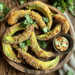To make crispy baked avocado fries, you need the following ingredients. Each one plays a key role in achieving that delicious crunch and flavor. - 2 ripe avocados, halved and pitted - 1 cup all-purpose flour - 2 large eggs, beaten - 1 cup breadcrumbs (preferably panko for extra crunch) - 1 teaspoon garlic powder - 1 teaspoon paprika - 1 teaspoon salt - 1/2 teaspoon black pepper - Optional: 1 teaspoon cayenne pepper (for added kick) - Cooking spray Using ripe avocados is essential. They should be firm yet slightly soft to the touch. If you want to add some spice, cayenne pepper gives a nice kick, but it's not necessary. If you don't have panko, regular breadcrumbs work, but panko gives a crunchier texture. For a healthier option, you can use whole wheat flour instead of all-purpose flour. If you need to avoid eggs, consider using flaxseed meal mixed with water as a substitute. With these ingredients, you will create a tasty treat that everyone will love. Don't forget to check out the Full Recipe for more details! 1. Preheat your oven to 425°F (220°C). This step is key for crispiness. Then, line a baking sheet with parchment paper. It makes cleanup easy. 2. Cut the avocados correctly. Slice each avocado in half and remove the pit. Then, cut each half into wedges. Aim for about 4 to 6 wedges per avocado. This gives you the perfect size for frying. 3. Set up your breading station. Use three separate bowls: - In the first bowl, mix the flour, garlic powder, paprika, salt, black pepper, and cayenne pepper if you like some heat. - In the second bowl, add the beaten eggs. - In the third bowl, pour in the breadcrumbs. I recommend using panko for added crunch. 1. Dredge each avocado wedge in the flour mixture first. Make sure it gets coated well. Shake off any extra flour. 2. Dip the floured wedge into the beaten eggs. Cover it fully with egg so the breadcrumbs stick well. 3. Roll the wedge in the breadcrumbs. Press gently to make sure they adhere well. This step is what gives the fries their crunch. 1. Place the coated avocado fries on the lined baking sheet. Make sure they sit in a single layer so they cook evenly. 2. Tips for achieving crispiness: Lightly spray the fries with cooking spray. This helps them brown nicely. Flip them halfway through baking for even cooking. 3. Bake in the preheated oven for about 20 to 25 minutes. Look for a golden brown color and crispy texture. Enjoy your crispy baked avocado fries! For the full recipe, check out the details above. To make sure your avocado fries come out perfectly, coat them well. Start by dredging the avocado wedges in the flour mixture. Make sure every side gets a good coat. Shake off extra flour to avoid clumps. After that, dip the wedges in the beaten eggs. This helps the breadcrumbs stick better. Finally, roll them in breadcrumbs. Press gently so they stick well. Flipping the fries halfway through baking is key. This ensures they cook evenly and get crispy all around. Adding spices can take your avocado fries to the next level. Try garlic powder, paprika, and salt for a tasty base. If you want a kick, add cayenne pepper. Fresh herbs like cilantro or parsley can also boost flavor. For dipping sauces, I recommend spicy mayo or a cool cilantro-lime sauce. These will complement the fries nicely and add extra taste. One common mistake is overcooking the fries. Keep an eye on them, especially towards the end of baking. They should be golden brown and crispy, not burnt. Another tip is to prevent the avocados from browning. Once cut, sprinkle lemon juice on the wedges before breading. This keeps them looking fresh and tasty. For the full recipe, check out [Full Recipe]. {{image_2}} You can switch up the breadcrumbs for more crunch. Try using whole wheat or cornflake crumbs. These options add a new taste and texture. You can also sprinkle grated cheese on top before baking. Parmesan or cheddar works great for an extra cheesy bite. If you like heat, add more cayenne pepper to the flour mix. You can also drizzle some hot sauce on the avocado wedges. For a fun twist, try spice blends like taco seasoning or Cajun mix. Both will give your fries a zesty flavor. To make this dish vegan, replace eggs with flaxseed meal. Mix one tablespoon of flaxseed meal with three tablespoons of water. Let it sit for a few minutes to thicken. For the coating, you can use chickpea flour or ground oats instead of regular flour. These options keep the fries tasty and plant-based. For the full recipe, check out the Crispy Baked Avocado Fries section. Enjoy your cooking! To keep your crispy baked avocado fries fresh, place them in an airtight container. Refrigerate them right after they cool down. They stay fresh for about 2-3 days. After that, they may lose their crispness and flavor. For the best reheating method, use an oven or an air fryer. Preheat your oven to 350°F (175°C). Place the fries on a baking sheet and heat for about 10-15 minutes. This method helps them regain their crispness. Avoid using a microwave, as it makes them soggy. Yes, you can freeze baked avocado fries! To do this, let them cool completely. Then, place them in a single layer on a baking sheet and freeze for about 1-2 hours. Once frozen, transfer them to a freezer bag or container. They can stay fresh in the freezer for up to 3 months. To defrost, leave them in the fridge overnight, then reheat in the oven as described above. Enjoy your crispy treat anytime! For the complete recipe, check out the Full Recipe. You can easily skip eggs in this recipe. Try using one of these substitutes: - Flaxseed meal: Mix 1 tablespoon of flaxseed meal with 2.5 tablespoons of water. Let it sit for a few minutes to thicken. - Chia seeds: Use 1 tablespoon of chia seeds mixed with 2.5 tablespoons of water, just like flaxseed. - Applesauce: Use 1/4 cup of unsweetened applesauce as a binder. - Silken tofu: Blend 1/4 cup of silken tofu until smooth for a creamy coating. These options work well to keep your avocado fries crispy and tasty. Yes, you can! The best types of avocados for baking include: - Hass avocados: They are creamy and rich, perfect for baking. - Fuerte avocados: They have a smooth texture and mild flavor. - Bacon avocados: These are less oily and have a firm texture. Choose ripe avocados for the best results. These fries are great with various dips and sides. Here are some suggestions: - Spicy mayo: Mix mayonnaise with sriracha for a creamy, spicy dip. - Cilantro-lime dip: Blend cilantro, lime juice, and yogurt for a fresh flavor. - Guacamole: This classic dip pairs well with the fries. - Salsa: Fresh tomato salsa adds a zesty kick. You can also serve them with a side salad for a complete meal. Baked avocado fries can last in the fridge for 3-4 days. Store them in an airtight container. If you want to freeze them, they can last up to 3 months. Make sure to freeze them in a single layer, then transfer to a container. Yes, baked avocado fries are a healthy snack! They are rich in healthy fats, fiber, and vitamins. Avocados contain potassium, which helps with heart health. Baking instead of frying cuts down on extra oil and calories. Enjoy these fries as a tasty treat without guilt. For the full recipe, check out the Crispy Baked Avocado Fries 🥑 section. In this post, I covered how to make delicious baked avocado fries from start to finish. We explored the right ingredients, preparation steps, and baking techniques needed for success. I also shared tips to enhance flavor and common mistakes to avoid. You can enjoy different variations, including vegan options. Remember, storing and reheating properly helps maintain their crispiness. Follow these steps, and you'll make tasty avocado fries that everyone loves. Happy cooking!