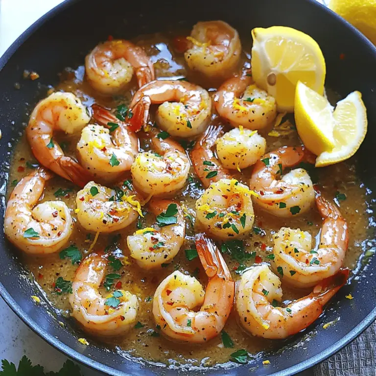 - 1 lb large shrimp, peeled and deveined - 4 tablespoons unsalted butter - 6 cloves garlic, minced - 1 teaspoon red pepper flakes (adjust to taste) - Zest and juice of 1 lemon - Salt and pepper to taste - 2 tablespoons chopped fresh parsley - Lemon wedges for serving When making garlic butter lemon shrimp, you want fresh, quality ingredients. The shrimp are the star here. Choose large, peeled, and deveined shrimp for the best results. They cook quickly and soak up the flavors well. Butter is key to creating a rich sauce. Unsalted butter lets you control the saltiness. Fresh garlic adds that great aroma and taste. Mince it finely to spread the flavor throughout the dish. For seasoning, red pepper flakes can give a nice kick. Adjust the amount based on your heat preference. The zest and juice of the lemon brighten up the dish. They balance the richness of the butter and add freshness. Finally, don’t forget salt and pepper to enhance all the flavors. Garnishing with parsley adds a pop of color and freshness. It looks great on the plate. Serve with lemon wedges for that extra zing when eating. If you want to try this recipe, check out the Full Recipe for all the details! - Start by patting the shrimp dry with paper towels. This step is key for a nice sear. - Next, melt the butter in a large skillet over medium heat. Once melted, add the minced garlic and red pepper flakes. Sauté for about 1 minute until fragrant. Make sure not to burn the garlic. - Raise the heat to medium-high and add the shrimp to the skillet. Season with salt and pepper. - Cook the shrimp for about 2-3 minutes on each side. They should turn pink and be fully cooked. The time may vary with shrimp size. - After the shrimp cook, add the lemon zest and lemon juice to the skillet. Stir well to coat the shrimp in the buttery garlic sauce. - Remove the skillet from the heat and stir in the chopped parsley. This adds a fresh flavor. - For presentation, serve the shrimp with lemon wedges on the side. This makes the dish pop and adds a zesty finish. Enjoy this easy and quick meal as you dive into the full recipe! If you want to switch up the main protein, shrimp is not your only option. You can use chicken or tofu instead. Chicken should be cut into small pieces. Tofu needs to be firm and pressed to remove extra water. Both options work well with the garlic butter sauce. For a lighter dish, consider butter alternatives. Olive oil or ghee can be great choices. They add flavor without the heaviness of butter. You can even use vegan butter for a plant-based option. To get the perfect shrimp texture, make sure they are dry before cooking. Pat them with paper towels to help them sear nicely. When cooking, use medium-high heat. This ensures they cook quickly and evenly. Avoid overcooking shrimp by keeping a close eye on them. They only need about 2-3 minutes per side. Look for the shrimp to turn pink and curl slightly. If they look tough or rubbery, they are overdone. Want to give your dish a little kick? Add extra spices or herbs! A pinch of cayenne pepper can spice things up. Fresh herbs like basil or cilantro can also add freshness. Pair your garlic butter lemon shrimp with side dishes for a complete meal. Serve it over rice, pasta, or a bed of greens. A light salad or steamed veggies can add color and nutrition. For the full recipe, visit the link provided. {{image_2}} You can make garlic butter lemon shrimp even more fun. - For a spicy kick, add more red pepper flakes. - Try incorporating fresh spinach or bright bell peppers. These add color and nutrients. Take your dish worldwide by changing the flavors. - For an Italian twist, mix in some fresh basil and use white wine. - Create an Asian-inspired version by adding soy sauce and ginger. This gives it a unique taste. You can adapt this recipe to fit different diets. - To make it gluten-free, use tamari instead of soy sauce. - For those on a keto diet, skip the sugar and focus on the healthy fats. Store leftover shrimp in an airtight container. Make sure to cool it first. Place it in the fridge within two hours of cooking. The shrimp will stay fresh for up to three days. Always check for any off smells before eating. To reheat shrimp, use a skillet over low heat. Heat for just a few minutes, stirring gently. Avoid using the microwave, as it can make shrimp rubbery. You want to warm them, not cook them further. To freeze garlic butter lemon shrimp, place it in a freezer-safe bag. Remove as much air as you can before sealing. It can last up to three months in the freezer. When ready to eat, thaw it overnight in the fridge for best results. This keeps the shrimp tender and tasty. This dish is quick! You need about 10 minutes to prep. Cooking takes around 5 minutes. In total, you’ll spend just 15 minutes to make this tasty meal. Yes, you can! Frozen shrimp work well. Just make sure to thaw them first. Place them in cold water for about 10-15 minutes. Drain and pat them dry before cooking. This helps them cook evenly and taste great. This shrimp dish pairs well with many sides. Try serving it with: - Steamed rice - Garlic bread - Fresh salad - Pasta with olive oil These choices balance the rich flavors of the shrimp. Perfectly cooked shrimp look bright pink. They should also curl into a C shape. If they turn gray or become hard, they are overcooked. Keep an eye on them while cooking for the best results. Garlic butter lemon shrimp is simple to make and full of flavor. You first prepare shrimp, garlic, and butter before cooking them until golden. You can adjust the heat with pepper flakes and add fresh lemon for brightness. Remember, you can swap shrimp for chicken or tofu if you like. Serve it hot with a sprinkle of parsley and lemon wedges. This dish is versatile, and leftovers store well in the fridge. Enjoy your cooking, and let your taste buds explore!