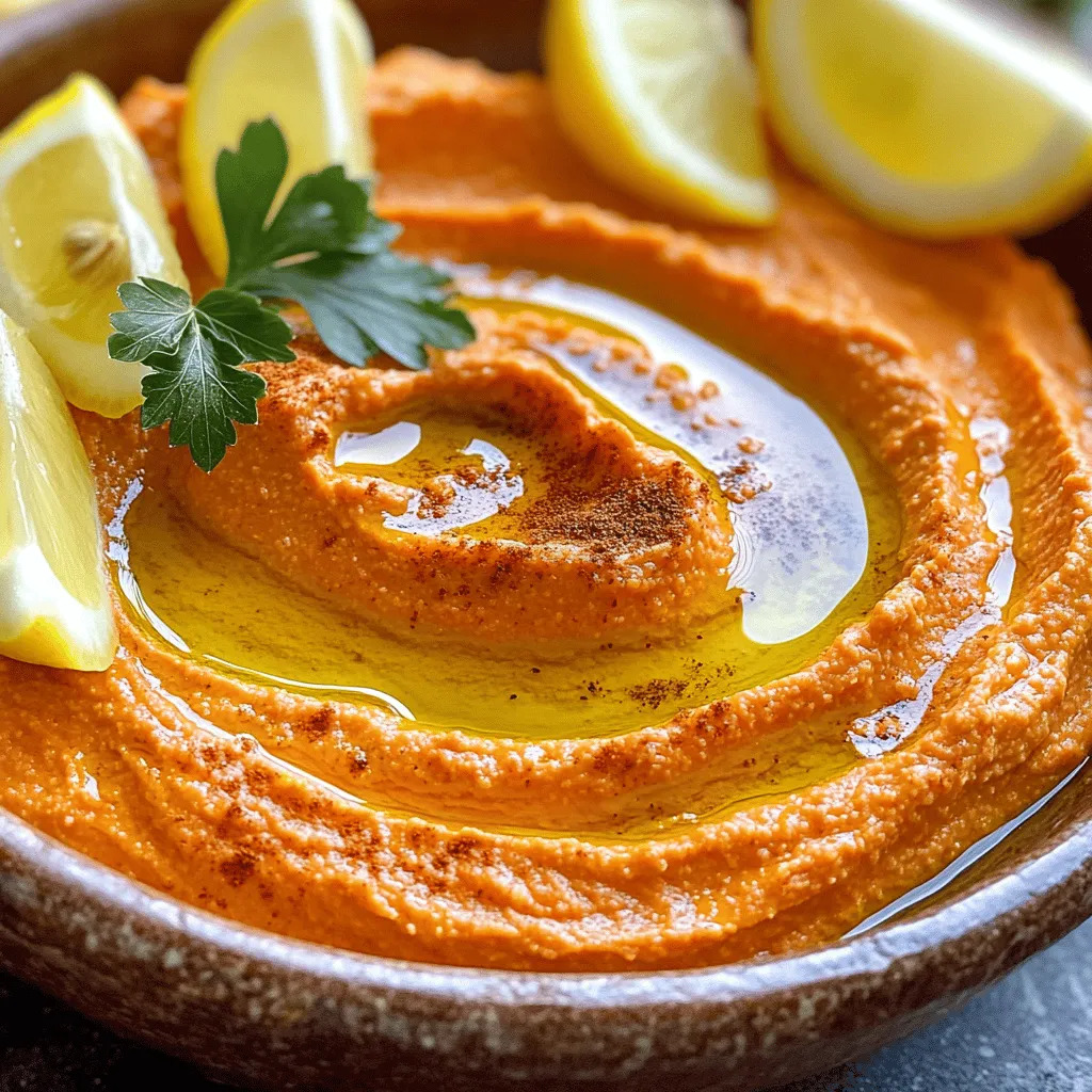To make roasted red pepper hummus, you need a few key ingredients: - 1 can (15 oz) chickpeas, drained and rinsed - 1 large roasted red pepper (jarred or homemade) - 2 tablespoons tahini - 2 tablespoons olive oil - 1 garlic clove, minced - 1 tablespoon lemon juice - 1 teaspoon ground cumin - Salt to taste - Water as needed for consistency These ingredients come together to create a creamy and flavorful dip. The chickpeas provide a hearty base. The roasted red pepper adds a smoky sweetness. Tahini brings richness, while garlic and lemon juice give it a bright kick. You can enhance your hummus with some fun garnishes: - A drizzle of olive oil on top - A sprinkle of paprika or cumin - Fresh herbs like parsley or cilantro - Toasted pine nuts or sesame seeds These additions can make your hummus look fancy and taste even better. You can also mix in ingredients like jalapeños for heat or sun-dried tomatoes for extra flavor. Roasted red pepper hummus is not just tasty; it's also healthy. Here is some basic nutritional info per serving (about 2 tablespoons): - Calories: Approximately 70 - Protein: 2 grams - Carbohydrates: 8 grams - Fat: 4 grams - Fiber: 2 grams Common allergens include sesame (from tahini) and garlic. Always check labels if you have allergies. This recipe is vegan and gluten-free, making it a great option for many diets. You can enjoy it guilt-free while savoring every bite! Start with one can of chickpeas. Rinse and drain them well. This helps remove excess salt and makes them taste better. Place the chickpeas in a food processor. Blend until they turn into a crumbly mixture. This step is key for a smooth hummus. Now, add the roasted red pepper, tahini, olive oil, minced garlic, lemon juice, and ground cumin. Each of these adds a unique flavor. Blend everything until it is smooth. Stop to scrape down the sides of the bowl as needed. This ensures all the ingredients mix well. If your hummus is too thick, add water a little at a time. Blend after each addition until you reach the right texture. Taste your hummus and add salt to your liking. Blend again to mix in the salt. Once it’s smooth, move the hummus to a bowl. Drizzle some extra olive oil on top. You can also sprinkle some cumin or paprika for color. This is how you make roasted red pepper hummus that everyone will love. For the complete recipe, check the Full Recipe section. To boost flavor, try adding a pinch of smoked paprika. This spice brings warmth and depth. You can also add a squeeze of lemon. This adds brightness and balances the richness. For creamier texture, blend in a bit more olive oil. It helps the hummus feel luxurious and smooth. If you like it spicy, toss in a dash of cayenne pepper. It gives a nice kick without overpowering the dish. One common mistake is using dry chickpeas. Always use canned chickpeas for a quick and creamy blend. Another error is skipping the tahini. It adds creaminess and a nutty taste. Don't forget to taste your hummus before serving. You may need more salt or lemon juice to match your taste. Lastly, avoid over-blending. A few small chunks add character to the hummus. A good food processor is key. It should have enough power to blend everything smoothly. If you don’t have one, a blender can work, but may leave chunks. Also, keep a spatula handy. You’ll need it to scrape down the sides while mixing. For serving, a nice bowl makes the hummus look great. A drizzle of olive oil on top also makes it appealing. Check out the Full Recipe for more detailed steps! {{image_2}} You can easily spice up your roasted red pepper hummus. Just add jalapeños or red pepper flakes. Start with a small amount and blend it in. Taste it, then add more if you like it hotter. This kick makes the hummus exciting and fun. You can enjoy it with pita chips or fresh veggies. Herbs and spices can change the flavor of your hummus. Consider adding fresh herbs like parsley or cilantro. Dried spices such as smoked paprika or coriander also work well. Just add these ingredients to the food processor with your other items. This lets you create your unique flavor blend. If you don’t have tahini, don’t worry! You can use sunflower seed butter or Greek yogurt instead. Both options give a creamy texture. You can also replace olive oil with avocado oil or any other oil you prefer. These swaps keep the hummus tasty while meeting your needs. For the full recipe, check earlier sections. To keep your roasted red pepper hummus fresh, use an airtight container. Store it in the fridge. This will help keep it tasty for later. Always ensure the surface is covered with a thin layer of olive oil. This keeps air out and helps maintain the flavor. Roasted red pepper hummus can last about 4 to 7 days in the fridge. After a week, check for any off smells or changes in texture. If it looks or smells funny, it’s best to toss it out. Always trust your senses when it comes to food safety. You can freeze hummus for longer storage. Place it in a freezer-safe container. Leave some space at the top for expansion. Hummus can last up to 3 months in the freezer. To thaw, move it to the fridge overnight. Once thawed, stir it well before serving. If it seems thick, add a little water to reach your desired consistency. For the complete recipe, check out the Full Recipe. Roasted red pepper hummus shines when served with fresh veggies. Cut carrots, cucumbers, or bell peppers work great. Serve it with pita chips or bread for a crunchy bite. You can also spread it on sandwiches or wraps. For a fun twist, drizzle a bit of olive oil on top. Add a sprinkle of paprika for extra flair. Yes, you can! Roasted red pepper hummus stores well in the fridge. Make it a day or two in advance for the best flavor. Just cover it tightly in a container. When ready to serve, give it a quick stir. If it seems thick, add a little water or olive oil to loosen it. Homemade hummus is often healthier. You control the ingredients and can skip preservatives. You can use high-quality olive oil and fresh garlic. Store-bought options may contain extra salt or additives. Plus, making it yourself can be fun! For the full recipe, check out the instructions above. Roasted red pepper hummus is not just tasty; it's easy to make. You learned about the key ingredients, mixing methods, and tips for a perfect dip. We also explored different flavors and storage ideas. By making this hummus at home, you can enjoy a healthier option. Use fresh ingredients for the best results. Keep experimenting with flavors and textures. Soon, this hummus can become a favorite in your kitchen. Enjoy your delicious and homemade roasted red pepper hummus!