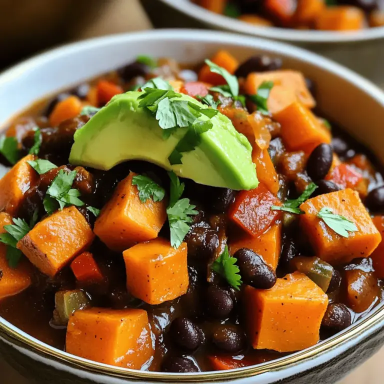 To make a tasty Sweet Potato and Black Bean Chili, gather the following ingredients: - 2 medium sweet potatoes, peeled and diced into ½-inch cubes - 1 can (15 oz) black beans, drained and rinsed - 1 can (14 oz) diced tomatoes, with juices - 1 medium onion, chopped - 2 cloves garlic, minced - 1 red bell pepper, diced - 2 tablespoons olive oil - 2 tablespoons chili powder - 1 teaspoon cumin - ½ teaspoon smoked paprika - 1 cup vegetable broth - Salt and pepper to taste - Fresh cilantro, for garnish - Avocado slices, for topping (optional) These ingredients blend to create a warm and hearty dish. Sweet potatoes add creaminess, while black beans pack protein. Each spice brings its magic, making every bite a delight. When you choose fresh ingredients, you ensure the best flavor. For the full recipe, follow the detailed instructions to make this chili a star at your table! - Sauté Aromatics Start by heating olive oil in a large pot over medium heat. Add the chopped onion and cook for about 3-4 minutes. You want the onion to turn soft and clear. Then, add the minced garlic and diced red bell pepper. Cook them for 2 more minutes until they smell great. - Combine Ingredients Next, add the diced sweet potatoes to the pot. Mix them well with the other veggies. Let them cook for 5 minutes, stirring every now and then. Then, sprinkle in the chili powder, cumin, smoked paprika, salt, and pepper. Stir until the sweet potatoes are fully coated with the spices. - Simmering Mixture Now, pour in the diced tomatoes with their juices and the vegetable broth. Stir everything together. Bring the mix to a boil, then lower the heat to simmer. Cover the pot and let it cook for about 25-30 minutes. You want the sweet potatoes to become tender. - Adding Black Beans After 30 minutes, add the drained and rinsed black beans to the pot. Stir gently and let the chili simmer for an additional 5-10 minutes. This helps the beans warm up and blend with the flavors. - Adjusting Seasonings Taste the chili and adjust the seasonings. If it needs more kick, add more salt or pepper. You can also add a dash of chili powder for extra heat if you like. - Serving Suggestions Serve the chili hot in deep bowls. I love to garnish it with fresh cilantro and avocado slices. This adds a nice touch and makes the dish look inviting. For an extra pop of flavor, drizzle a little olive oil over the top. For the full recipe, check the main section. Enjoy your cooking! - Ensuring Proper Texture To get the best texture, cut sweet potatoes into even cubes. This helps them cook evenly. Stir the chili often while it simmers. This keeps the flavors mixed and helps prevent sticking. - Flavor Enhancements Use fresh herbs for a burst of flavor. Adding fresh cilantro at the end brightens the dish. A squeeze of lime juice gives a zesty kick. Try adding a dash of hot sauce for some heat. - Overcooking Sweet Potatoes Watch the cooking time. If sweet potatoes cook too long, they turn mushy. You want them tender but still holding their shape. Check them at the 25-minute mark to avoid this. - Skipping Seasoning Adjustments Taste your chili before serving. Adjust the salt and pepper to your liking. Remember, the right seasoning makes all the difference in flavor. Don't skip this step! - Low-Sodium Options Use low-sodium vegetable broth to cut down on salt. This keeps your chili tasty but healthier. Rinse canned beans to reduce sodium levels too. - Vegan and Gluten-Free Substitutes This chili is already vegan and gluten-free! If you want to add protein, consider using lentils instead of black beans. They blend well and add great nutrition. For the full recipe, check the details above. {{image_2}} You can easily change up the beans in this chili. Try kidney beans or pinto beans for a different flavor. You can also mix black beans with chickpeas for a fun twist. Add other veggies to boost nutrition and flavor. Zucchini or corn can add a nice crunch. You can even toss in some spinach or kale near the end of cooking for extra greens. Want your chili mild? Skip the chili powder or use just a little. You can also add more tomatoes to tone down the heat. If you like it spicy, add jalapeños or cayenne pepper. Adjust it to your taste! Cooking this chili in a slow cooker is easy. Just add all the ingredients to the pot and cook on low for 6-8 hours. This method deepens the flavors and makes it super easy. If you're short on time, use an Instant Pot. Set it to high pressure for 10 minutes. Let it naturally release for 10 minutes, then stir in the black beans. This method gives you a quick and tasty meal. For the full recipe, check out Sweet Potato and Black Bean Chili. Store your leftover chili in an airtight container. Keep it in the fridge for up to four days. Make sure it cools down first before sealing. This helps keep the flavors fresh. If you want to enjoy it later, freezing is a great option. To freeze your chili, pour it into a freezer-safe container. Leave some space at the top for expansion. Seal it tightly and label it with the date. Your chili can stay frozen for three to six months. When you're ready to eat, just thaw it in the fridge overnight. Reheat your chili on the stove over low heat. Stir it often to prevent burning. You can also microwave it in a bowl. Heat for one minute at a time, stirring in between. Add a splash of broth if it seems too thick. Enjoy the great taste again with each bite! Check out the Full Recipe for more details. You can serve this chili with rice or cornbread. Both add a nice touch. You can also top it with sour cream or cheese for creaminess. Fresh cilantro and avocado slices make great garnishes too. Yes, you can make this chili ahead of time. It tastes even better the next day. Just let it cool and store it in the fridge. Reheat it on the stove or in the microwave when ready to serve. This chili lasts about 4 to 5 days in the fridge. Keep it in an airtight container to help it stay fresh. If you want it to last longer, consider freezing it. Sweet potatoes are high in vitamins and fiber. They help with digestion and provide energy. Black beans are rich in protein and iron, making them great for muscle health. Together, they create a nutritious meal full of flavor. Yes, this recipe is perfect for meal prep. You can make a big batch and store it in portions. It reheats well, making it easy to enjoy throughout the week. Check out the Full Recipe for more details. This blog post covered everything you need for sweet potato and black bean chili. We discussed key ingredients, step-by-step cooking, and tips to enhance flavor. I shared ways to avoid common mistakes and offered storage advice. Remember to try different variations to keep it fresh. In the end, this chili is not just tasty; it’s also nutritious. Enjoy making it your way and share it with others!