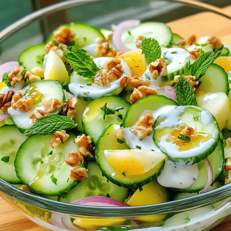 - Cucumbers (2 cups, thinly sliced) - Apples (1 large, cored and diced) - Red Onion (1/2 cup, thinly sliced) - Fresh Mint Leaves (1/4 cup, chopped) - Plain Greek Yogurt (1/4 cup) - Honey (2 tablespoons) - Lemon Juice (1 tablespoon) - Salt and Pepper (to taste) - Toasted Walnuts or Pecans (2 tablespoons, optional) Gather these ingredients to create a refreshing and crunchy salad. Cucumbers add a cool crunch, while apples bring sweetness. Red onion offers a sharp bite, and mint adds a fresh note. You can add Greek yogurt for creaminess, honey for sweetness, and lemon juice for zing. Salt and pepper enhance the flavors. If you want extra crunch, toss in some toasted walnuts or pecans. Each ingredient plays a key role in making this salad a delightful experience. For the full recipe, check out the detailed steps. - Wash and slice cucumbers. - Core, dice, and add apple. First, I wash the cucumbers under cold water. This step helps remove dirt and pesticides. Then, I slice them thinly. Thin slices allow the cucumbers to blend well in the salad. Place the slices in a large mixing bowl. Next, I take a large apple, preferably a tart variety like Granny Smith. I core and dice the apple into small pieces. This adds sweetness and crunch to the salad. I then toss the diced apple into the bowl with the cucumbers. - Add red onion and mint leaves. - Toss ingredients together gently. After adding the apple, I slice half a cup of red onion thinly. I find the red onion gives a nice bite to the dish. I also chop a quarter cup of fresh mint leaves. Mint adds a refreshing taste. I combine all these ingredients in the mixing bowl. With everything in the bowl, I toss the ingredients gently. This helps mix the flavors without crushing the pieces. It’s important to be gentle to keep the salad fresh and crunchy. - Whisk yogurt, honey, and lemon juice. - Season with salt and pepper. Now, I prepare the dressing. I take a small bowl and add a quarter cup of plain Greek yogurt, two tablespoons of honey, and one tablespoon of lemon juice. I whisk these together until smooth. The yogurt gives creaminess, while honey and lemon add sweetness and tang. Next, I season the dressing with salt and pepper. This simple seasoning enhances the flavors. It's key to taste the dressing before adding it to the salad. - Drizzle dressing over salad. - Refrigerate for flavor melding. Once the dressing is ready, I drizzle it over the salad mixture. I then toss everything gently again to coat all the ingredients. This step ensures every bite is flavorful. Finally, I refrigerate the salad for at least 15-20 minutes. Chilling allows the flavors to meld together nicely. Enjoy this fresh and tasty cucumber apple salad as a vibrant side dish or a light lunch. For the full recipe, check out the detailed instructions above. To make your cucumber apple salad shine, choose the right apples. I recommend using tart varieties like Granny Smith. Their crispness and tanginess balance the cool cucumbers perfectly. You want a mix of textures, so cucumbers should be firm and fresh. Chilling the salad is key too. It allows the flavors to blend and makes every bite refreshing. For an eye-catching presentation, use a clear glass bowl. This shows off the bright colors of the salad. Top it with a few mint leaves and some extra nuts for crunch. Pair this salad with grilled chicken or fish for a complete meal. It also goes well with sandwiches and wraps. Store leftovers in an airtight container. This keeps them fresh and crisp. The salad lasts for about two days in the fridge. If it gets too watery, you can drain some liquid before serving again. Enjoy your salad fresh for the best taste! You can find the full recipe for this delightful dish above. {{image_2}} You can easily switch up the fruits in this salad. Try adding pears for a sweet twist or grapes for a burst of juiciness. For a tropical flair, you might even add pineapple. If you want a dairy-free option, replace Greek yogurt with coconut yogurt or silken tofu. Both options add creaminess without dairy. You still get that nice texture and taste. While the yogurt dressing is tasty, you can explore other options. A dill yogurt sauce can add a fresh kick. Just mix yogurt, dill, and a bit of lemon juice. For a tangy touch, consider a vinegar-based dressing. Combine olive oil, apple cider vinegar, and a hint of mustard for zing. This dressing brightens the flavors in the salad. Seasonal fruits and veggies can enhance your salad. In summer, add fresh berries for a colorful touch. In fall, consider roasted butternut squash for warmth and sweetness. For special events, tailor your salad to the theme. During the holidays, add pomegranate seeds for a festive look. You can even sprinkle some cinnamon for a warm feel. For the full recipe, check out the Crisp Cucumber Apple Delight. This salad has about 150 calories per serving. You get a great mix of nutrients that help your body. Cucumbers are low in calories and high in water. Apples add fiber and sweetness. The Greek yogurt brings in protein and healthy fats. Cucumbers help with hydration because they are mostly water. They also have vitamins like K and C. Apples are good for your heart and help digestion. They give you fiber and have antioxidants. Greek yogurt is great for your gut health and gives your body calcium. These ingredients work together to boost your health. This cucumber apple salad is gluten-free. It fits well in low-calorie diets too. You can enjoy it without worry. If you want to make it even lighter, skip the nuts. This salad is perfect for anyone looking to eat healthily without sacrificing taste. You can find the full recipe earlier in this article to help you make it! To make this salad vegan, you can swap the Greek yogurt for a plant-based yogurt. Choose unsweetened almond or coconut yogurt for a smooth texture. You can also use silken tofu blended with a bit of lemon juice for a creamy dressing. This keeps the salad light and refreshing. Yes, you can prepare this salad ahead of time. Just follow these tips: - Mix the cucumbers, apples, and onions but hold off on the dressing. - Cover the salad tightly and store it in the fridge. - Add the dressing only when you're ready to serve. This keeps everything crisp and fresh. This salad pairs well with many sides. Try serving it with grilled chicken or fish for a full meal. It also complements sandwiches or wraps nicely. For a light lunch, enjoy it with a bowl of soup. Each of these options enhances the salad's flavors. For this salad, I recommend using tart apples like Granny Smith. They add a nice crunch and balance the flavors. Other good choices are Honeycrisp or Fuji apples for a sweeter taste. These varieties keep their shape and give great texture to your salad. You can keep leftovers in the fridge for up to three days. Store them in an airtight container to maintain freshness. Check for signs of spoilage, like a mushy texture or off smell, before eating. Enjoying this salad fresh gives the best taste! You now know how to make a delicious Cucumber Apple Salad. We discussed the key ingredients, step-by-step instructions, and flavor tips. You can enhance this salad with different fruits, dressings, and seasonal options. Remember to choose the right apples and chill your salad for the best taste. This dish is healthy, easy to prepare, and perfect for any meal. Enjoy making and sharing it with friends and family. Happy cooking!