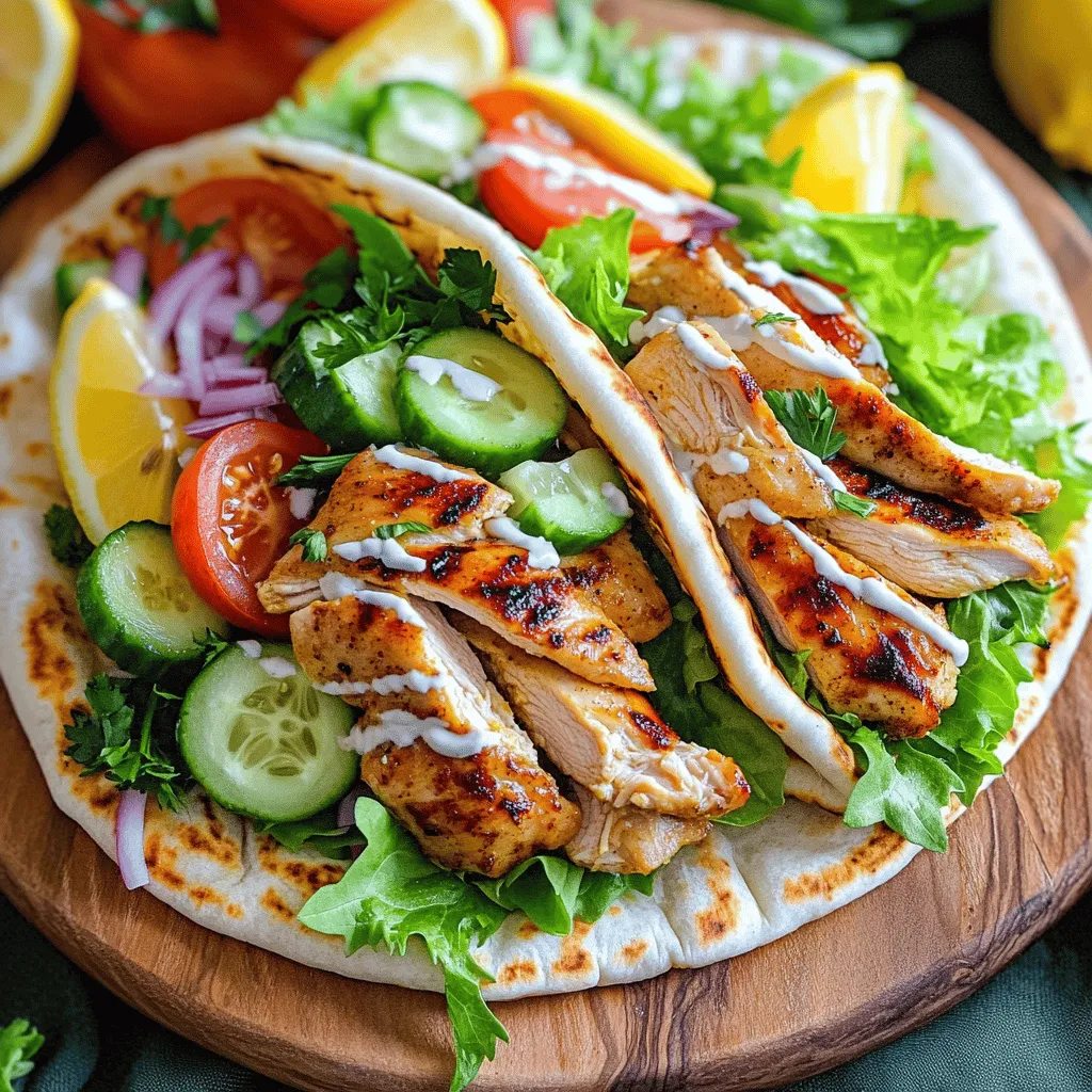 For a tasty chicken shawarma, you need a few key ingredients. Here’s the list: - 1.5 lbs boneless, skinless chicken thighs - 4 cloves garlic, minced - 2 tablespoons ground cumin - 2 tablespoons ground coriander - 1 tablespoon ground paprika - 1 tablespoon ground turmeric - 1 teaspoon cinnamon - ½ teaspoon cayenne pepper (adjust to taste) - Salt and pepper to taste - ¼ cup plain yogurt - 3 tablespoons olive oil - 2 tablespoons lemon juice - 4 pita breads - Fresh vegetables for topping (like lettuce, tomatoes, cucumbers, and red onion) - Tahini sauce or garlic sauce for drizzle These ingredients create a rich flavor and tender chicken. The spices mix well with the yogurt and oil. They help the chicken become juicy and tasty. You can add fun toppings to your chicken shawarma. Here are some ideas: - Pickles - Feta cheese - Hummus - Sliced olives - Hot sauce These toppings give extra taste and texture. You can mix and match based on your taste. If you can't find some ingredients, don't worry. Here are easy swaps: - Chicken thighs can be replaced with chicken breasts. - For a dairy-free option, skip the yogurt or use a plant-based yogurt. - Use lemon zest if you don’t have fresh lemon juice. - Swap cayenne with paprika for less heat. These substitutions still keep your chicken shawarma delicious. Don't be afraid to get creative with your choices! You can find the full recipe above for more details. To make the marinade, gather your ingredients. You need garlic, spices, yogurt, olive oil, and lemon juice. In a large bowl, mix the minced garlic, cumin, coriander, paprika, turmeric, cinnamon, cayenne, salt, and pepper. Next, add the yogurt, olive oil, and lemon juice. Stir this mixture well. This mix will infuse the chicken with flavor. Now, it's time to marinate the chicken. Take your chicken thighs and place them in the bowl. Make sure each piece is fully coated with the marinade. Cover the bowl with plastic wrap. Let the chicken sit in the fridge. For best results, leave it for at least an hour or overnight. This helps the flavors soak in deeply. You can cook the chicken in two ways: grilling or baking. If you choose grilling, preheat the grill to medium-high heat. Remove the chicken from the marinade, letting the extra drip off. Grill the chicken for 5 to 7 minutes on each side. You want it to reach 165°F inside. If you prefer baking, preheat your oven to 400°F. Place the marinated chicken on a baking sheet. Bake for about 25-30 minutes, flipping halfway through. Whichever method you choose, the goal is to have juicy, flavorful chicken. For more details, check out the Full Recipe. Marinating is key for tasty chicken shawarma. I recommend marinating for at least one hour. If you have time, let it sit overnight. This helps the spices soak in. Use a large bowl for mixing. Combine garlic, cumin, coriander, and other spices with yogurt, oil, and lemon juice. Stir well to make sure every piece of chicken gets coated. To cook chicken perfectly, aim for a nice char on the outside. Heat your grill or skillet to medium-high. This helps create a good crust. Cook for about 5-7 minutes per side. Check the internal temperature; it should reach 165°F (75°C). Let the chicken rest for five minutes after cooking. This keeps it juicy and tender. Serve your shawarma in warm pita bread. Fill it with fresh veggies like lettuce, tomatoes, and cucumbers. You can also add a drizzle of tahini or garlic sauce for extra flavor. For a colorful touch, garnish with lemon wedges and parsley. Try pairing your chicken shawarma with a side of rice or a light salad. Want to explore more? Check out the full recipe for more tips! {{image_2}} If you want a meat-free option, try using mushrooms or eggplant. Both of these vegetables soak up flavors well. You can marinate them just like the chicken. Slice the veggies thick and grill them until they are tender. Another great choice is chickpeas. Roasting them makes them crunchy and full of taste. Use the same spices from the Easy Chicken Shawarma recipe for a tasty mix. You can change the spice level to fit your taste. If you like it mild, skip the cayenne pepper. For more heat, add extra cayenne or use red pepper flakes. A pinch of smoked paprika can add a nice smoky flavor too. Taste your marinade before using it. Adjust the spices to make it just right for you. There are many fun ways to serve shawarma. Try using lettuce wraps instead of pita for a low-carb option. You can also make a shawarma bowl with rice, quinoa, or couscous. Top it with your favorite veggies and sauces. For a unique twist, serve it as a taco with soft tortillas. Don't forget to drizzle with tahini or garlic sauce for added flavor. Check out the Full Recipe for more ideas! Store your leftover chicken shawarma in an airtight container. Make sure it cools down before sealing. This keeps the chicken fresh and tasty. You can store it in the fridge for up to three days. If you want it to last longer, consider freezing it. To reheat, you have a few options. You can use a microwave, stove, or oven. For the microwave, place the chicken on a plate and cover it. Heat in short bursts to avoid drying it out. On the stove, add a splash of water in a pan. Heat it over medium heat, stirring occasionally. In the oven, wrap the chicken in foil and heat at 350°F until warm. This keeps it moist and flavorful. Freezing chicken shawarma is simple. First, slice the chicken and let it cool. Then, portion it into freezer bags or containers. Press out as much air as possible to avoid freezer burn. Label the bags with the date. You can freeze it for up to three months. When you're ready to eat it, thaw it in the fridge overnight. Chicken shawarma is a Middle Eastern dish made of marinated chicken. The chicken is usually cooked on a vertical rotisserie, but you can grill or pan-fry it at home. The marinade includes spices like cumin and paprika, giving it a rich flavor. You serve it in pita bread with fresh veggies and sauces. Shawarma is loved for its taste and easy-to-eat format. Yes, you can make chicken shawarma in the oven. Preheat your oven to 425°F (220°C). After marinating the chicken, place it on a baking sheet. Cook for about 25-30 minutes, flipping halfway through. Ensure the chicken reaches 165°F (75°C) inside. This method gives you juicy chicken with a nice, crispy edge. You can make a simple sauce using yogurt, garlic, and lemon juice. Combine 1 cup of plain yogurt with 2 minced garlic cloves and 2 tablespoons of lemon juice. Add salt and pepper to taste. If you want a richer flavor, mix in tahini. This sauce is creamy and pairs well with the spices in the chicken. Serve chicken shawarma with pita bread, fresh veggies, and sauces. Some great toppings are lettuce, tomatoes, cucumbers, and red onion. You can also add fries or a side salad for crunch. A drizzle of tahini or garlic sauce enhances the taste. These combos make your meal fun and filling. For more details, check out the Full Recipe. You learned key ingredients and step-by-step instructions for easy chicken shawarma. Marinating the chicken enhances flavor, and cooking methods vary between grilling and baking. Don't forget about storage tips to keep leftovers fresh. Shawarma has many fun variations, from vegetarian options to creative pairings. Now, you can enjoy this tasty dish any way you like. Dive in and get cooking!