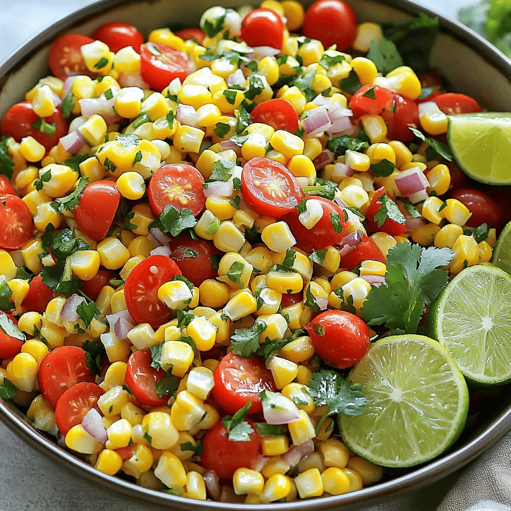 - 3 cups fresh corn kernels (about 4 ears of corn) - 1 cup cherry tomatoes, halved - 1 red bell pepper, diced - 1/2 red onion, finely chopped - 1 jalapeño, minced (seeds removed for less heat) - 1/4 cup fresh cilantro, chopped The fresh ingredients bring life to the salad. Start with sweet corn. You can use fresh corn or frozen corn. Fresh corn is best during summer. It adds a nice crunch. I recommend using about four ears of corn for three cups of kernels. Cherry tomatoes add color and sweetness. Halve them for bite-sized pieces. A red bell pepper gives a slight crunch and a pop of color. Chop up a red onion for a sharp taste. If you like spice, add jalapeño. Remove the seeds to reduce heat. Lastly, fresh cilantro brightens up the dish. You can also swap it out for parsley if you prefer. - 1/4 cup lime juice (about 2 limes) - 2 tablespoons olive oil - 1 teaspoon cumin powder - Salt and pepper to taste The dressing is key for flavor. Fresh lime juice adds zest. It balances the sweetness of the corn. Use about two limes to get 1/4 cup. Olive oil adds richness and helps mix the dressing. Cumin powder gives a warm, earthy taste. Don’t forget salt and pepper! They help bring all the flavors together. - Jalapeño adjustments for spice level - Fresh herbs and other customizable options You can customize this salad to your liking. If you want more heat, leave some seeds in the jalapeño. You can also add other herbs like basil or mint for a different taste. Try adding black beans for protein. They pair well with the sweet corn. Each add-in makes this dish more exciting. For the full recipe, check out the details above! Start by getting your corn ready. If you have fresh corn, boil a pot of water. Add the corn cobs and blanch them for about three minutes. This helps keep the sweet flavor and bright color. After blanched, cool the corn slightly. Cut the kernels off the cob using a sharp knife. If you want a quicker option, use frozen corn. Just thaw and drain it. Frozen corn works great and saves time while still tasting good. Next, grab a large mixing bowl. Add the fresh corn kernels to it. Toss in one cup of halved cherry tomatoes, one diced red bell pepper, and half of a finely chopped red onion. These veggies add bright colors and fresh flavors. Now, for some heat, finely dice one jalapeño. If you want to tone down the spice, remove the seeds first. Add the jalapeño to the bowl. For a burst of freshness, mix in a quarter cup of chopped cilantro. In a small bowl, whisk together the dressing. Combine a quarter cup of fresh lime juice, two tablespoons of olive oil, and one teaspoon of cumin powder. Add salt and pepper to taste. Whisk until all the ingredients blend well. If you like it tangy, feel free to add more lime juice. Now it's time to combine everything! Pour the dressing over the salad and gently mix it all together. Make sure every piece of veggie gets some dressing. This step is key for great flavor. Let the salad sit for at least 15 minutes. This allows the flavors to meld together. When ready to serve, give it another gentle toss. You can present it in a large bowl or use individual mason jars for a fun look. For the complete details, check the Full Recipe. To make the best corn salad, focus on fresh ingredients. Use corn that is sweet and crisp. You can choose fresh corn or frozen corn. Fresh corn gives a bright taste, while frozen is quick and easy. Always taste your ingredients before mixing. Adjust the salt and lime juice to find the right balance. If your salad feels flat, add a pinch of salt or more lime juice. Serve the salad in a large, colorful bowl. This makes it look inviting. You can also use individual mason jars for a fun touch. Layer the salad in the jar for a pretty look. Add garnishes like extra cilantro or lime wedges. These will make your dish pop and delight your guests. Zesty corn salad goes well with grilled chicken or fish. It also pairs nicely with tacos or burritos for a complete meal. For drinks, try a light beer or a refreshing lemonade. These beverages will enhance the flavors of your salad. Enjoy the mix of tastes and textures! {{image_2}} You can switch up the beans in your corn salad. Black beans add a nice texture. Chickpeas also work well for a hearty touch. Using seasonal vegetables can enhance the flavor. In summer, add in zucchini or cucumbers. In fall, consider roasted butternut squash for warmth. To make this salad vegan, skip any cheese or dairy. You can still enjoy a rich taste with the fresh veggies and zesty dressing. If you need it gluten-free, this salad is already safe. Just watch for any added ingredients that may contain gluten. Avocado adds creaminess and healthy fats. Just dice it and mix it in gently to keep its shape. If you like cheese, crumbled feta or cotija adds a nice salty flavor. Sprinkle it on top before serving for a tasty twist. Check out the Full Recipe to explore more ideas! To keep your zesty corn salad fresh, store it in a sealed container. Glass or plastic containers work well. Make sure to use a container that fits the amount of salad you have. If you leave too much air in the container, the salad may spoil faster. You can keep it in the fridge for about 3 to 4 days. Check for signs like an off smell or discoloration before eating. You can enjoy this salad cold, which helps keep the flavors bright. If you prefer to warm it up, do so gently. Place it in a pan over low heat. Stir often to avoid burning. Add a splash of lime juice to refresh the flavors. This gives the salad a nice zing. Freezing zesty corn salad is not ideal because it can change the texture. If you must freeze it, place it in an airtight container. Try to remove as much air as possible. It can stay in the freezer for up to 3 months. When ready to use, thaw it overnight in the fridge. After thawing, stir in some fresh lime juice for a burst of flavor. You might want to add fresh herbs too, as they brighten up the dish. Zesty Corn Salad lasts about 3 to 5 days in the fridge. Store it in an airtight container. Check for any signs of spoilage, such as off smells or changes in color. If it looks or smells bad, toss it out. Yes, you can make it ahead. Making it a few hours early helps the flavors mix well. Just keep it in the fridge until you’re ready to serve. If you want a fresher taste, add the dressing right before serving. You can use canned or frozen corn instead of fresh corn. If using canned corn, drain it well. For frozen corn, just thaw it and drain before adding. Both options save time and still taste great. Zesty Corn Salad can be spicy, depending on how much jalapeño you add. If you want less heat, remove the seeds or use less jalapeño. You can also skip it altogether for a milder dish. Zesty corn salad is a great dish that brings fresh flavors to your table. You learned about the key ingredients, essential seasonings, and simple steps to prepare it. I shared tips for perfecting the taste and ideas for fun variations. When you make this salad, feel free to adjust it to your liking. Enjoy the bright flavors and feel free to share your spin on this dish. Whether it’s for a gathering or a weeknight meal, this recipe is bound to please!