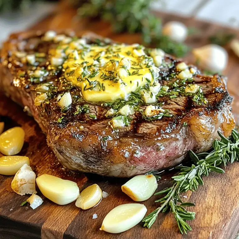 To make a perfect Garlic Herb Butter Steak, you need these key ingredients: - 2 ribeye or sirloin steaks (1 inch thick) - 4 tablespoons unsalted butter, divided - 4 cloves garlic, minced - 2 tablespoons fresh rosemary leaves, finely chopped - 2 tablespoons fresh thyme leaves, finely chopped - Salt and black pepper to taste - 1 tablespoon olive oil These ingredients come together to create a meal that is both rich and flavorful. The butter and herbs blend well with the steak to make each bite delicious. You will need a few basic tools to help you cook this steak: - A large skillet (cast iron works best) - A small bowl for mixing - Tongs for flipping the steak - A cutting board for resting and slicing - A knife for slicing Having these tools ready will make your cooking experience smooth and easy. You can make your Garlic Herb Butter Steak even better with these optional garnishes: - Fresh herbs like parsley or chives - Lemon wedges for a fresh splash of flavor - A sprinkle of coarse sea salt for added crunch These garnishes can add color and extra taste to your dish. For the full recipe, check out the detailed instructions! Start by taking your steaks out of the fridge. Let them sit for about 30 minutes. This helps them cook evenly. Pat the steaks dry with paper towels. Season each side well with salt and black pepper. This step adds flavor right from the start. In a small bowl, mix 2 tablespoons of softened butter with minced garlic. Add the finely chopped rosemary and thyme. Stir this mixture well until it is combined. Set it aside to let the flavors blend. This garlic herb butter makes your steak taste amazing. Heat a large skillet over medium-high heat. Use olive oil to coat the bottom of the pan. When the oil is hot and shiny, carefully add the steaks. Sear each steak for about 4-5 minutes for medium-rare. Adjust the time if you prefer it more or less done. The key is to create a nice brown crust. In the last minute of cooking, reduce the heat to medium. Add the remaining 2 tablespoons of butter to the skillet. Spoon the melting butter over the steaks repeatedly. This basting step adds flavor and makes the meat tender. It’s a simple way to elevate your dish. After cooking, remove the steaks from the skillet. Place them on a cutting board to rest for about 5-10 minutes. This resting time lets the juices redistribute for a juicier steak. When ready, slice the steaks against the grain. Top them with the garlic herb butter mixture from the skillet. Enjoy your meal! For the complete details, check the Full Recipe. To get your steak just right, use a meat thermometer. For medium-rare, aim for 130°F. For medium, go for 140°F. This helps you avoid overcooking. Let the meat rest for 5-10 minutes after cooking. This step keeps the juices inside, making your steak juicy. I love using a cast iron skillet for the best sear. It holds heat well and cooks evenly. Start with high heat to get a nice crust. Sear each side for 4-5 minutes. If you want grill marks, use a grill instead. Both methods work well for garlic herb butter steak. Always season your steak well. Use salt and black pepper generously. This helps enhance the meat's natural taste. For more flavor, try adding garlic and herbs. Mix them into your butter for a burst of taste. Fresh rosemary and thyme work best in this dish. You can find the full recipe above to get all the details you need. {{image_2}} You can use many cuts for garlic herb butter steak. Ribeye is my favorite due to its rich flavor and tenderness. Sirloin is also a great choice. It’s leaner but still delicious. Filet mignon is a fancy option if you want something special. Flank steak works well too, giving a nice chew that pairs with the butter. Just remember to slice it against the grain for the best texture. While rosemary and thyme are classic, feel free to mix it up! Fresh parsley adds a bright note. Oregano gives a nice earthy flavor. Basil brings a sweet, aromatic taste. You can also try tarragon for a hint of anise. Experiment and discover which herbs you love the most. Each combination will add a unique twist to your dish. You can cook garlic herb butter steak in a skillet or on the grill. A skillet gives you a nice sear and keeps the butter close. Cast iron skillets are best for even heat. Grilling adds a smoky flavor that is hard to beat. Preheat your grill and use a direct heat method for great results. Whichever method you choose, the key is to watch the temperature for perfect doneness. For the full recipe, check out the Full Recipe section. To keep your leftover Garlic Herb Butter Steak fresh, wrap it tightly. Use plastic wrap or aluminum foil. Place it in an airtight container. This helps seal in moisture and flavor. Store it in the fridge for up to three days. When reheating, avoid drying out the steak. Use a skillet over low heat. Add a bit of butter or oil for moisture. Cover the pan to keep the heat in. Heat for about 3-5 minutes on each side. You can also use the microwave. Set it to medium heat and cover it loosely. Heat for 30-second intervals until warm. If you want to save your steak for later, freezing works well. Let the steak cool completely before freezing. Wrap it in plastic wrap, then in foil. This protects it from freezer burn. Store it in the freezer for up to three months. When ready to eat, thaw in the fridge overnight. Reheat as mentioned above to enjoy your tasty meal later. For full instructions and tips, check out the Full Recipe. You can pair Garlic Herb Butter Steak with many sides. Some tasty options include: - Mashed potatoes: Creamy and smooth, they soak up the butter. - Grilled vegetables: Zucchini, bell peppers, or asparagus add color and crunch. - Caesar salad: The crisp greens balance the richness of the steak. - Rice pilaf: Fluffy rice with herbs complements the bold flavors. Mix and match these sides to create a great meal! Yes, you can use salted butter. However, keep in mind: - Flavor: Salted butter adds more salt to the dish. You may want to reduce extra salt in the recipe. - Control: Unsalted butter lets you control the salt level better. For the best taste, unsalted butter is a great choice. The best cooking temperature for steak varies with your doneness preference: - Rare: 120-125°F (49-52°C) - Medium-rare: 130-135°F (54-57°C) - Medium: 140-145°F (60-63°C) - Medium-well: 150-155°F (65-68°C) - Well-done: 160°F (71°C) and above Using a meat thermometer is the easiest way to check! Making Garlic Herb Butter Steak for meal prep is simple. Here’s how: 1. Cook the steaks: Follow the full recipe as usual. 2. Cool down: Let the cooked steak cool to room temperature. 3. Slice: Cut the steaks into portions for easy serving. 4. Store: Place the steak in airtight containers. Add the garlic herb butter on top. 5. Refrigerate: Keep the meal prep in the fridge for up to four days. Reheat in the microwave or skillet when you're ready to eat! You learned how to make Garlic Herb Butter Steak in this post. We explored the needed ingredients, tools, and garnishes. Then, I gave you clear steps for cooking the steak perfectly. I shared tips for great flavor and doneness. Finally, we discussed variations and storage options. Enjoying this dish will impress anyone at your table. Using these tips will help you make a delicious steak that tastes amazing!