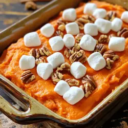 To make this sweet potato casserole, gather these key ingredients: - 4 medium sweet potatoes, peeled and cubed - 1/2 cup brown sugar - 1/4 cup unsalted butter, melted - 1/2 teaspoon ground cinnamon - 1/4 teaspoon ground nutmeg - 1/4 teaspoon salt - 1/2 cup milk - 1 teaspoon vanilla extract - 1 cup mini marshmallows You can add a few optional ingredients to make your casserole unique: - 1/2 cup chopped pecans for crunch - A sprinkle of coconut for extra flavor - A dash of maple syrup for sweetness This sweet potato casserole is a delightful treat. Here’s a quick look at its nutritional benefits: - Calories: Approximately 250 per serving - Protein: About 3 grams - Fat: Roughly 10 grams - Carbohydrates: Around 40 grams - Fiber: About 4 grams The sweet potatoes provide vitamins and fiber, while the marshmallows add a fun touch. You can enjoy this dish without guilt! For the full recipe, check out the Sweet Potato Bliss Casserole. Start by peeling and cubing 4 medium sweet potatoes. Place them in a pot of salted water. Bring the water to a boil and cook for 15-20 minutes. You want the sweet potatoes to be soft and tender. Once done, drain the water and let them cool for a bit. In a large mixing bowl, mash the sweet potatoes until they are smooth. This step is key for creamy texture. Add the following ingredients to the bowl: - 1/2 cup brown sugar - 1/4 cup unsalted butter, melted - 1/2 teaspoon ground cinnamon - 1/4 teaspoon ground nutmeg - 1/4 teaspoon salt - 1/2 cup milk - 1 teaspoon vanilla extract Mix everything well until combined and smooth. Make sure there are no lumps. Now it’s time to transfer your sweet potato mixture into a greased 9x13 inch baking dish. Spread it out evenly. This ensures that every bite is filled with flavor. Next, sprinkle 1 cup of mini marshmallows evenly over the top. If you want, add 1/2 cup of chopped pecans for extra crunch. Preheat your oven to 350°F (175°C). Place the casserole in the oven and bake for 25-30 minutes. Keep an eye on it and watch for the marshmallows to turn golden brown and puffy. Once baked, take it out of the oven and let it cool for a few minutes before serving. This makes a perfect dish for gatherings and celebrations. For more details, check the Full Recipe. To get the best texture, start with fresh sweet potatoes. Boil them until they are soft, about 15-20 minutes. Mash them well to avoid lumps. For extra creaminess, add a bit more milk. If you want a fluffy texture, use a hand mixer. Add a pinch of ground ginger for warmth. You can also mix in orange zest for a fresh twist. If you love nuts, sprinkle in some chopped pecans for crunch. A splash of maple syrup can add sweetness, too. Don’t skip the boiling step; undercooked potatoes can ruin the dish. Avoid using stale marshmallows; they should be fresh for a nice puff. Don’t forget to grease your baking dish; this helps with easy serving. Lastly, watch the oven closely to prevent burning the marshmallows. For the full recipe, check out the Sweet Potato Bliss Casserole. {{image_2}} You can swap sweet potatoes for butternut squash. It adds a nice twist. Use maple syrup instead of brown sugar for a rich flavor. If you want a creamier texture, try using coconut milk. You can also use dairy-free butter for a vegan option. Instead of marshmallows, consider using chopped dates for sweetness. Try adding orange zest for a bright, citrusy kick. A pinch of cayenne pepper can add warmth and depth. You can mix in dried cranberries or apples for a fruity touch. For a nutty flavor, add almond extract or toasted almonds. Experimenting with these flavors can make your casserole unique. For a vegan version, use almond milk and coconut oil. Skip the marshmallows and top with a nut-based crumble instead. For gluten-free needs, ensure the milk and any toppings are certified gluten-free. These options keep the dish delicious while meeting dietary needs. Check out the Full Recipe for more ideas on making it fit your lifestyle. To store leftovers, let the casserole cool completely. Place it in an airtight container. You can also cover the dish tightly with plastic wrap or aluminum foil. Store it in the fridge. It will stay fresh for up to five days. To reheat, take the casserole out of the fridge. Preheat your oven to 350°F (175°C). Place the casserole in the oven for about 20 minutes. Cover it with foil to keep it moist. If you want the marshmallows crispy, remove the foil for the last five minutes. You can freeze Sweet Potato Casserole with Marshmallows. First, let it cool completely. Use a freezer-safe container or wrap it tightly in plastic wrap. It can last in the freezer for up to three months. To eat, thaw it in the fridge overnight before reheating. For a full recipe, check out the Sweet Potato Bliss Casserole section. Sweet potato casserole with marshmallows lasts about 3 to 5 days in the fridge. Store it in an airtight container to keep it fresh. The marshmallows may lose some fluffiness, but the flavor remains great. Yes, you can prepare this casserole in advance. Just follow the recipe steps, but stop before baking. Cover it well and place it in the fridge. When you’re ready, bake it as directed. This saves time during busy meals. Sweet potato casserole pairs well with many dishes. Here are some ideas: - Roast turkey - Baked ham - Grilled chicken - Green bean casserole - Cranberry sauce These options create a balanced meal that everyone will enjoy. Yes, fresh sweet potatoes are perfect for this recipe. They provide great flavor and texture. Just peel and cube them before boiling. This will give your casserole a homemade taste. This recipe is not vegan due to butter and milk. However, you can easily substitute these ingredients. Use plant-based butter and almond or coconut milk for a tasty vegan option. Absolutely! You can get creative with toppings. Try crushed graham crackers, coconut flakes, or pecans. These add more flavor and a nice crunch to your casserole. You know the casserole is done when the marshmallows are golden brown and puffy. Insert a toothpick into the sweet potato mixture. If it comes out clean, it’s ready to serve. You can check the full recipe for sweet potato casserole with marshmallows in the article. It includes all the steps you need for a perfect dish. In this article, we explored the key ingredients for sweet potato casserole and how to make it. I shared steps for preparation, cooking, and baking to ensure great results. You also learned tips to enhance flavor and avoid mistakes. We discussed variations, including dietary-friendly versions, and how to store your leftovers effectively. Remember, with a few tweaks, you can create a dish everyone will love. Enjoy making your own sweet potato casserole, and happy cooking!