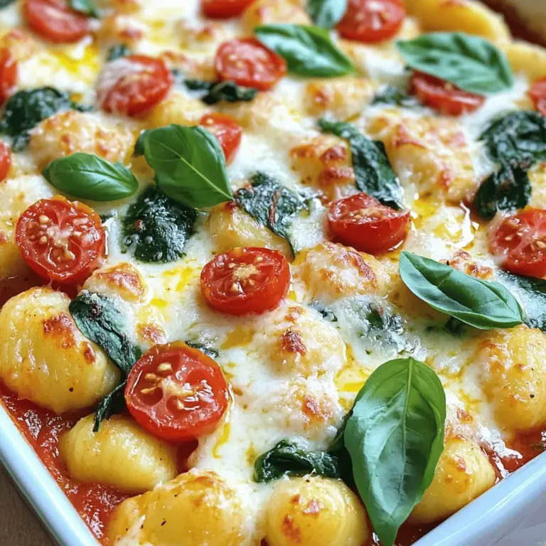 To make loaded baked gnocchi, you need the following: - 1 pound (450g) potato gnocchi - 2 cups marinara sauce - 1 cup ricotta cheese - 1 cup shredded mozzarella cheese - 1/2 cup grated Parmesan cheese - 1 cup baby spinach, roughly chopped - 1/2 cup cherry tomatoes, halved - 1 tablespoon olive oil - 1 teaspoon garlic powder - Salt and pepper to taste - Fresh basil leaves for garnish These ingredients bring great flavor and texture. The gnocchi acts as a soft base, while the cheeses add creaminess and richness. The marinara sauce gives a tangy kick. You can change up the flavors with these optional ingredients: - Cooked sausage or ground beef for a meaty version - Different cheeses like cheddar or fontina - Sautéed mushrooms or bell peppers for added veggies - A sprinkle of red pepper flakes for heat These options allow you to tailor the dish. Feel free to mix and match to suit your taste. If you need substitutions, here are some ideas: - Use cauliflower gnocchi for a low-carb option. This changes the texture but keeps it tasty. - Swap ricotta for cottage cheese if you want a lighter choice. It may alter the creaminess slightly. - Use store-bought sauce if you’re short on time. Just check for quality to keep the taste great. These swaps can make the recipe easier without losing much flavor. Always adjust seasoning to match the new ingredients. For the full recipe, check the provided link. First, preheat your oven to 400°F (200°C). This step is key for getting a nice, crispy cheese top. While the oven heats, bring a large pot of salted water to a boil. Add 1 pound of potato gnocchi to the pot. Cook them until they float to the surface, about 2-3 minutes. This floating means they are done! Carefully drain the gnocchi and set them aside. In a mixing bowl, combine the drained gnocchi, 2 cups of marinara sauce, and 1 cup of ricotta cheese. Add 1 cup of roughly chopped baby spinach, 1 teaspoon of garlic powder, and season with salt and pepper. Gently fold everything together until the gnocchi are well-coated. This mix brings all the flavors together. Once mixed, transfer the gnocchi mixture to a greased baking dish. Spread it evenly for even cooking. Next, add the toppings. Sprinkle 1 cup of shredded mozzarella and 1/2 cup of grated Parmesan cheese on top. Scatter 1/2 cup of halved cherry tomatoes over the cheese for a pop of color and flavor. Drizzle 1 tablespoon of olive oil on top. This helps the cheese melt and adds richness. Now, place the baking dish in your preheated oven. Bake for 20-25 minutes. Keep an eye on it! You want the cheese to bubble and turn golden brown. When it's ready, remove it from the oven. Let it cool slightly before serving. Garnish with fresh basil leaves for a burst of freshness. This step adds a lovely touch and enhances the dish's visual appeal. You can find the full recipe in the earlier section for all the details. Enjoy your delicious Loaded Baked Gnocchi! When making loaded baked gnocchi, some mistakes can ruin the dish. Here are a few to watch for: - Overcooking the gnocchi: Cook them just until they float. This takes 2-3 minutes. - Not draining well: If you leave too much water, the dish may be soggy. - Skipping the oil: Drizzling olive oil helps the cheese and tomatoes brown nicely. For the best texture in your gnocchi, follow these tips: - Use fresh gnocchi: Store-bought works, but fresh gnocchi has a better bite. - Bake until bubbly: Ensure the cheese is melted and golden for a crunchy top. - Mix gently: When combining ingredients, be careful not to mash the gnocchi. Serving loaded baked gnocchi can be fun and creative. Here are some ideas: - Add a side salad: A fresh green salad pairs well with the rich gnocchi. - Top with fresh herbs: Basil or parsley adds a nice touch just before serving. - Serve with crusty bread: This helps soak up the delicious sauce. For the complete recipe, check out the [Full Recipe]. {{image_2}} You can easily make this dish vegetarian or vegan. For a vegetarian version, simply skip any meat toppings. You can also add more veggies, like bell peppers or mushrooms. If you're going vegan, replace the ricotta and mozzarella with plant-based cheese. Nutritional yeast adds a cheesy flavor without dairy. Use a vegan marinara sauce, and you have a tasty vegan dish! If you love meat, this recipe can fit your taste. Add cooked bacon, sausage, or ground beef for extra flavor. You can mix the meat in with the gnocchi and sauce or layer it on top. This meat lovers’ version will be richer and hearty. It’s perfect for those who want a filling meal. For a gluten-free option, use gluten-free gnocchi made from rice or corn. These options still taste great and work well in this dish. Always check the ingredient list on your sauces and cheeses. Some brands offer gluten-free options. With these simple swaps, everyone can enjoy loaded baked gnocchi! For the complete recipe, check out the Full Recipe section. After you enjoy your loaded baked gnocchi, store any leftovers in an airtight container. This keeps the flavors fresh. Let the dish cool down first, then cover it tightly. It is best to refrigerate it within two hours of cooking. This helps prevent bacteria growth. When you're ready to eat the leftovers, preheat your oven to 350°F (175°C). Place the gnocchi in an oven-safe dish. Cover it with foil to keep the moisture in. Heat for about 15-20 minutes, or until it's warm throughout. If you want a crispy top, remove the foil for the last few minutes. You can freeze loaded baked gnocchi for later use. First, cool it completely and then place it in a freezer-safe container. You can also use a freezer bag for easier storage. Be sure to remove as much air as possible before sealing. It can last for up to three months. When you're ready to eat, thaw it in the fridge overnight. Then, reheat it in the oven as mentioned above, or you can also microwave it if you're in a hurry. Enjoy your meal again! Yes, you can make Loaded Baked Gnocchi ahead of time. Prepare the dish until right before baking. Cover it well and chill in the fridge. You can keep it for up to two days. When ready to bake, just pop it in the oven. You might need to add a few extra minutes to the baking time. You know the gnocchi is done when it floats in the water. This usually takes about 2-3 minutes. If you are baking the gnocchi, watch for the cheese. It should be bubbly and golden brown. This means the dish is ready to enjoy! Loaded Baked Gnocchi pairs well with many sides. A fresh green salad adds a nice crunch. Garlic bread is also a great choice. You can serve it with roasted veggies for added flavor. These sides balance the richness of the gnocchi. For the full recipe, check out the above section! We covered essential ingredients for Loaded Baked Gnocchi, plus options for customization. I shared step-by-step instructions, including preparation, cooking, and baking. You learned tips to avoid common mistakes and achieve the best texture. Variations for different diets help you tailor the dish, while storage tips ensure freshness later. This dish is adaptable and simple, making it a tasty choice for many occasions. Enjoy your cooking adventure!