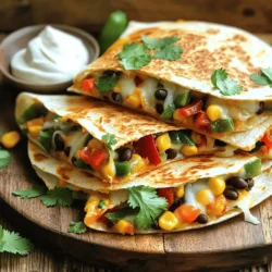 To make loaded veggie quesadillas, gather these key ingredients: - 4 large flour tortillas - 1 cup shredded cheese (cheddar or a blend) - 1 cup black beans, drained and rinsed - 1 red bell pepper, diced - 1 green bell pepper, diced - 1 small red onion, finely chopped - 1 cup corn kernels (fresh or frozen) - 1 tablespoon olive oil - 1 teaspoon cumin - 1 teaspoon smoked paprika - 1 teaspoon garlic powder - Salt and pepper to taste - Fresh cilantro, for garnish - Sour cream or Greek yogurt, for serving These ingredients create a tasty and filling meal. The black beans provide protein, while the peppers and corn add sweetness and crunch. You can use many vegetables for your quesadillas. Feel free to mix and match based on your taste. Here are some great choices: - Zucchini - Spinach - Mushrooms - Jalapeños for some heat To enhance the flavor, try adding spices like chili powder or fresh herbs. You could also splash some lime juice for a bright finish. Cheese plays a big role in quesadillas. Choose a cheese that melts well. Here are some great options: - Cheddar - Monterey Jack - Mozzarella - Pepper Jack for a spicy kick Mix different cheeses for a richer flavor. A blend can elevate your dish and make it even more delicious. For the full recipe, check out the details above. To make the filling, start by heating olive oil in a large skillet over medium heat. Add the chopped red onion and sauté for 2-3 minutes until it's clear. Next, toss in the diced red and green bell peppers. Sauté these for another 3-4 minutes until they soften. Now, stir in the corn, black beans, cumin, smoked paprika, garlic powder, salt, and pepper. Cook this mix for about 5 more minutes. This lets the flavors blend and warm through. The filling should smell amazing at this point. Now, it’s time to build your quesadillas. Heat a non-stick skillet over medium heat. Place one tortilla in the skillet. Sprinkle about ¼ cup of cheese evenly over the tortilla. Next, layer about ½ cup of the veggie and bean mix on top of the cheese. Sprinkle another ¼ cup of cheese over the veggies. Fold the tortilla in half. Cook for 3-4 minutes until the bottom is golden and crispy. Carefully flip it over and cook for another 3-4 minutes until it’s golden and the cheese has melted. For the crispiest quesadillas, keep the heat on medium. Too high and they might burn. Use a good non-stick skillet. This helps prevent sticking. You can also press down gently on the quesadilla with a spatula. This ensures even cooking. When it’s ready, let it cool for a minute before cutting. This helps keep the cheese inside. Follow these tips, and you will have crispy, golden quesadillas. For the complete recipe, check out the Full Recipe section. To keep your quesadillas crispy, use dry ingredients. Drain the black beans well. Pat them with a paper towel if needed. Don’t overload the filling. Stick to about half a cup per tortilla. This helps them cook evenly. Use a hot skillet for cooking. A hot pan gives a nice crunch. Always flip them gently to prevent filling from spilling out. You will need a few key tools to make these quesadillas. Use a non-stick skillet for easy cooking. A spatula helps you flip them without mess. A cutting board and knife are great for chopping veggies. Measuring cups are handy for precise portions. I also recommend a mixing bowl for combining your filling. These tools make cooking smoother. Serve your loaded veggie quesadillas with tasty sides. A fresh salad pairs well with them. Guacamole adds creaminess and flavor. You can also serve sour cream or Greek yogurt for dipping. Salsa adds a nice kick, too! Try some pickled jalapeños for spice. Add a squeeze of lime for brightness. These simple sides boost the meal's overall taste. For the full recipe, check the details above. {{image_2}} You can easily make these quesadillas plant-based. Swap out cheese for plant-based cheese. Use tofu or tempeh for added protein. You can also add other veggies like zucchini or spinach. These changes keep the dish tasty while being vegan-friendly. Want to add a kick? Toss in jalapeños for heat. Try adding chipotle powder for a smoky flavor. You can also mix in roasted sweet potatoes for sweetness. These twists bring new life to your quesadillas and keep meals exciting. If you want a cheese-free option, use avocado or hummus for creaminess. They add great taste and texture. You can also sprinkle nutritional yeast for a cheesy flavor without dairy. This option is perfect for those who need to avoid dairy. It keeps the quesadillas delicious and satisfying. For a complete guide on how to prepare these delicious quesadillas, check out the Full Recipe. You can store leftover quesadillas in an airtight container. Make sure they cool down first. Place parchment paper between layers to avoid sticking. They will stay fresh for up to three days in the fridge. To freeze your quesadillas, wrap each one tightly in plastic wrap. Then, place them in a freezer bag. This method keeps them safe from freezer burn. You can freeze them for up to three months. When ready to eat, defrost in the fridge overnight. Reheat quesadillas in a skillet over medium heat. This method keeps them crispy. Heat each side for about 3-4 minutes until hot. You can also use an oven. Preheat to 350°F and bake for 10-15 minutes. This method warms them evenly and keeps them tasty. For the best experience, enjoy with fresh toppings. Check out the Full Recipe for more tips. You can swap out any vegetable in this recipe. If you lack corn, use peas. Zucchini can replace bell peppers. Mushrooms add a nice touch too. Even spinach can work well. The goal is to keep the flavors balanced. Feel free to experiment with what you have on hand. Loaded veggie quesadillas last about 3 to 4 days in the fridge. Make sure to store them in an airtight container. This keeps them fresh and tasty. You can reheat them in a skillet or microwave. Just be careful not to overcook them again. Yes, you can prep loaded veggie quesadillas ahead of time. Assemble them and store them in the fridge. Just cook them when you are ready to serve. This makes a quick meal easy. You can also freeze them for longer storage. Just thaw and reheat when you are ready! Loaded veggie quesadillas are a fun and tasty meal. We covered key ingredients like vegetables, cheese, and flavor boosters. You learned how to prepare, assemble, and cook them for the perfect crispiness. I shared tips to avoid sogginess and suggested serving ideas. We explored variations, including plant-based options and freezing methods. Finally, I answered common questions about substitutes and storage. Embrace your creativity, and enjoy making these delicious quesadillas!