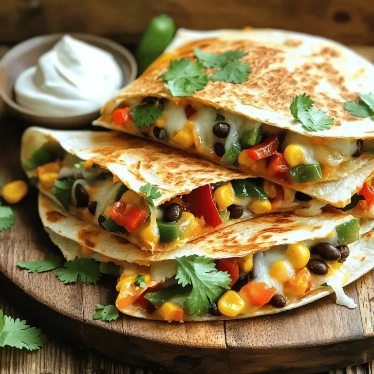 To make loaded veggie quesadillas, gather these key ingredients: - 4 large flour tortillas - 1 cup shredded cheese (cheddar or a blend) - 1 cup black beans, drained and rinsed - 1 red bell pepper, diced - 1 green bell pepper, diced - 1 small red onion, finely chopped - 1 cup corn kernels (fresh or frozen) - 1 tablespoon olive oil - 1 teaspoon cumin - 1 teaspoon smoked paprika - 1 teaspoon garlic powder - Salt and pepper to taste - Fresh cilantro, for garnish - Sour cream or Greek yogurt, for serving These ingredients create a tasty and filling meal. The black beans provide protein, while the peppers and corn add sweetness and crunch. You can use many vegetables for your quesadillas. Feel free to mix and match based on your taste. Here are some great choices: - Zucchini - Spinach - Mushrooms - Jalapeños for some heat To enhance the flavor, try adding spices like chili powder or fresh herbs. You could also splash some lime juice for a bright finish. Cheese plays a big role in quesadillas. Choose a cheese that melts well. Here are some great options: - Cheddar - Monterey Jack - Mozzarella - Pepper Jack for a spicy kick Mix different cheeses for a richer flavor. A blend can elevate your dish and make it even more delicious. For the full recipe, check out the details above. To make the filling, start by heating olive oil in a large skillet over medium heat. Add the chopped red onion and sauté for 2-3 minutes until it's clear. Next, toss in the diced red and green bell peppers. Sauté these for another 3-4 minutes until they soften. Now, stir in the corn, black beans, cumin, smoked paprika, garlic powder, salt, and pepper. Cook this mix for about 5 more minutes. This lets the flavors blend and warm through. The filling should smell amazing at this point. Now, it’s time to build your quesadillas. Heat a non-stick skillet over medium heat. Place one tortilla in the skillet. Sprinkle about ¼ cup of cheese evenly over the tortilla. Next, layer about ½ cup of the veggie and bean mix on top of the cheese. Sprinkle another ¼ cup of cheese over the veggies. Fold the tortilla in half. Cook for 3-4 minutes until the bottom is golden and crispy. Carefully flip it over and cook for another 3-4 minutes until it’s golden and the cheese has melted. For the crispiest quesadillas, keep the heat on medium. Too high and they might burn. Use a good non-stick skillet. This helps prevent sticking. You can also press down gently on the quesadilla with a spatula. This ensures even cooking. When it’s ready, let it cool for a minute before cutting. This helps keep the cheese inside. Follow these tips, and you will have crispy, golden quesadillas. For the complete recipe, check out the Full Recipe section. To keep your quesadillas crispy, use dry ingredients. Drain the black beans well. Pat them with a paper towel if needed. Don’t overload the filling. Stick to about half a cup per tortilla. This helps them cook evenly. Use a hot skillet for cooking. A hot pan gives a nice crunch. Always flip them gently to prevent filling from spilling out. You will need a few key tools to make these quesadillas. Use a non-stick skillet for easy cooking. A spatula helps you flip them without mess. A cutting board and knife are great for chopping veggies. Measuring cups are handy for precise portions. I also recommend a mixing bowl for combining your filling. These tools make cooking smoother. Serve your loaded veggie quesadillas with tasty sides. A fresh salad pairs well with them. Guacamole adds creaminess and flavor. You can also serve sour cream or Greek yogurt for dipping. Salsa adds a nice kick, too! Try some pickled jalapeños for spice. Add a squeeze of lime for brightness. These simple sides boost the meal's overall taste. For the full recipe, check the details above. {{image_2}} You can easily make these quesadillas plant-based. Swap out cheese for plant-based cheese. Use tofu or tempeh for added protein. You can also add other veggies like zucchini or spinach. These changes keep the dish tasty while being vegan-friendly. Want to add a kick? Toss in jalapeños for heat. Try adding chipotle powder for a smoky flavor. You can also mix in roasted sweet potatoes for sweetness. These twists bring new life to your quesadillas and keep meals exciting. If you want a cheese-free option, use avocado or hummus for creaminess. They add great taste and texture. You can also sprinkle nutritional yeast for a cheesy flavor without dairy. This option is perfect for those who need to avoid dairy. It keeps the quesadillas delicious and satisfying. For a complete guide on how to prepare these delicious quesadillas, check out the Full Recipe. You can store leftover quesadillas in an airtight container. Make sure they cool down first. Place parchment paper between layers to avoid sticking. They will stay fresh for up to three days in the fridge. To freeze your quesadillas, wrap each one tightly in plastic wrap. Then, place them in a freezer bag. This method keeps them safe from freezer burn. You can freeze them for up to three months. When ready to eat, defrost in the fridge overnight. Reheat quesadillas in a skillet over medium heat. This method keeps them crispy. Heat each side for about 3-4 minutes until hot. You can also use an oven. Preheat to 350°F and bake for 10-15 minutes. This method warms them evenly and keeps them tasty. For the best experience, enjoy with fresh toppings. Check out the Full Recipe for more tips. You can swap out any vegetable in this recipe. If you lack corn, use peas. Zucchini can replace bell peppers. Mushrooms add a nice touch too. Even spinach can work well. The goal is to keep the flavors balanced. Feel free to experiment with what you have on hand. Loaded veggie quesadillas last about 3 to 4 days in the fridge. Make sure to store them in an airtight container. This keeps them fresh and tasty. You can reheat them in a skillet or microwave. Just be careful not to overcook them again. Yes, you can prep loaded veggie quesadillas ahead of time. Assemble them and store them in the fridge. Just cook them when you are ready to serve. This makes a quick meal easy. You can also freeze them for longer storage. Just thaw and reheat when you are ready! Loaded veggie quesadillas are a fun and tasty meal. We covered key ingredients like vegetables, cheese, and flavor boosters. You learned how to prepare, assemble, and cook them for the perfect crispiness. I shared tips to avoid sogginess and suggested serving ideas. We explored variations, including plant-based options and freezing methods. Finally, I answered common questions about substitutes and storage. Embrace your creativity, and enjoy making these delicious quesadillas!