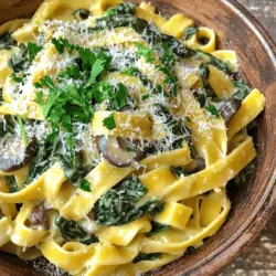 For this creamy spinach and mushroom pasta, gather these simple ingredients: - 8 oz fettuccine or pasta of choice - 2 tablespoons olive oil - 1 medium onion, finely chopped - 3 cloves garlic, minced - 8 oz mushrooms, sliced (button or cremini) - 4 cups fresh spinach, roughly chopped - 1 cup heavy cream (or coconut cream for a dairy-free option) - ½ cup grated parmesan cheese (or nutritional yeast for vegan option) - Salt and black pepper to taste - 1 teaspoon dried thyme - 1 teaspoon crushed red pepper flakes (optional) - Fresh parsley, chopped for garnish These ingredients create a rich and tasty dish. I love using fresh spinach and mushrooms. They add flavor and nutrition. The cream gives the pasta its creamy texture. You can switch up the cheese for a vegan version. The simplicity of these ingredients makes the dish easy to prepare. You probably have most of them at home. If you want to go dairy-free, try coconut cream and nutritional yeast. It still tastes amazing! Feel free to get creative with herbs and spices. Fresh herbs can brighten the dish. Enjoy making this creamy delight! For the full recipe, check out the detailed instructions in the next section. Start by boiling salted water in a large pot. Once it bubbles, add the fettuccine. Cook it according to the package instructions until it is al dente. This usually takes about 8 to 10 minutes. After that, drain the pasta in a colander, but remember to reserve about half a cup of the pasta water. This water will help make your sauce creamy later. Next, grab a large skillet and heat two tablespoons of olive oil over medium heat. Add the finely chopped onion. Sauté it until the onions look translucent, which should take about 3 to 4 minutes. Then, toss in minced garlic. Cook for another minute until it smells amazing. Now, it’s time for the mushrooms! Stir in the sliced mushrooms. Sauté them until they turn a lovely brown color and release their moisture. This will take about 5 to 7 minutes. Once browned, add the chopped spinach. Toss it in the skillet until it wilts, which should only take 2 to 3 minutes. Pour in one cup of heavy cream and bring that to a gentle simmer. Once it starts to bubble, mix in half a cup of grated parmesan cheese. Add salt, black pepper, and dried thyme to taste. If you want a little heat, sprinkle in some crushed red pepper flakes. Stir until the cheese melts and the sauce looks smooth and creamy. Add your cooked fettuccine to the skillet with the creamy sauce. Toss everything together, making sure the pasta is well coated. If the sauce is too thick for your liking, use that reserved pasta water to adjust it to your desired consistency. Finally, plate your creamy pasta. Make it look nice and inviting. Garnish with freshly chopped parsley on top for a pop of color. Enjoy your delicious creation! To make your sauce creamy, use the reserved pasta water. This starchy water helps adjust the sauce’s thickness. Start with a little and add more as needed. It brings a nice silkiness to the dish. For cream, I recommend heavy cream for a rich taste. If you want a lighter option, try coconut cream. It still gives you a creamy feel but adds a unique flavor twist. To boost the flavor, add fresh herbs like basil or parsley. You can also use spices like nutmeg or a pinch of lemon zest. These bright notes cut through the richness. To balance the creaminess, use a splash of lemon juice or white wine. This adds acidity and elevates the overall taste. For a beautiful plate, twirl the pasta into a nest shape. This creates height and looks fancy. You can also sprinkle extra parmesan and fresh herbs on top for color. Pair this dish with a simple green salad or garlic bread. Both add freshness and complement the creamy pasta well. For the full recipe, check out the details above! {{image_2}} To make this dish vegan, swap heavy cream for coconut cream. Coconut cream gives a rich taste that works well with the other flavors. Use nutritional yeast instead of parmesan to add a cheesy flavor without dairy. This option makes the dish creamy and delicious. You can boost the protein in this pasta by adding chicken or shrimp. Cook the chicken until it is golden brown before adding it to the sauce. For shrimp, sauté them until pink and tender. If you prefer plant-based protein, try adding cooked lentils or chickpeas. They add heartiness and pair nicely with the cream sauce. Feel free to mix up the veggies! Instead of spinach, try kale or Swiss chard. You can also add bell peppers, zucchini, or cherry tomatoes for a pop of color and flavor. These changes make it fun and keep the dish fresh every time you cook it. To store leftover creamy spinach and mushroom pasta, let it cool first. Place the pasta in an airtight container. Make sure to seal it well. This keeps the pasta fresh and tasty. Store it in the fridge for up to three days. When you’re ready to eat, check for off smells or odd colors before reheating. Want to save some creamy pasta for later? Freezing is a great option. First, let the pasta cool completely. Then, pack it into freezer-safe bags or containers. Remove as much air as possible to prevent freezer burn. Label the bags with the date. You can freeze it for up to three months. Just remember, the creamy sauce might change a bit in texture when thawed. To reheat, avoid the microwave if you can. Instead, use a skillet on low heat. Add a splash of water or broth to help revive the sauce. Stir gently until hot. This keeps the pasta creamy and flavorful. If using a microwave, heat in short bursts. Stir often to prevent hot spots. Enjoy your creamy pasta just like the first time! Yes, you can easily make this creamy pasta gluten-free. Use gluten-free pasta like rice, quinoa, or corn pasta. These options cook similarly and taste great. Just follow the package instructions for best results. The creamy pasta lasts about 3 to 5 days in the fridge. Store it in an airtight container. Always check for any signs of spoilage before eating. If it smells bad or looks off, do not eat it. Yes, you can prepare this dish ahead of time. Cook the pasta and sauce separately. Store them in the fridge for up to 3 days. When ready to eat, reheat the sauce and add the pasta. This keeps everything fresh and tasty. For the best results, add a splash of water to the sauce while reheating. This recipe shows how to make a creamy spinach and mushroom pasta dish. You learned about the key ingredients, step-by-step instructions, tips for flavor, and variations to try. Remember, cooking is fun and lets you be creative. Use the ideas here to make a meal you love. Enjoy sharing this yummy pasta with friends and family!