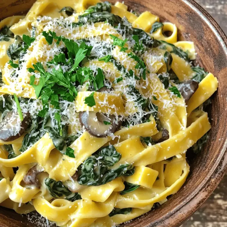 For this creamy spinach and mushroom pasta, gather these simple ingredients: - 8 oz fettuccine or pasta of choice - 2 tablespoons olive oil - 1 medium onion, finely chopped - 3 cloves garlic, minced - 8 oz mushrooms, sliced (button or cremini) - 4 cups fresh spinach, roughly chopped - 1 cup heavy cream (or coconut cream for a dairy-free option) - ½ cup grated parmesan cheese (or nutritional yeast for vegan option) - Salt and black pepper to taste - 1 teaspoon dried thyme - 1 teaspoon crushed red pepper flakes (optional) - Fresh parsley, chopped for garnish These ingredients create a rich and tasty dish. I love using fresh spinach and mushrooms. They add flavor and nutrition. The cream gives the pasta its creamy texture. You can switch up the cheese for a vegan version. The simplicity of these ingredients makes the dish easy to prepare. You probably have most of them at home. If you want to go dairy-free, try coconut cream and nutritional yeast. It still tastes amazing! Feel free to get creative with herbs and spices. Fresh herbs can brighten the dish. Enjoy making this creamy delight! For the full recipe, check out the detailed instructions in the next section. Start by boiling salted water in a large pot. Once it bubbles, add the fettuccine. Cook it according to the package instructions until it is al dente. This usually takes about 8 to 10 minutes. After that, drain the pasta in a colander, but remember to reserve about half a cup of the pasta water. This water will help make your sauce creamy later. Next, grab a large skillet and heat two tablespoons of olive oil over medium heat. Add the finely chopped onion. Sauté it until the onions look translucent, which should take about 3 to 4 minutes. Then, toss in minced garlic. Cook for another minute until it smells amazing. Now, it’s time for the mushrooms! Stir in the sliced mushrooms. Sauté them until they turn a lovely brown color and release their moisture. This will take about 5 to 7 minutes. Once browned, add the chopped spinach. Toss it in the skillet until it wilts, which should only take 2 to 3 minutes. Pour in one cup of heavy cream and bring that to a gentle simmer. Once it starts to bubble, mix in half a cup of grated parmesan cheese. Add salt, black pepper, and dried thyme to taste. If you want a little heat, sprinkle in some crushed red pepper flakes. Stir until the cheese melts and the sauce looks smooth and creamy. Add your cooked fettuccine to the skillet with the creamy sauce. Toss everything together, making sure the pasta is well coated. If the sauce is too thick for your liking, use that reserved pasta water to adjust it to your desired consistency. Finally, plate your creamy pasta. Make it look nice and inviting. Garnish with freshly chopped parsley on top for a pop of color. Enjoy your delicious creation! To make your sauce creamy, use the reserved pasta water. This starchy water helps adjust the sauce’s thickness. Start with a little and add more as needed. It brings a nice silkiness to the dish. For cream, I recommend heavy cream for a rich taste. If you want a lighter option, try coconut cream. It still gives you a creamy feel but adds a unique flavor twist. To boost the flavor, add fresh herbs like basil or parsley. You can also use spices like nutmeg or a pinch of lemon zest. These bright notes cut through the richness. To balance the creaminess, use a splash of lemon juice or white wine. This adds acidity and elevates the overall taste. For a beautiful plate, twirl the pasta into a nest shape. This creates height and looks fancy. You can also sprinkle extra parmesan and fresh herbs on top for color. Pair this dish with a simple green salad or garlic bread. Both add freshness and complement the creamy pasta well. For the full recipe, check out the details above! {{image_2}} To make this dish vegan, swap heavy cream for coconut cream. Coconut cream gives a rich taste that works well with the other flavors. Use nutritional yeast instead of parmesan to add a cheesy flavor without dairy. This option makes the dish creamy and delicious. You can boost the protein in this pasta by adding chicken or shrimp. Cook the chicken until it is golden brown before adding it to the sauce. For shrimp, sauté them until pink and tender. If you prefer plant-based protein, try adding cooked lentils or chickpeas. They add heartiness and pair nicely with the cream sauce. Feel free to mix up the veggies! Instead of spinach, try kale or Swiss chard. You can also add bell peppers, zucchini, or cherry tomatoes for a pop of color and flavor. These changes make it fun and keep the dish fresh every time you cook it. To store leftover creamy spinach and mushroom pasta, let it cool first. Place the pasta in an airtight container. Make sure to seal it well. This keeps the pasta fresh and tasty. Store it in the fridge for up to three days. When you’re ready to eat, check for off smells or odd colors before reheating. Want to save some creamy pasta for later? Freezing is a great option. First, let the pasta cool completely. Then, pack it into freezer-safe bags or containers. Remove as much air as possible to prevent freezer burn. Label the bags with the date. You can freeze it for up to three months. Just remember, the creamy sauce might change a bit in texture when thawed. To reheat, avoid the microwave if you can. Instead, use a skillet on low heat. Add a splash of water or broth to help revive the sauce. Stir gently until hot. This keeps the pasta creamy and flavorful. If using a microwave, heat in short bursts. Stir often to prevent hot spots. Enjoy your creamy pasta just like the first time! Yes, you can easily make this creamy pasta gluten-free. Use gluten-free pasta like rice, quinoa, or corn pasta. These options cook similarly and taste great. Just follow the package instructions for best results. The creamy pasta lasts about 3 to 5 days in the fridge. Store it in an airtight container. Always check for any signs of spoilage before eating. If it smells bad or looks off, do not eat it. Yes, you can prepare this dish ahead of time. Cook the pasta and sauce separately. Store them in the fridge for up to 3 days. When ready to eat, reheat the sauce and add the pasta. This keeps everything fresh and tasty. For the best results, add a splash of water to the sauce while reheating. This recipe shows how to make a creamy spinach and mushroom pasta dish. You learned about the key ingredients, step-by-step instructions, tips for flavor, and variations to try. Remember, cooking is fun and lets you be creative. Use the ideas here to make a meal you love. Enjoy sharing this yummy pasta with friends and family!