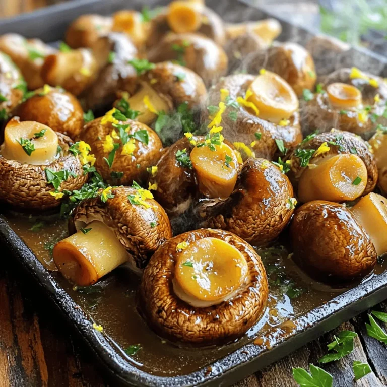 - 500g mixed mushrooms (button, cremini, portobello) - 4 tablespoons unsalted butter - 4 cloves garlic, minced - 1 tablespoon fresh thyme leaves - 1 tablespoon fresh parsley, chopped - 1 teaspoon salt - ½ teaspoon black pepper - Zest of 1 lemon - Optional: ¼ teaspoon red pepper flakes Choosing the right mushrooms is key. Mixed mushrooms add great flavor and texture. You can use button, cremini, and portobello. Each type brings its unique taste. If you want to switch it up, use shiitake or oyster mushrooms too. If you don't have fresh garlic, garlic powder works. Just use less, about 1/8 teaspoon per clove. For herbs, dried thyme can replace fresh thyme. Use one teaspoon of dried thyme instead of one tablespoon. Fresh herbs give the best taste, but dried ones work in a pinch. You will need a few simple tools to make this dish. - Baking sheet - Medium saucepan - Large mixing bowl First, set your oven to 200°C (400°F). This temperature helps the mushrooms roast well. Using parchment paper on your baking sheet is key. It keeps the mushrooms from sticking and makes cleanup easy. To clean the mushrooms, gently wipe them with a damp cloth. This removes dirt without soaking them. If you use large mushrooms, cut them in half or quarters. This step ensures even cooking and a nice texture. In a medium saucepan, melt 4 tablespoons of unsalted butter over low heat. Once it's melted, add 4 cloves of minced garlic, 1 tablespoon of fresh thyme, salt, and black pepper. If you want some heat, you can include red pepper flakes. Stir this mix for 1-2 minutes until it smells great. In a big bowl, toss your cleaned mushrooms with the garlic butter mixture. Make sure each mushroom is well-coated. Then, spread them on the baking sheet in a single layer. Roast them for 15-20 minutes. Stir halfway to cook evenly. You want them tender and golden brown. After roasting, sprinkle lemon zest and fresh parsley over the mushrooms. This adds brightness and color. Serve them warm as a side dish, or mix them into salads or pasta. For the complete recipe, check out [Full Recipe]. To make garlic butter roasted mushrooms truly shine, infuse your butter with fresh herbs. Melt butter in a saucepan over low heat, then add minced garlic and thyme. The heat brings out the flavors. Cook this mix for about two minutes until it smells amazing. For perfect garlic roasting, make sure your garlic doesn't burn. If it turns dark, it can taste bitter. Keep an eye on it while it cooks. Use fresh garlic for the best taste, as it gives a strong flavor that dried garlic cannot match. One common mistake is overcrowding the baking sheet. If the mushrooms are too close, they will steam instead of roast. This affects their texture and flavor. Spread them out evenly on the sheet. Another mistake is skipping the preheating step. Always preheat your oven to 200°C (400°F) before roasting. This helps cook the mushrooms evenly and gives them that beautiful golden color. These garlic butter roasted mushrooms are great with many dishes. They pair well with grilled chicken, steak, or fish. Their rich flavor enhances the taste of proteins, making meals more exciting. You can also incorporate them into salads or pasta dishes. Toss them into a fresh salad for added depth. For pasta, mix them with your favorite sauce for a hearty meal. For the full recipe, check out the complete steps! {{image_2}} You can easily change the flavor of garlic butter roasted mushrooms by adding cheese. Parmesan cheese melts well and adds a rich, salty taste. Feta cheese offers a tangy touch and pairs nicely with herbs. You can also play with herbs and spices. Try rosemary or oregano for a fresh twist. If you want heat, add chili flakes or smoked paprika. These changes let you create your own unique dish. You can cook mushrooms in several ways. Stovetop sautéing gives you a quick and easy method to get tender mushrooms. Just heat some butter or oil in a pan and cook the mushrooms until soft. Roasting in the oven brings out more flavor. The high heat makes the mushrooms crispy and caramelized. If you want a smoky flavor, try grilling them. Place the mushrooms on a grill and cook them until they have nice grill marks. If you follow a vegan diet, you can make a few simple swaps. Replace the butter with olive oil or vegan butter. This keeps the dish tasty without any animal products. For gluten-free options, this recipe is already gluten-free! Just ensure any added ingredients, like cheese, are also gluten-free. You can enjoy garlic butter roasted mushrooms without worry. For the full recipe, check out the details above! To keep your garlic butter roasted mushrooms fresh, store them in the fridge. Place the leftovers in an airtight container. This helps to lock in moisture and flavor. Make sure to use them within three days for the best taste. When you are ready to enjoy your mushrooms again, don’t just microwave them! This can make them soggy. Instead, heat them in a skillet over medium heat. Stir them for about five minutes until they are warm. You can also use an oven. Preheat it to 180°C (350°F) and heat the mushrooms for about 10 minutes. If you want to save some for later, you can freeze them. First, cool the mushrooms to room temperature. Next, spread them out on a baking sheet and freeze them for about an hour. This keeps them from clumping. After that, transfer them to a freezer-safe bag. When you want to use them, thaw them in the fridge overnight. Avoid thawing in water, as this can make them mushy. For the full recipe, check back on the main article. Yes, you can! For garlic butter roasted mushrooms, I recommend using a mix of button, cremini, and portobello mushrooms. Each type adds a unique flavor and texture. Button mushrooms are mild and tender, cremini have a deeper flavor, and portobello are meaty and hearty. Mixing these varieties gives your dish depth and interest. While fresh herbs are great, dried herbs work too. Fresh thyme and parsley add bright flavors and a nice look. They enhance the taste of garlic butter. Dried herbs, like thyme, are convenient and save time. Just remember, dried herbs are stronger, so use less. These mushrooms pair well with many dishes. Serve them with grilled meats, like chicken or steak. They also complement pasta or risotto, adding a savory touch. For a lighter meal, try them in a salad. Pair with a crisp white wine or a light beer to highlight the flavors. Yes, you can prepare garlic butter roasted mushrooms ahead of time. Cook them as directed, then cool completely. Store them in an airtight container in the fridge for up to three days. To reheat, place them in a warm oven or sauté in a pan until heated through. This keeps them tasty and avoids sogginess. For the full recipe, check the section above. This blog post covered how to make garlic butter roasted mushrooms. You learned about key ingredients, like fresh mushrooms and herbs. I shared tips for maximum flavor, common mistakes to avoid, and ways to store leftovers. Whether you roast, grill, or modify the recipe, enjoy creating this dish. It’s a great addition to many meals. Now, get cooking and savor your tasty mushrooms!