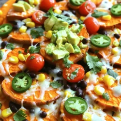 To make Loaded Sweet Potato Nachos, gather these ingredients: - 2 large sweet potatoes, sliced into thin rounds - 2 tablespoons olive oil - 1 teaspoon smoked paprika - 1 teaspoon garlic powder - Salt and pepper to taste - 1 cup black beans, drained and rinsed - 1 cup corn kernels (fresh, frozen, or canned) - 1 avocado, diced - 1 cup cherry tomatoes, halved - 1 cup shredded cheese (cheddar or a dairy-free alternative) - ¼ cup Greek yogurt or sour cream (for serving) - Fresh cilantro, chopped (for garnish) - Jalapeños, sliced (optional for spice) Sweet Potatoes: Rich in vitamins A and C, sweet potatoes offer fiber and antioxidants. They provide a natural sweetness that pairs well with savory toppings. Olive Oil: A healthy fat source, olive oil adds flavor and helps with cooking. It's high in monounsaturated fats, which are good for heart health. Smoked Paprika: This spice brings a rich, smoky flavor. It adds depth to the dish without extra calories. Garlic Powder: Garlic adds flavor and has health benefits, like boosting immunity. Black Beans: Packed with protein and fiber, black beans help keep you full and satisfied. They add a creamy texture to the nachos. Corn Kernels: Sweet and crunchy, corn provides vitamins and adds nice color to the dish. Avocado: High in healthy fats, avocado adds creaminess and a fresh taste. Cherry Tomatoes: These small bursts of flavor are low in calories and high in vitamins. Shredded Cheese: Cheese adds richness and flavor. Choose your favorite type for the best taste. Greek Yogurt/Sour Cream: These add creaminess and tang. Greek yogurt is a healthier choice, packed with protein. Fresh Cilantro: This herb adds freshness and brightness to each bite. Jalapeños: If you like heat, jalapeños can spice things up. They add flavor and a kick. If you need to swap ingredients, try these ideas: - Sweet Potatoes: Use regular potatoes or zucchini slices for a different base. - Olive Oil: Coconut oil or avocado oil work well in place of olive oil. - Black Beans: Try kidney beans or pinto beans for a change. - Corn Kernels: You can use peas or diced bell peppers instead. - Cheese: Nutritional yeast is a great dairy-free option for flavor. - Greek Yogurt: Cashew cream can replace Greek yogurt for a vegan choice. - Fresh Cilantro: Parsley or green onions can add a fresh touch as well. These tips can help you customize your Loaded Sweet Potato Nachos to fit your taste and needs while keeping them delicious and fun! For the full recipe, refer to the earlier section. To start, you need two large sweet potatoes. Slice them into thin rounds. Aim for even slices for even cooking. Place the slices in a large bowl. Drizzle with two tablespoons of olive oil. Add one teaspoon of smoked paprika and one teaspoon of garlic powder. Season with salt and pepper. Toss everything together until the sweet potato slices are well coated. Preheat your oven to 425°F (220°C). Spread the sweet potato rounds out on a large baking sheet. Make sure they are in a single layer. This helps them roast evenly. Roast them in the oven for about 20-25 minutes. Flip them halfway through. You want them tender and crispy around the edges. Once the sweet potatoes are done, take them out of the oven. Sprinkle one cup of black beans and one cup of corn over the sweet potatoes. Then, add one cup of shredded cheese. Return the pan to the oven and bake for 5-7 minutes. Watch for the cheese to melt and bubble. When it’s ready, remove the nachos from the oven. Let them cool for a few minutes. Top with diced avocado, halved cherry tomatoes, and jalapeños if you like spice. Add a dollop of Greek yogurt or sour cream. Finish with a sprinkle of fresh cilantro. Enjoy your loaded sweet potato nachos! For the full recipe, check out the detailed instructions above. To get crispy sweet potatoes, use a few key steps. First, cut the sweet potatoes into thin rounds. Thinner slices cook faster and turn crispier. Next, toss the slices in olive oil, smoked paprika, and garlic powder. Make sure to coat them well. Spread the rounds out on a baking sheet. Avoid crowding them, as this can lead to steaming rather than roasting. Bake at 425°F (220°C) for 20-25 minutes. Flip the slices halfway through. You'll know they are ready when they are tender and golden on the edges. You can make these nachos your own! Start with the basic ingredients, like black beans and corn. Then, add your favorite toppings. Try diced bell peppers or onions for a crunch. For a kick, add jalapeños or hot sauce. If you love cheese, experiment with different types. Pepper jack or a vegan cheese can add unique flavors. You can even swap the black beans for pinto beans or lentils. The choice is yours, so feel free to mix and match! When serving Loaded Sweet Potato Nachos, think about balance. Pair them with a refreshing drink, like iced tea or lemonade. A light salad on the side can also work well. For dipping, offer Greek yogurt or sour cream. It adds creaminess and cools down the spice. You can also top the nachos with fresh cilantro or green onions for a pop of color. Everyone will enjoy this colorful and tasty dish! For more details, check out the Full Recipe. {{image_2}} You can easily make these nachos fit a vegetarian or vegan diet. Start by using dairy-free cheese. Brands like Daiya or Violife melt well and taste great. Replace Greek yogurt with a vegan sour cream or a cashew cream. Fresh herbs like cilantro or parsley add flavor without dairy. This way, everyone can enjoy the dish! Adjust the heat to match your taste. If you love spice, add sliced jalapeños on top before baking. You can also sprinkle some chili powder or cayenne on the sweet potatoes. For a milder version, skip the jalapeños and focus on flavors like smoked paprika and garlic. This keeps it tasty without too much heat. Want to make these nachos heartier? Add a protein source! Black beans are already in the recipe, but you can mix in cooked quinoa or lentils. For meat lovers, shredded chicken or turkey works well too. If you want a fun twist, try crumbled tofu or tempeh for a plant-based option. Protein boosts the meal's nutrition and keeps you full longer. For the full recipe, check out the details above. To store leftover loaded sweet potato nachos, first let them cool down. Placing them in an airtight container keeps them fresh. You can store them in the fridge for up to three days. If you have extra toppings, like avocado or sour cream, store those separately to prevent sogginess. When you’re ready to enjoy your leftovers, you can reheat them in the oven. Preheat the oven to 350°F (175°C). Place the nachos on a baking sheet. Heat for about 10-15 minutes or until warmed through. This method keeps the sweet potatoes crispy. If you use a microwave, heat them in short bursts to avoid making them chewy. Freezing loaded sweet potato nachos is possible but not ideal. The texture may change when thawed. If you want to freeze them, first separate the toppings. Store the sweet potatoes and beans together in a freezer-safe bag. They can last up to three months. When you’re ready, thaw in the fridge overnight and then reheat as mentioned above. For the best taste, make fresh toppings when you serve them. For the full recipe, refer back to the beginning of this article. Yes, you can prep the sweet potatoes ahead. Slice them and store in water to keep fresh. You can roast them right before serving. This keeps them crispy and tasty. The best toppings are black beans, corn, and cheese. Avocado and cherry tomatoes add freshness. For some heat, try jalapeños. Fresh cilantro makes it bright and flavorful. This recipe is already gluten-free. Sweet potatoes, beans, and fresh toppings do not contain gluten. Just check the cheese and yogurt labels to ensure they are gluten-free. Yes, they are a healthy choice! Sweet potatoes are high in vitamins. Beans add protein and fiber. When you use fresh toppings, they add nutrients and flavor without extra calories. To add spice, use jalapeños on top. You can also sprinkle some cayenne pepper on the sweet potatoes. For a different flavor, add hot sauce before serving. Enjoy the heat! Check out the Full Recipe for a step-by-step guide on making these delicious nachos. Loaded sweet potato nachos offer a fun twist on a classic dish. We explored ingredients, cooking techniques, and customization options. You learned how to achieve perfect sweetness and crispiness with simple tips. Whether you want a healthy snack or a hearty meal, these nachos fit the bill. With variations for different diets and easy storage, you can enjoy these nachos anytime. Now, get creative, and enjoy your tasty and satisfying treat!