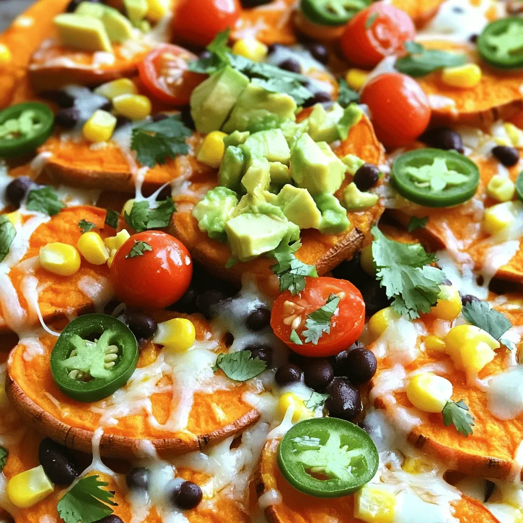 To make Loaded Sweet Potato Nachos, gather these ingredients: - 2 large sweet potatoes, sliced into thin rounds - 2 tablespoons olive oil - 1 teaspoon smoked paprika - 1 teaspoon garlic powder - Salt and pepper to taste - 1 cup black beans, drained and rinsed - 1 cup corn kernels (fresh, frozen, or canned) - 1 avocado, diced - 1 cup cherry tomatoes, halved - 1 cup shredded cheese (cheddar or a dairy-free alternative) - ¼ cup Greek yogurt or sour cream (for serving) - Fresh cilantro, chopped (for garnish) - Jalapeños, sliced (optional for spice) Sweet Potatoes: Rich in vitamins A and C, sweet potatoes offer fiber and antioxidants. They provide a natural sweetness that pairs well with savory toppings. Olive Oil: A healthy fat source, olive oil adds flavor and helps with cooking. It's high in monounsaturated fats, which are good for heart health. Smoked Paprika: This spice brings a rich, smoky flavor. It adds depth to the dish without extra calories. Garlic Powder: Garlic adds flavor and has health benefits, like boosting immunity. Black Beans: Packed with protein and fiber, black beans help keep you full and satisfied. They add a creamy texture to the nachos. Corn Kernels: Sweet and crunchy, corn provides vitamins and adds nice color to the dish. Avocado: High in healthy fats, avocado adds creaminess and a fresh taste. Cherry Tomatoes: These small bursts of flavor are low in calories and high in vitamins. Shredded Cheese: Cheese adds richness and flavor. Choose your favorite type for the best taste. Greek Yogurt/Sour Cream: These add creaminess and tang. Greek yogurt is a healthier choice, packed with protein. Fresh Cilantro: This herb adds freshness and brightness to each bite. Jalapeños: If you like heat, jalapeños can spice things up. They add flavor and a kick. If you need to swap ingredients, try these ideas: - Sweet Potatoes: Use regular potatoes or zucchini slices for a different base. - Olive Oil: Coconut oil or avocado oil work well in place of olive oil. - Black Beans: Try kidney beans or pinto beans for a change. - Corn Kernels: You can use peas or diced bell peppers instead. - Cheese: Nutritional yeast is a great dairy-free option for flavor. - Greek Yogurt: Cashew cream can replace Greek yogurt for a vegan choice. - Fresh Cilantro: Parsley or green onions can add a fresh touch as well. These tips can help you customize your Loaded Sweet Potato Nachos to fit your taste and needs while keeping them delicious and fun! For the full recipe, refer to the earlier section. To start, you need two large sweet potatoes. Slice them into thin rounds. Aim for even slices for even cooking. Place the slices in a large bowl. Drizzle with two tablespoons of olive oil. Add one teaspoon of smoked paprika and one teaspoon of garlic powder. Season with salt and pepper. Toss everything together until the sweet potato slices are well coated. Preheat your oven to 425°F (220°C). Spread the sweet potato rounds out on a large baking sheet. Make sure they are in a single layer. This helps them roast evenly. Roast them in the oven for about 20-25 minutes. Flip them halfway through. You want them tender and crispy around the edges. Once the sweet potatoes are done, take them out of the oven. Sprinkle one cup of black beans and one cup of corn over the sweet potatoes. Then, add one cup of shredded cheese. Return the pan to the oven and bake for 5-7 minutes. Watch for the cheese to melt and bubble. When it’s ready, remove the nachos from the oven. Let them cool for a few minutes. Top with diced avocado, halved cherry tomatoes, and jalapeños if you like spice. Add a dollop of Greek yogurt or sour cream. Finish with a sprinkle of fresh cilantro. Enjoy your loaded sweet potato nachos! For the full recipe, check out the detailed instructions above. To get crispy sweet potatoes, use a few key steps. First, cut the sweet potatoes into thin rounds. Thinner slices cook faster and turn crispier. Next, toss the slices in olive oil, smoked paprika, and garlic powder. Make sure to coat them well. Spread the rounds out on a baking sheet. Avoid crowding them, as this can lead to steaming rather than roasting. Bake at 425°F (220°C) for 20-25 minutes. Flip the slices halfway through. You'll know they are ready when they are tender and golden on the edges. You can make these nachos your own! Start with the basic ingredients, like black beans and corn. Then, add your favorite toppings. Try diced bell peppers or onions for a crunch. For a kick, add jalapeños or hot sauce. If you love cheese, experiment with different types. Pepper jack or a vegan cheese can add unique flavors. You can even swap the black beans for pinto beans or lentils. The choice is yours, so feel free to mix and match! When serving Loaded Sweet Potato Nachos, think about balance. Pair them with a refreshing drink, like iced tea or lemonade. A light salad on the side can also work well. For dipping, offer Greek yogurt or sour cream. It adds creaminess and cools down the spice. You can also top the nachos with fresh cilantro or green onions for a pop of color. Everyone will enjoy this colorful and tasty dish! For more details, check out the Full Recipe. {{image_2}} You can easily make these nachos fit a vegetarian or vegan diet. Start by using dairy-free cheese. Brands like Daiya or Violife melt well and taste great. Replace Greek yogurt with a vegan sour cream or a cashew cream. Fresh herbs like cilantro or parsley add flavor without dairy. This way, everyone can enjoy the dish! Adjust the heat to match your taste. If you love spice, add sliced jalapeños on top before baking. You can also sprinkle some chili powder or cayenne on the sweet potatoes. For a milder version, skip the jalapeños and focus on flavors like smoked paprika and garlic. This keeps it tasty without too much heat. Want to make these nachos heartier? Add a protein source! Black beans are already in the recipe, but you can mix in cooked quinoa or lentils. For meat lovers, shredded chicken or turkey works well too. If you want a fun twist, try crumbled tofu or tempeh for a plant-based option. Protein boosts the meal's nutrition and keeps you full longer. For the full recipe, check out the details above. To store leftover loaded sweet potato nachos, first let them cool down. Placing them in an airtight container keeps them fresh. You can store them in the fridge for up to three days. If you have extra toppings, like avocado or sour cream, store those separately to prevent sogginess. When you’re ready to enjoy your leftovers, you can reheat them in the oven. Preheat the oven to 350°F (175°C). Place the nachos on a baking sheet. Heat for about 10-15 minutes or until warmed through. This method keeps the sweet potatoes crispy. If you use a microwave, heat them in short bursts to avoid making them chewy. Freezing loaded sweet potato nachos is possible but not ideal. The texture may change when thawed. If you want to freeze them, first separate the toppings. Store the sweet potatoes and beans together in a freezer-safe bag. They can last up to three months. When you’re ready, thaw in the fridge overnight and then reheat as mentioned above. For the best taste, make fresh toppings when you serve them. For the full recipe, refer back to the beginning of this article. Yes, you can prep the sweet potatoes ahead. Slice them and store in water to keep fresh. You can roast them right before serving. This keeps them crispy and tasty. The best toppings are black beans, corn, and cheese. Avocado and cherry tomatoes add freshness. For some heat, try jalapeños. Fresh cilantro makes it bright and flavorful. This recipe is already gluten-free. Sweet potatoes, beans, and fresh toppings do not contain gluten. Just check the cheese and yogurt labels to ensure they are gluten-free. Yes, they are a healthy choice! Sweet potatoes are high in vitamins. Beans add protein and fiber. When you use fresh toppings, they add nutrients and flavor without extra calories. To add spice, use jalapeños on top. You can also sprinkle some cayenne pepper on the sweet potatoes. For a different flavor, add hot sauce before serving. Enjoy the heat! Check out the Full Recipe for a step-by-step guide on making these delicious nachos. Loaded sweet potato nachos offer a fun twist on a classic dish. We explored ingredients, cooking techniques, and customization options. You learned how to achieve perfect sweetness and crispiness with simple tips. Whether you want a healthy snack or a hearty meal, these nachos fit the bill. With variations for different diets and easy storage, you can enjoy these nachos anytime. Now, get creative, and enjoy your tasty and satisfying treat!