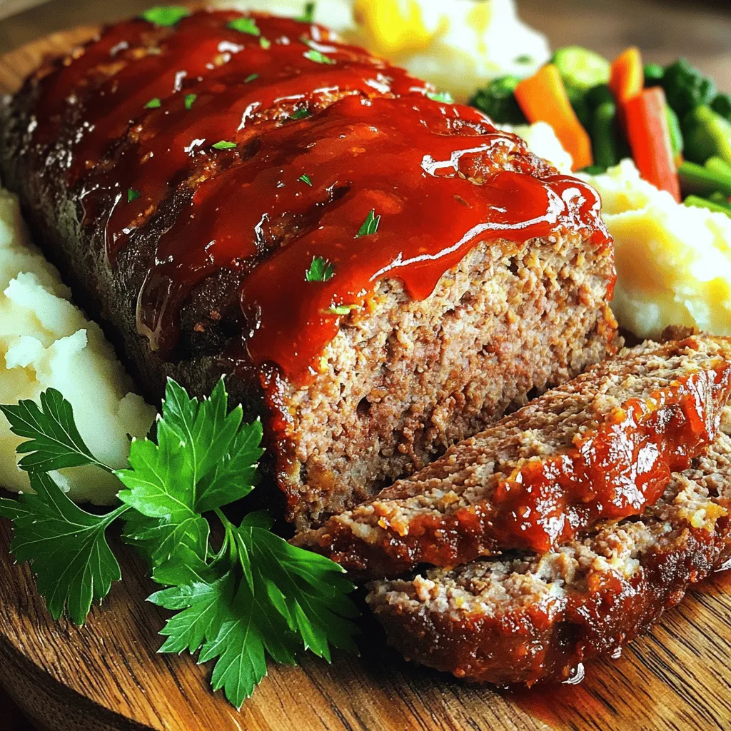 To make a great meatloaf, you need key ingredients. The star is ground beef. I use 1 ½ lbs for a juicy texture. Next, breadcrumbs help bind the meat together. One cup is perfect. You also need a small onion, finely chopped, and two cloves of minced garlic. These add nice flavor. Don’t forget two eggs and half a cup of milk. They keep the meatloaf moist. Seasonings elevate your meatloaf to another level. Worcestershire sauce adds depth; use two tablespoons. Dried oregano and thyme bring warmth; one teaspoon each is enough. A half teaspoon of black pepper and salt gives it a good kick. Lastly, use half a cup of ketchup. It adds sweetness and moisture. You can mix in one tablespoon of brown sugar for extra flavor. Want to jazz up your meatloaf? Add-ins can do just that. You might try diced bell peppers or mushrooms for added texture. Shredded cheese can make it rich and creamy. For a hint of heat, consider adding diced jalapeños. Just remember to balance flavors. You want to keep it classic, but don't be afraid to experiment. Check the Full Recipe for more ideas. To make a great meatloaf, start with fresh ingredients. Gather everything before you begin. You'll need: - 1 ½ lbs ground beef - 1 cup breadcrumbs - 1 small onion, finely chopped - 2 cloves garlic, minced - 2 eggs - ½ cup milk - 2 tablespoons Worcestershire sauce - 1 teaspoon dried oregano - 1 teaspoon dried thyme - ½ teaspoon black pepper - ½ teaspoon salt - ½ cup ketchup (plus extra for topping) - 1 tablespoon brown sugar Wash your hands and grab a large mixing bowl. Chop the onion and garlic finely. This helps them blend well into the meatloaf. Now, combine your ground beef, breadcrumbs, chopped onion, and minced garlic in the bowl. Use your hands or a spoon to mix gently. It is key to not overwork the meat. Overworking can make the meatloaf tough. In another bowl, whisk together the eggs, milk, Worcestershire sauce, oregano, thyme, black pepper, and salt. Mix until smooth. This mixture adds moisture and flavor. Pour it into the meat mixture. Combine everything until it's just mixed. You can cook your meatloaf in two ways: baking or slow cooking. Baking is faster. Preheat your oven to 350°F (175°C) and bake for about 1 hour. The meatloaf is done when it reaches 160°F (71°C) inside. For slow cooking, shape your loaf and place it in a slow cooker. Set it on low for 6 to 8 hours. This method makes it very tender and juicy. Whichever method you choose, let the meatloaf rest for 10 minutes before slicing. This helps keep all the juices inside. Enjoy your meal! To keep your meatloaf moist, use enough fat. Ground beef with 15-20% fat works best. Also, don’t skip the milk and eggs. These ingredients add moisture and help bind everything together. Mix gently to avoid overworking the meat. Too much mixing makes it tough. Cook your meatloaf at 350°F (175°C). Use a meat thermometer to check the center. The meatloaf should reach 160°F (71°C) for safety. If you don’t have a thermometer, check if the juices run clear when you cut into it. Let your meatloaf rest for 10 minutes after baking. This helps the juices redistribute. Slicing too soon can dry it out. Resting improves the flavor and texture. Enjoy your meatloaf with a side of mashed potatoes and veggies for a complete meal. For the full recipe, refer to Mama's Savory Meatloaf. {{image_2}} Topping your meatloaf can add flavor and fun. Try using a mix of ketchup and brown sugar, as mentioned in the Full Recipe. This combo adds sweetness and a nice glaze. You can also use barbecue sauce or a spicy chili sauce for a twist. If you like cheese, sprinkle some shredded cheddar on top during the last 10 minutes of baking. For a fresh touch, add chopped herbs like parsley or chives before serving. While ground beef is classic, you can try other meats. Ground turkey or chicken makes a lighter meatloaf. Pork adds a rich flavor. You can also mix different meats for a unique taste. For example, a blend of beef and pork brings out the best in both. Just keep in mind that cooking times may vary with different meats. Always check the internal temperature to ensure it’s safe. Want to make your meatloaf gluten-free? Swap breadcrumbs for almond flour or crushed gluten-free crackers. For a low-carb version, use cauliflower rice instead of breadcrumbs. This keeps the meatloaf moist while cutting carbs. You can also add finely grated vegetables like zucchini or carrots for extra moisture and nutrients. Don’t forget to adjust seasonings based on any changes you make. After cooking, let your meatloaf cool for a bit. Wrap it tightly in plastic wrap or foil. You can also use an airtight container. Keep it in the fridge for up to four days. This way, it stays fresh and tasty. To freeze meatloaf, slice it into portions. Wrap each slice in plastic wrap, then foil. This helps prevent freezer burn. Store the wrapped slices in a freezer bag. Meatloaf can last for up to three months in the freezer. When ready to eat, just thaw it in the fridge overnight. Reheat your meatloaf in the oven for best results. Preheat your oven to 350°F (175°C). Place the meatloaf slices in a baking dish. Cover with foil to keep it moist. Heat for about 20 minutes, or until warm. You can also use a microwave. Just place a slice on a plate and cover it. Heat for 1-2 minutes, checking often. Enjoy it with a drizzle of ketchup on top. For more details, refer to the Full Recipe. The best temperature to cook meatloaf is 350°F (175°C). This allows the meat to cook through evenly. Use a meat thermometer to check that the center reaches 160°F (71°C). This ensures your meatloaf is safe to eat and juicy. Yes, you can make meatloaf ahead of time. Prepare the meatloaf, but do not bake it. Cover it tightly with plastic wrap and place it in the fridge. You can store it for up to 24 hours before baking. This makes dinner easy on busy nights. You can store leftover meatloaf in the fridge for about 3 to 4 days. Make sure to place it in an airtight container. If you want to keep it longer, you can freeze it. Wrapped tightly, it can last for 3 months in the freezer. If your meatloaf falls apart, it may lack enough binding agents. Make sure to use enough breadcrumbs and eggs. Also, avoid overmixing the meat. This can make it tough. Letting it rest after baking helps it hold together better when you slice it. Classic sides for meatloaf include mashed potatoes and steamed vegetables. You can also serve it with a fresh salad or roasted carrots. These options balance the rich flavors of the meatloaf. For more ideas, check out the Full Recipe section. To sum up, we explored the key parts of making meatloaf. We talked about essential ingredients, seasoning, and tasty add-ins. You learned clear steps for mixing, cooking, and how to avoid dryness. We covered fun variations, proper storage, and answered common questions. Meatloaf can be simple or unique, depending on your choices. Enjoy making your own meatloaf!