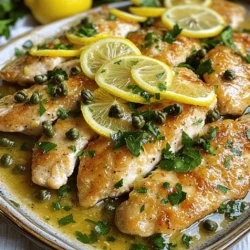 To make Simple Chicken Piccata, you need a few key items. Here’s what you’ll need: - 4 boneless, skinless chicken breasts - Salt and pepper to taste - 1/2 cup all-purpose flour - 4 tablespoons olive oil - 2 tablespoons unsalted butter - 2 cloves garlic, minced - 1 cup chicken broth - Juice of 1 large lemon (about 3-4 tablespoons) - 2 tablespoons capers, rinsed - Fresh parsley, chopped (for garnish) These ingredients create a bright and zesty dish that shines on any table. While the essential ingredients are great, you can add a few optional ones. These will take your dish to the next level: - White wine adds depth and richness. - Fresh herbs like thyme or basil for extra flavor. - A dash of red pepper flakes for a hint of spice. Feel free to mix and match based on your taste. Sometimes, you might not have all the ingredients. Here are some substitutes: - For chicken broth, you can use vegetable broth. - If you don’t have capers, try chopped green olives instead. - Use lemon zest if you want more lemony flavor. Always taste as you go. This helps you adjust flavors to your liking. For the full recipe, check the detailed instructions provided above. First, take your chicken breasts. Season both sides with salt and pepper. This step adds great flavor. Next, dredge each breast in flour. Shake off any extra flour. This helps create a nice crust when you cook them. Heat a large skillet over medium-high heat. Add 2 tablespoons of olive oil. When the oil is hot, add the chicken breasts. Cook for 4-5 minutes on each side. You want them golden brown and fully cooked. Once done, remove the chicken from the skillet and set it aside. In the same skillet, add the rest of the olive oil and the butter. Once the butter melts, add minced garlic. Sauté for about 30 seconds until you smell its nice aroma. Pour in the chicken broth and lemon juice. Scrape the bottom of the skillet to mix in all the flavorful bits. Stir in the rinsed capers. Let the sauce simmer for 2-3 minutes to reduce slightly. Finally, return the chicken to the skillet, coating it in the sauce. Cook for another minute to warm through. Enjoy your Simple Chicken Piccata! For the full recipe, check out the details above. To make the best chicken piccata, start with good chicken. Choose fresh, high-quality breasts. Season them well with salt and pepper. Dredge the chicken in flour lightly. This helps create a nice crust. Heat the skillet well before adding the chicken. This ensures a good sear. Cook the chicken until golden brown on both sides. Don’t overcrowd the pan; work in batches if needed. Keep a close eye on the cooking time. Aim for about 4-5 minutes per side. Chicken piccata shines on its own but loves good company. Serve it over a bed of pasta for a hearty meal. A side of steamed veggies adds color and nutrition. Garlic bread is a great choice, too. The crispy texture pairs well with the sauce. For drinks, a chilled white wine complements the lemon flavor. If you prefer non-alcoholic options, iced tea or sparkling water works well. Store any leftovers in an airtight container. Keep them in the fridge for up to three days. When reheating, use a skillet over low heat. Add a splash of chicken broth to keep it moist. You can also reheat in the microwave. Just cover it to prevent drying out. For best taste, enjoy it fresh. But the flavors will still be good for a few days. For a quick meal, the leftovers are perfect! You can even make a sandwich. Just add some greens and your favorite spread. For the full recipe, check out the Zesty Lemon Herb Chicken Piccata. {{image_2}} You can swap chicken for other proteins in chicken piccata. Fish works well here. Use thin fillets of tilapia or sole. They cook quickly and soak up flavors. Pork is another tasty choice. Pork chops or tenderloin also shine in this dish. Just adjust cooking times to ensure they are cooked through. If you want a vegetarian take, try using eggplant or mushrooms. Slice the eggplant into rounds and cook until golden. For mushrooms, use large portobellos. They have a nice texture and flavor. Both options absorb the lemon and caper sauce beautifully. Add some fresh spinach for extra color and nutrition. The sauce is where you can get creative! Try adding white wine for depth. This adds a nice zing to the dish. You can also mix in fresh herbs like thyme or basil. For a spicy kick, add red pepper flakes. Each variation can change the taste, making it fun to explore. Check the Full Recipe for the basic steps and more ideas. To keep your chicken piccata fresh, let it cool first. Place the chicken and sauce in a container. Use an airtight container to avoid air exposure. Store it in the fridge for up to three days. Label the container with the date for easy tracking. If you want to freeze chicken piccata, follow these steps. Cool the dish completely before freezing. Transfer the chicken and sauce into freezer bags. Remove as much air as possible to prevent freezer burn. You can freeze it for up to three months. Make sure to label each bag with the date and contents. When reheating chicken piccata, use a stovetop or microwave. For stovetop, place the chicken in a skillet over low heat. Add a splash of chicken broth or water to keep it moist. Cover the pan to trap steam, which helps to warm it evenly. For the microwave, heat in short intervals to avoid overcooking. Stir the sauce to blend flavors before serving. Enjoy your dish with its fresh taste! You can make Simple Chicken Piccata in just 20 minutes. The prep takes about 10 minutes. Cooking the chicken and sauce takes the remaining 10 minutes. It’s quick and easy. Yes, you can make chicken piccata ahead of time. Cook it, let it cool, and store in the fridge. When ready to serve, just reheat in a pan. Add a splash of chicken broth to keep it moist. If you don’t have capers, you can use green olives instead. They add a nice briny taste. You can also use chopped pickles for a similar flavor. Just remember, the taste will change a bit, but it will still be tasty. For the full recipe, check out the [Full Recipe]. Simple Chicken Piccata is a dish that shines with fresh flavors. We explored essential ingredients, plus options to elevate your meal. I shared easy steps for preparation and cooking. Cooking tips ensure your chicken turns out just right every time. You can even find variations to suit different tastes. Remember, proper storage makes leftovers just as tasty. With this info, you can cook or adapt this dish now. Dive into making it for your next meal. Enjoy the fresh flavors and have fun in the kitchen!