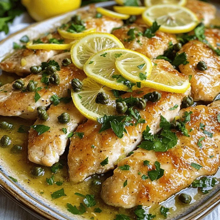 To make Simple Chicken Piccata, you need a few key items. Here’s what you’ll need: - 4 boneless, skinless chicken breasts - Salt and pepper to taste - 1/2 cup all-purpose flour - 4 tablespoons olive oil - 2 tablespoons unsalted butter - 2 cloves garlic, minced - 1 cup chicken broth - Juice of 1 large lemon (about 3-4 tablespoons) - 2 tablespoons capers, rinsed - Fresh parsley, chopped (for garnish) These ingredients create a bright and zesty dish that shines on any table. While the essential ingredients are great, you can add a few optional ones. These will take your dish to the next level: - White wine adds depth and richness. - Fresh herbs like thyme or basil for extra flavor. - A dash of red pepper flakes for a hint of spice. Feel free to mix and match based on your taste. Sometimes, you might not have all the ingredients. Here are some substitutes: - For chicken broth, you can use vegetable broth. - If you don’t have capers, try chopped green olives instead. - Use lemon zest if you want more lemony flavor. Always taste as you go. This helps you adjust flavors to your liking. For the full recipe, check the detailed instructions provided above. First, take your chicken breasts. Season both sides with salt and pepper. This step adds great flavor. Next, dredge each breast in flour. Shake off any extra flour. This helps create a nice crust when you cook them. Heat a large skillet over medium-high heat. Add 2 tablespoons of olive oil. When the oil is hot, add the chicken breasts. Cook for 4-5 minutes on each side. You want them golden brown and fully cooked. Once done, remove the chicken from the skillet and set it aside. In the same skillet, add the rest of the olive oil and the butter. Once the butter melts, add minced garlic. Sauté for about 30 seconds until you smell its nice aroma. Pour in the chicken broth and lemon juice. Scrape the bottom of the skillet to mix in all the flavorful bits. Stir in the rinsed capers. Let the sauce simmer for 2-3 minutes to reduce slightly. Finally, return the chicken to the skillet, coating it in the sauce. Cook for another minute to warm through. Enjoy your Simple Chicken Piccata! For the full recipe, check out the details above. To make the best chicken piccata, start with good chicken. Choose fresh, high-quality breasts. Season them well with salt and pepper. Dredge the chicken in flour lightly. This helps create a nice crust. Heat the skillet well before adding the chicken. This ensures a good sear. Cook the chicken until golden brown on both sides. Don’t overcrowd the pan; work in batches if needed. Keep a close eye on the cooking time. Aim for about 4-5 minutes per side. Chicken piccata shines on its own but loves good company. Serve it over a bed of pasta for a hearty meal. A side of steamed veggies adds color and nutrition. Garlic bread is a great choice, too. The crispy texture pairs well with the sauce. For drinks, a chilled white wine complements the lemon flavor. If you prefer non-alcoholic options, iced tea or sparkling water works well. Store any leftovers in an airtight container. Keep them in the fridge for up to three days. When reheating, use a skillet over low heat. Add a splash of chicken broth to keep it moist. You can also reheat in the microwave. Just cover it to prevent drying out. For best taste, enjoy it fresh. But the flavors will still be good for a few days. For a quick meal, the leftovers are perfect! You can even make a sandwich. Just add some greens and your favorite spread. For the full recipe, check out the Zesty Lemon Herb Chicken Piccata. {{image_2}} You can swap chicken for other proteins in chicken piccata. Fish works well here. Use thin fillets of tilapia or sole. They cook quickly and soak up flavors. Pork is another tasty choice. Pork chops or tenderloin also shine in this dish. Just adjust cooking times to ensure they are cooked through. If you want a vegetarian take, try using eggplant or mushrooms. Slice the eggplant into rounds and cook until golden. For mushrooms, use large portobellos. They have a nice texture and flavor. Both options absorb the lemon and caper sauce beautifully. Add some fresh spinach for extra color and nutrition. The sauce is where you can get creative! Try adding white wine for depth. This adds a nice zing to the dish. You can also mix in fresh herbs like thyme or basil. For a spicy kick, add red pepper flakes. Each variation can change the taste, making it fun to explore. Check the Full Recipe for the basic steps and more ideas. To keep your chicken piccata fresh, let it cool first. Place the chicken and sauce in a container. Use an airtight container to avoid air exposure. Store it in the fridge for up to three days. Label the container with the date for easy tracking. If you want to freeze chicken piccata, follow these steps. Cool the dish completely before freezing. Transfer the chicken and sauce into freezer bags. Remove as much air as possible to prevent freezer burn. You can freeze it for up to three months. Make sure to label each bag with the date and contents. When reheating chicken piccata, use a stovetop or microwave. For stovetop, place the chicken in a skillet over low heat. Add a splash of chicken broth or water to keep it moist. Cover the pan to trap steam, which helps to warm it evenly. For the microwave, heat in short intervals to avoid overcooking. Stir the sauce to blend flavors before serving. Enjoy your dish with its fresh taste! You can make Simple Chicken Piccata in just 20 minutes. The prep takes about 10 minutes. Cooking the chicken and sauce takes the remaining 10 minutes. It’s quick and easy. Yes, you can make chicken piccata ahead of time. Cook it, let it cool, and store in the fridge. When ready to serve, just reheat in a pan. Add a splash of chicken broth to keep it moist. If you don’t have capers, you can use green olives instead. They add a nice briny taste. You can also use chopped pickles for a similar flavor. Just remember, the taste will change a bit, but it will still be tasty. For the full recipe, check out the [Full Recipe]. Simple Chicken Piccata is a dish that shines with fresh flavors. We explored essential ingredients, plus options to elevate your meal. I shared easy steps for preparation and cooking. Cooking tips ensure your chicken turns out just right every time. You can even find variations to suit different tastes. Remember, proper storage makes leftovers just as tasty. With this info, you can cook or adapt this dish now. Dive into making it for your next meal. Enjoy the fresh flavors and have fun in the kitchen!