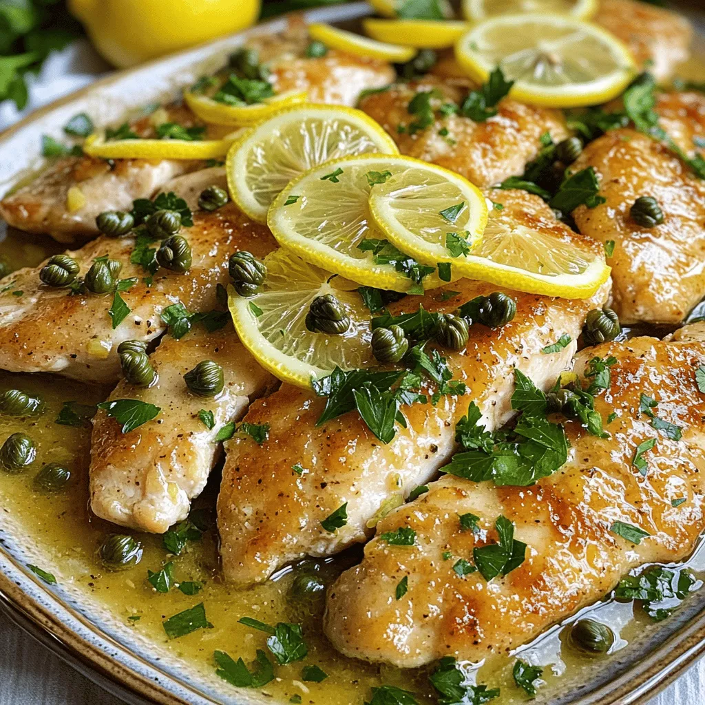 To make Simple Chicken Piccata, you need a few key items. Here’s what you’ll need: - 4 boneless, skinless chicken breasts - Salt and pepper to taste - 1/2 cup all-purpose flour - 4 tablespoons olive oil - 2 tablespoons unsalted butter - 2 cloves garlic, minced - 1 cup chicken broth - Juice of 1 large lemon (about 3-4 tablespoons) - 2 tablespoons capers, rinsed - Fresh parsley, chopped (for garnish) These ingredients create a bright and zesty dish that shines on any table. While the essential ingredients are great, you can add a few optional ones. These will take your dish to the next level: - White wine adds depth and richness. - Fresh herbs like thyme or basil for extra flavor. - A dash of red pepper flakes for a hint of spice. Feel free to mix and match based on your taste. Sometimes, you might not have all the ingredients. Here are some substitutes: - For chicken broth, you can use vegetable broth. - If you don’t have capers, try chopped green olives instead. - Use lemon zest if you want more lemony flavor. Always taste as you go. This helps you adjust flavors to your liking. For the full recipe, check the detailed instructions provided above. First, take your chicken breasts. Season both sides with salt and pepper. This step adds great flavor. Next, dredge each breast in flour. Shake off any extra flour. This helps create a nice crust when you cook them. Heat a large skillet over medium-high heat. Add 2 tablespoons of olive oil. When the oil is hot, add the chicken breasts. Cook for 4-5 minutes on each side. You want them golden brown and fully cooked. Once done, remove the chicken from the skillet and set it aside. In the same skillet, add the rest of the olive oil and the butter. Once the butter melts, add minced garlic. Sauté for about 30 seconds until you smell its nice aroma. Pour in the chicken broth and lemon juice. Scrape the bottom of the skillet to mix in all the flavorful bits. Stir in the rinsed capers. Let the sauce simmer for 2-3 minutes to reduce slightly. Finally, return the chicken to the skillet, coating it in the sauce. Cook for another minute to warm through. Enjoy your Simple Chicken Piccata! For the full recipe, check out the details above. To make the best chicken piccata, start with good chicken. Choose fresh, high-quality breasts. Season them well with salt and pepper. Dredge the chicken in flour lightly. This helps create a nice crust. Heat the skillet well before adding the chicken. This ensures a good sear. Cook the chicken until golden brown on both sides. Don’t overcrowd the pan; work in batches if needed. Keep a close eye on the cooking time. Aim for about 4-5 minutes per side. Chicken piccata shines on its own but loves good company. Serve it over a bed of pasta for a hearty meal. A side of steamed veggies adds color and nutrition. Garlic bread is a great choice, too. The crispy texture pairs well with the sauce. For drinks, a chilled white wine complements the lemon flavor. If you prefer non-alcoholic options, iced tea or sparkling water works well. Store any leftovers in an airtight container. Keep them in the fridge for up to three days. When reheating, use a skillet over low heat. Add a splash of chicken broth to keep it moist. You can also reheat in the microwave. Just cover it to prevent drying out. For best taste, enjoy it fresh. But the flavors will still be good for a few days. For a quick meal, the leftovers are perfect! You can even make a sandwich. Just add some greens and your favorite spread. For the full recipe, check out the Zesty Lemon Herb Chicken Piccata. {{image_2}} You can swap chicken for other proteins in chicken piccata. Fish works well here. Use thin fillets of tilapia or sole. They cook quickly and soak up flavors. Pork is another tasty choice. Pork chops or tenderloin also shine in this dish. Just adjust cooking times to ensure they are cooked through. If you want a vegetarian take, try using eggplant or mushrooms. Slice the eggplant into rounds and cook until golden. For mushrooms, use large portobellos. They have a nice texture and flavor. Both options absorb the lemon and caper sauce beautifully. Add some fresh spinach for extra color and nutrition. The sauce is where you can get creative! Try adding white wine for depth. This adds a nice zing to the dish. You can also mix in fresh herbs like thyme or basil. For a spicy kick, add red pepper flakes. Each variation can change the taste, making it fun to explore. Check the Full Recipe for the basic steps and more ideas. To keep your chicken piccata fresh, let it cool first. Place the chicken and sauce in a container. Use an airtight container to avoid air exposure. Store it in the fridge for up to three days. Label the container with the date for easy tracking. If you want to freeze chicken piccata, follow these steps. Cool the dish completely before freezing. Transfer the chicken and sauce into freezer bags. Remove as much air as possible to prevent freezer burn. You can freeze it for up to three months. Make sure to label each bag with the date and contents. When reheating chicken piccata, use a stovetop or microwave. For stovetop, place the chicken in a skillet over low heat. Add a splash of chicken broth or water to keep it moist. Cover the pan to trap steam, which helps to warm it evenly. For the microwave, heat in short intervals to avoid overcooking. Stir the sauce to blend flavors before serving. Enjoy your dish with its fresh taste! You can make Simple Chicken Piccata in just 20 minutes. The prep takes about 10 minutes. Cooking the chicken and sauce takes the remaining 10 minutes. It’s quick and easy. Yes, you can make chicken piccata ahead of time. Cook it, let it cool, and store in the fridge. When ready to serve, just reheat in a pan. Add a splash of chicken broth to keep it moist. If you don’t have capers, you can use green olives instead. They add a nice briny taste. You can also use chopped pickles for a similar flavor. Just remember, the taste will change a bit, but it will still be tasty. For the full recipe, check out the [Full Recipe]. Simple Chicken Piccata is a dish that shines with fresh flavors. We explored essential ingredients, plus options to elevate your meal. I shared easy steps for preparation and cooking. Cooking tips ensure your chicken turns out just right every time. You can even find variations to suit different tastes. Remember, proper storage makes leftovers just as tasty. With this info, you can cook or adapt this dish now. Dive into making it for your next meal. Enjoy the fresh flavors and have fun in the kitchen!