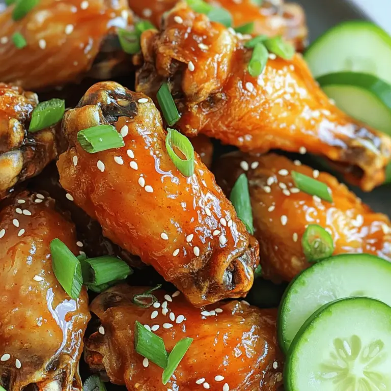 - 2 pounds chicken wings - 1/4 cup honey - 1/4 cup soy sauce - 4 cloves garlic - 1 tablespoon sriracha - 1 teaspoon grated ginger - 1 tablespoon rice vinegar - 1 tablespoon sesame oil - Salt and pepper to taste - Sesame seeds and green onions for garnish When I cook spicy honey garlic wings, I focus on using fresh ingredients. The chicken wings are the star of the dish. They are juicy and tender, perfect for holding onto the sauce. Honey brings a sweet touch that balances the heat from sriracha. I love using soy sauce for its deep umami flavor. Garlic adds a nice kick that complements the sweetness and spice. If you want to take it up a notch, you can add grated ginger. It adds warmth and a bit of zest. A splash of rice vinegar brightens the sauce nicely. Sesame oil gives a rich, nutty flavor that rounds out the dish. Don’t forget to season with salt and pepper to enhance all the flavors. For garnish, I recommend sesame seeds and chopped green onions. They add color and a bit of crunch. This dish is all about balance. The sweet, spicy, and savory elements work together to create a bold and flavorful delight. For the Full Recipe, check out the steps to make these wings shine. 1. Preheat your oven to 400°F (200°C). This makes sure the wings cook evenly. 2. Pat the chicken wings dry using paper towels. Dry wings get crispier. Season them with salt and pepper to taste. 1. In a bowl, combine the honey, soy sauce, minced garlic, sriracha, grated ginger, rice vinegar, and sesame oil. 2. Whisk the mixture until it blends well. This sauce packs a punch with sweet and spicy flavors. 1. Pour the sauce over the seasoned chicken wings. Toss them until each wing is covered in sauce. 2. Line a baking sheet with parchment paper or lightly grease it. Spread the chicken wings in a single layer on the sheet. 3. Bake the wings in the preheated oven for 30-35 minutes. Flip them halfway through to help them cook evenly and get crispy. 4. For an extra sticky glaze, reserve some sauce. Brush it on the wings during the last 5 minutes of baking. Enjoy the bold flavors of these spicy honey garlic wings! For the full recipe, check out the details above. To get those wings nice and crispy, drying them is key. When you pat them dry, you remove excess moisture. This helps them crisp up in the oven. - Use paper towels to dry the wings thoroughly. - Place them in a bowl and season with salt and pepper. Flipping the wings halfway through cooking also helps. It allows them to cook evenly, so both sides get that golden texture. - Use tongs to carefully flip them after about 15 minutes. Want more kick? Add extra sriracha to the sauce! If you like heat, this simple step makes a big difference. You can also customize the sauce to suit your taste. - Try adding a splash of lime juice for a citrus twist. - Mix in some crushed red pepper flakes for added spice. Experimenting with these small changes can lead to a new favorite flavor. Don't be afraid to get creative! For the full recipe, check the earlier section. {{image_2}} To turn your spicy honey garlic wings into a buffalo delight, adjust the sauce. Start by replacing the honey with hot sauce. Use a mix of cayenne pepper and butter for that classic buffalo flavor. You can also add a splash of vinegar to enhance the tang. This change gives the wings that bold, spicy kick. Toss your wings in this new sauce before baking. For a Thai twist, blend in coconut milk or creamy peanut butter. This adds a rich, nutty flavor that pairs well with the heat. Combine the honey, soy sauce, and garlic with the coconut milk. This mix brings a creamy texture and unique taste. If you love peanut butter, add a few tablespoons to the sauce. This version will make your wings stand out at any party. Grilling your wings adds a smoky flavor that baking can't match. Preheat your grill to medium heat. After coating your wings with the sauce, place them on the grill. Cook for about 20-25 minutes, flipping often. Ensure they reach an internal temperature of 165°F (74°C). This method gives your wings a crispy outside and juicy inside. Enjoy them fresh off the grill for a truly flavorful experience. For the full recipe, refer to the instructions provided above. To store leftover wings in the fridge, let them cool first. Place the wings in an airtight container. This keeps them fresh and tasty. They can last up to three days in the fridge. If you want to enjoy them later, just make sure to cover them well. For freezing cooked wings, first cool them completely. Then, lay them flat in a single layer on a baking sheet. Freeze them for about an hour. Once frozen, transfer the wings to a freezer-safe bag. Remove as much air as possible to prevent freezer burn. They can last up to three months in the freezer. To reheat wings and keep them crispy, use the oven. Preheat it to 375°F (190°C). Place the wings on a baking sheet. Bake for about 10-15 minutes. This helps them regain their crunch. You can also use an air fryer for a quicker option. Just heat them at 350°F (175°C) for about 8-10 minutes. Enjoy your Spicy Honey Garlic Wings just like new! For the full recipe, check out the details above. Bake chicken wings at 400°F for about 30 to 35 minutes. This time helps them become crispy and golden. Flip the wings halfway through to cook evenly. Keep an eye on them as ovens can vary. The wings are done when they reach a nice crunch. Yes, you can use frozen chicken wings. Just add extra time to bake them. First, preheat your oven to 400°F. Then, place the frozen wings on a baking sheet and bake for 45 to 50 minutes. Make sure they reach an internal temperature of 165°F. This ensures they are safe to eat. To get crispy wings, start by drying them well. Pat them with paper towels before seasoning. This step helps remove excess moisture. Use a single layer on the baking sheet to allow air to flow. Flipping halfway through baking also helps crisp them up. For extra crunch, bake longer if needed. This guide covers how to make delicious chicken wings. You learned about key ingredients and optional additions. Steps for preparation and cooking help achieve the perfect glaze. Tips on achieving crispiness and flavor variations let you get creative. Remember, storing leftovers properly keeps them tasty. Enjoy these wings your way, whether classic or with a twist. Experiment and have fun with your cooking!