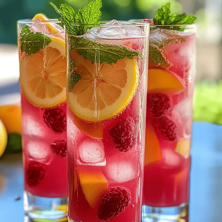 To make a refreshing Raspberry Peach Lemonade, gather these simple ingredients: - Fresh raspberries - Ripe peaches - Freshly squeezed lemon juice - Sugar - Water - Ice cubes - Garnishes Each ingredient plays a key role in creating a delicious drink. Fresh raspberries add a sweet-tart flavor, while ripe peaches bring a juicy sweetness. Fresh lemon juice gives the drink its bright, zesty kick. Sugar balances the tartness, making the drink smooth. The water helps mix everything well, and ice cubes keep it cool for hot days. Lastly, garnishes like mint leaves or lemon slices make your drink look pretty and add more flavor. For the full recipe, including all steps, check out the [Full Recipe]. Enjoy your time preparing this delightful drink! Start by blending the fresh raspberries and sliced peaches. Toss one cup of raspberries into the blender along with two ripe peaches. Blend until smooth. If you want a silky texture, strain the mixture through a fine-mesh sieve. This step removes seeds and pulp, giving you a clean puree. Now, take your raspberry-peach puree and add it to a large pitcher. Pour in one cup of freshly squeezed lemon juice, which usually comes from about four to six lemons. Add one cup of sugar to the mix. Stir well until the sugar completely dissolves. Next, add four cups of water to the pitcher. Mix it all together. Taste your lemonade. If it’s too sweet, add a bit more lemon juice. If it’s too tart, add more sugar or water. Adjust the flavors to suit your taste. Refrigerate your lemonade for at least 30 minutes before serving. This step helps the flavors blend and enhances the taste. Serve the lemonade over ice cubes in tall glasses. For a lovely touch, garnish each glass with lemon slices and fresh mint leaves. Enjoy your vibrant and fruity raspberry peach lemonade! For the full recipe, check out the details above. To make your raspberry peach lemonade taste just right, focus on sweetness and tartness. Start with the sugar amount in the recipe. If you like it sweeter, add more sugar. If you prefer it tart, use less sugar. You can also balance the taste by adding more lemon juice. For garnishes, fresh mint leaves and lemon slices work well. They add color and flavor. Place them on top of your drink for a nice look. You can even freeze some raspberries and peaches as ice cubes. They keep your drink cold and make it pretty! If you want to prep for a party, you can make this drink a day before. Just follow the recipe and store it in the fridge. It will taste great even after a few hours. When your guests arrive, serve it over ice. This makes it cool and refreshing. You can also have all your ingredients ready. Slice the peaches and wash the raspberries earlier. This way, you save time when preparing the drink. Using the right tools can make your lemonade even better. A good blender will help you make a smooth raspberry-peach puree. I recommend a high-speed blender for the best results. For serving, a large pitcher is useful. Look for one that holds at least 2 liters. This way, you can make a big batch for everyone to enjoy. A tall glass helps show off the pretty colors of your raspberry peach lemonade. For the complete recipe, check out [Full Recipe]. {{image_2}} You can boost the flavor of your Raspberry Peach Lemonade in fun ways. Adding herbs like basil or rosemary gives a fresh twist. Just toss in a few leaves when you blend the fruits. You can also try spices like ginger or cinnamon for a warm touch. Mixing different fruits can change the taste too. Instead of peaches, use mango or strawberries. Each fruit brings its own special flavor. You can even mix in a few slices of lime for a zesty kick. If you want a sweeter drink without sugar, try these options. Stevia is a great choice and has fewer calories. Honey adds a nice flavor, but it may change the taste. Maple syrup is another natural sweetener you can use. You can also use agave syrup, which dissolves easily. Adjust the amount based on your taste. Remember, each sweetener has its own flavor, so use what you like best. Want to make a spiked lemonade? It’s easy and fun! Add vodka or rum for a refreshing cocktail. Start with about 1-2 ounces of alcohol per serving. Mix it in after combining your lemonade. For a fruity twist, add a splash of peach schnapps or raspberry liqueur. These will enhance the flavors of the fruits. Always remember to serve responsibly and enjoy! For the full recipe, check out the Raspberry Peach Lemonade section above. To keep your raspberry peach lemonade fresh, store it in a sealed pitcher. This helps keep the flavors intact. If you have leftover lemonade, try to drink it within a few days. This drink tastes best when it's fresh. If you have any garnishes, like mint or lemon slices, add them just before serving. You can freeze raspberry peach lemonade for later use. Pour the lemonade into ice cube trays. Once frozen, pop them out and store in a bag. This way, you can enjoy a cool drink on a hot day. Just drop the cubes into a glass of water or soda for a fruity twist. In the fridge, raspberry peach lemonade lasts about 5 to 7 days. After that, it may lose its bright flavor. Check for any changes in smell or taste before using. Always give it a good stir before you serve. Even if it sits for a while, the flavors can settle. Enjoy your drink fresh and vibrant! How to make Raspberry Peach Lemonade using frozen fruits? You can use frozen raspberries and peaches. Just blend them as you would with fresh fruit. The taste will still be great. You may need to add a bit more water to balance the thickness. Can I use bottled lemon juice instead of fresh? Yes, you can use bottled lemon juice. However, fresh juice gives a better taste and flavor. It makes a big difference in your drink. Freshly squeezed juice is always best when you can get it. What are the health benefits of the ingredients? Raspberries are full of fiber and vitamins. Peaches are great for hydration and also have vitamins. Lemon juice helps with digestion and boosts your immune system. This drink is a tasty way to enjoy these benefits. What food pairs well with Raspberry Peach Lemonade? This drink goes well with light foods. Try it with salads, grilled chicken, or seafood. It also pairs nicely with spicy dishes, balancing the heat with its sweet flavor. Can I serve this drink at a party? Absolutely! This drink is perfect for parties. You can make a big batch in advance. Serve it in a large pitcher for guests to help themselves. What can I substitute for peaches? If you can't find peaches, use nectarines or apricots. Both fruits work well in this drink. You can also try using mango for a fun twist. This blog post covered how to make Raspberry Peach Lemonade. You learned about the key ingredients, including fresh fruit and lemon juice, and made a tasty puree. I shared tips to perfect the flavor and ideas for variations. You now know how to store your lemonade and how to handle common questions. In summary, you have all you need to make a refreshing drink. Enjoy sharing this refreshing lemonade with friends or at your next party!