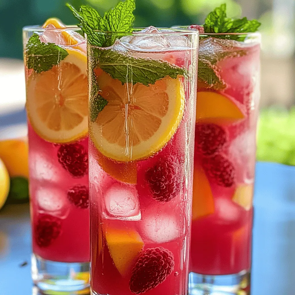 To make a refreshing Raspberry Peach Lemonade, gather these simple ingredients: - Fresh raspberries - Ripe peaches - Freshly squeezed lemon juice - Sugar - Water - Ice cubes - Garnishes Each ingredient plays a key role in creating a delicious drink. Fresh raspberries add a sweet-tart flavor, while ripe peaches bring a juicy sweetness. Fresh lemon juice gives the drink its bright, zesty kick. Sugar balances the tartness, making the drink smooth. The water helps mix everything well, and ice cubes keep it cool for hot days. Lastly, garnishes like mint leaves or lemon slices make your drink look pretty and add more flavor. For the full recipe, including all steps, check out the [Full Recipe]. Enjoy your time preparing this delightful drink! Start by blending the fresh raspberries and sliced peaches. Toss one cup of raspberries into the blender along with two ripe peaches. Blend until smooth. If you want a silky texture, strain the mixture through a fine-mesh sieve. This step removes seeds and pulp, giving you a clean puree. Now, take your raspberry-peach puree and add it to a large pitcher. Pour in one cup of freshly squeezed lemon juice, which usually comes from about four to six lemons. Add one cup of sugar to the mix. Stir well until the sugar completely dissolves. Next, add four cups of water to the pitcher. Mix it all together. Taste your lemonade. If it’s too sweet, add a bit more lemon juice. If it’s too tart, add more sugar or water. Adjust the flavors to suit your taste. Refrigerate your lemonade for at least 30 minutes before serving. This step helps the flavors blend and enhances the taste. Serve the lemonade over ice cubes in tall glasses. For a lovely touch, garnish each glass with lemon slices and fresh mint leaves. Enjoy your vibrant and fruity raspberry peach lemonade! For the full recipe, check out the details above. To make your raspberry peach lemonade taste just right, focus on sweetness and tartness. Start with the sugar amount in the recipe. If you like it sweeter, add more sugar. If you prefer it tart, use less sugar. You can also balance the taste by adding more lemon juice. For garnishes, fresh mint leaves and lemon slices work well. They add color and flavor. Place them on top of your drink for a nice look. You can even freeze some raspberries and peaches as ice cubes. They keep your drink cold and make it pretty! If you want to prep for a party, you can make this drink a day before. Just follow the recipe and store it in the fridge. It will taste great even after a few hours. When your guests arrive, serve it over ice. This makes it cool and refreshing. You can also have all your ingredients ready. Slice the peaches and wash the raspberries earlier. This way, you save time when preparing the drink. Using the right tools can make your lemonade even better. A good blender will help you make a smooth raspberry-peach puree. I recommend a high-speed blender for the best results. For serving, a large pitcher is useful. Look for one that holds at least 2 liters. This way, you can make a big batch for everyone to enjoy. A tall glass helps show off the pretty colors of your raspberry peach lemonade. For the complete recipe, check out [Full Recipe]. {{image_2}} You can boost the flavor of your Raspberry Peach Lemonade in fun ways. Adding herbs like basil or rosemary gives a fresh twist. Just toss in a few leaves when you blend the fruits. You can also try spices like ginger or cinnamon for a warm touch. Mixing different fruits can change the taste too. Instead of peaches, use mango or strawberries. Each fruit brings its own special flavor. You can even mix in a few slices of lime for a zesty kick. If you want a sweeter drink without sugar, try these options. Stevia is a great choice and has fewer calories. Honey adds a nice flavor, but it may change the taste. Maple syrup is another natural sweetener you can use. You can also use agave syrup, which dissolves easily. Adjust the amount based on your taste. Remember, each sweetener has its own flavor, so use what you like best. Want to make a spiked lemonade? It’s easy and fun! Add vodka or rum for a refreshing cocktail. Start with about 1-2 ounces of alcohol per serving. Mix it in after combining your lemonade. For a fruity twist, add a splash of peach schnapps or raspberry liqueur. These will enhance the flavors of the fruits. Always remember to serve responsibly and enjoy! For the full recipe, check out the Raspberry Peach Lemonade section above. To keep your raspberry peach lemonade fresh, store it in a sealed pitcher. This helps keep the flavors intact. If you have leftover lemonade, try to drink it within a few days. This drink tastes best when it's fresh. If you have any garnishes, like mint or lemon slices, add them just before serving. You can freeze raspberry peach lemonade for later use. Pour the lemonade into ice cube trays. Once frozen, pop them out and store in a bag. This way, you can enjoy a cool drink on a hot day. Just drop the cubes into a glass of water or soda for a fruity twist. In the fridge, raspberry peach lemonade lasts about 5 to 7 days. After that, it may lose its bright flavor. Check for any changes in smell or taste before using. Always give it a good stir before you serve. Even if it sits for a while, the flavors can settle. Enjoy your drink fresh and vibrant! How to make Raspberry Peach Lemonade using frozen fruits? You can use frozen raspberries and peaches. Just blend them as you would with fresh fruit. The taste will still be great. You may need to add a bit more water to balance the thickness. Can I use bottled lemon juice instead of fresh? Yes, you can use bottled lemon juice. However, fresh juice gives a better taste and flavor. It makes a big difference in your drink. Freshly squeezed juice is always best when you can get it. What are the health benefits of the ingredients? Raspberries are full of fiber and vitamins. Peaches are great for hydration and also have vitamins. Lemon juice helps with digestion and boosts your immune system. This drink is a tasty way to enjoy these benefits. What food pairs well with Raspberry Peach Lemonade? This drink goes well with light foods. Try it with salads, grilled chicken, or seafood. It also pairs nicely with spicy dishes, balancing the heat with its sweet flavor. Can I serve this drink at a party? Absolutely! This drink is perfect for parties. You can make a big batch in advance. Serve it in a large pitcher for guests to help themselves. What can I substitute for peaches? If you can't find peaches, use nectarines or apricots. Both fruits work well in this drink. You can also try using mango for a fun twist. This blog post covered how to make Raspberry Peach Lemonade. You learned about the key ingredients, including fresh fruit and lemon juice, and made a tasty puree. I shared tips to perfect the flavor and ideas for variations. You now know how to store your lemonade and how to handle common questions. In summary, you have all you need to make a refreshing drink. Enjoy sharing this refreshing lemonade with friends or at your next party!