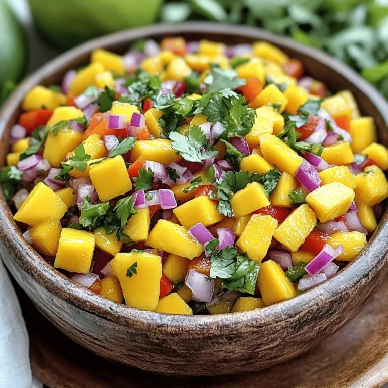 To make a fresh and zesty mango salsa, gather these key ingredients: - 2 ripe mangoes, diced - 1 small red onion, finely chopped - 1 red bell pepper, diced - 1 jalapeño pepper, deseeded and minced - 1/4 cup fresh cilantro, chopped - Juice of 2 limes - Salt and pepper to taste These ingredients create a delightful mix of flavors and colors. The mangoes give it sweetness, while the onion and jalapeño add crunch and heat. You can boost your salsa with these optional ingredients: - 1 avocado, diced - 1/2 cup diced pineapple - 1 teaspoon honey for extra sweetness - A splash of orange juice These add-ins can change the taste and make your salsa even more exciting. Try mixing and matching to find your favorite combination. Choosing ripe mangoes is key for the best salsa. Here’s how: - Look for mangoes with a slight give when you press them. - Check for a fruity aroma near the stem. - Select mangoes with smooth, unblemished skin, showing slight color variations. By picking the right mangoes, you'll ensure your salsa is juicy and full of flavor. Start by gathering all your ingredients. You need two ripe mangoes, a small red onion, a red bell pepper, and a jalapeño pepper. Dice the mangoes into small pieces. Chop the red onion and red bell pepper finely. For the jalapeño, slice it open and remove the seeds. Then, mince it into small bits. This step helps control the heat. In a large mixing bowl, toss the diced mango, red onion, red bell pepper, and minced jalapeño together. This mix creates a colorful blend. Next, add 1/4 cup of fresh cilantro to the bowl. It adds a bright flavor. Now, squeeze the juice of two limes over the mix. This juice brightens all the flavors. Sprinkle some salt and pepper over the salsa to taste. This enhances the flavors even more. Gently fold all the ingredients together with a spatula. Be careful not to mash the mangoes. Let the salsa sit for about 15 minutes. This resting time helps the flavors blend well. Enjoy your fresh and tasty mango salsa! For the complete recipe, check the [Full Recipe]. To boost the zest in your mango salsa, add lime juice. Lime juice brightens the flavors. You can also try adding a pinch of chili powder. This gives a warm kick that pairs well with mango. If you like more heat, keep some jalapeño seeds in the mix. This will make it spicy! Fresh herbs, like cilantro, also enhance the taste. Try adding extra chopped cilantro for more freshness. Mango salsa shines when served with grilled fish or chicken. It adds a sweet and tangy contrast. Serve it with tortilla chips for a fun snack. You can also use it as a topping for tacos. It gives a fresh twist to any meal. For a light lunch, pair it with a salad or a wrap. The bright colors and flavors will impress your guests. When mixing flavors, balance is key. Aim for a mix of sweet, spicy, and tangy. Taste your salsa as you make it. If it seems too sweet, add more lime juice. If it’s too spicy, add more mango. Let the salsa rest for 15 minutes before serving. This allows the flavors to blend well. Each bite should burst with freshness! For the full experience, check out the Full Recipe and enjoy making your mango salsa. {{image_2}} To add heat to your mango salsa, include a diced serrano pepper. This pepper gives a nice kick. You can also mix in crushed red pepper flakes. Start with a small amount and taste. If you want more heat, add more. Another great option is to add a dash of hot sauce. This keeps the salsa fresh and zesty. Mix in other fruits to create a tropical twist. Pineapple is a great choice. Diced kiwi or papaya also works well. These fruits add sweetness and texture. You could even use diced avocado for creaminess. Combining mango with these fruits brightens the flavor. It makes the salsa more colorful, too. For a lighter salsa, swap out the jalapeño for diced bell pepper. This keeps the crunch but lowers the heat. You can also reduce the amount of mango and add more veggies. Try adding diced cucumber or zucchini. Both are low in calories and refreshing. This way, you still get all the flavor without the extra calories. For the complete recipe, check out the Full Recipe section. To store leftover salsa, place it in an airtight container. This keeps it fresh longer. Make sure to cover the salsa tightly. If you have a lot, divide it into smaller containers. This way, you can enjoy it in portions. Always refrigerate the salsa. It will stay fresh for up to three days. You can freeze mango salsa if you want to save it for later. First, use a freezer-safe container. Leave some space at the top for expansion. Salsa can last up to three months in the freezer. When you're ready to eat it, thaw it in the fridge overnight. Mix well before serving to restore its texture. Mango salsa is best when fresh. It tastes great for about three days in the fridge. After that, the flavors may fade. To keep it fresh, avoid adding too much salt. Salt can draw out moisture and cause spoilage. Always use fresh ingredients for the best taste. You can also taste it before serving to check for freshness. For the full recipe, check the section above. You can enjoy Easy Mango Salsa with many dishes. I love serving it with grilled chicken or fish. It adds a fresh touch to tacos and burritos. You can also use it as a dip with tortilla chips. Try it on a salad for a fruity twist. Pair it with rice or quinoa for a tasty side. The bright flavors work well with various meals. To change the spice level, you can control the jalapeño amount. For a milder salsa, use less jalapeño or remove the seeds. You can also add a pinch of sugar to balance heat. If you like more spice, try adding a dash of hot sauce. Another option is to mix in a bit of diced habanero. Always taste as you go to find your perfect heat. Yes, you can use frozen mangoes in this recipe. Just make sure to thaw them before use. Drain any excess liquid to keep your salsa from becoming watery. Frozen mangoes can work well when fresh ones are not available. Their sweetness remains, and they still taste great in salsa. For best results, let them sit in the fridge overnight to thaw. You can create a delicious mango salsa with simple steps. We covered what ingredients you need, how to prepare them, and tips to enhance flavor. You can even try spicy or tropical twists. Don't forget how to store leftovers or use frozen mangoes. In the end, enjoy your salsa with your favorite dish. It's fresh, fun, and easy to make.