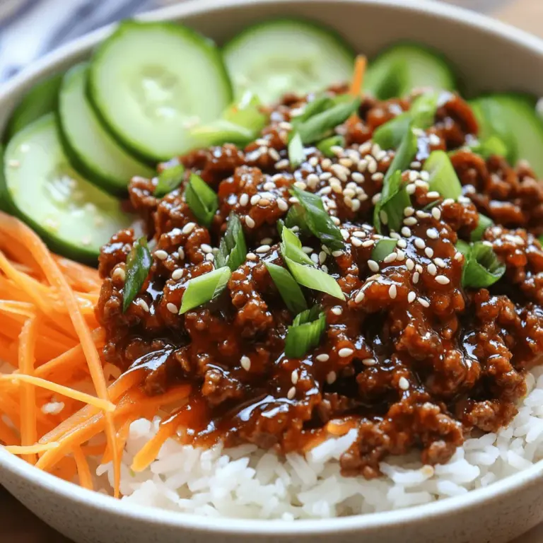 To make Spicy Korean Beef Bowls, you will need some fresh and flavorful ingredients. Here’s the list: - 1 lb ground beef (85% lean) - 1 tablespoon sesame oil - 3 cloves garlic, minced - 1 teaspoon ginger, grated - 1/4 cup low sodium soy sauce - 2 tablespoons brown sugar - 2 tablespoons gochujang (Korean chili paste) - 1 tablespoon rice vinegar - 2 green onions, sliced - 1 cup cooked jasmine rice - 1 cup shredded carrots - 1 cup cucumber, thinly sliced - 1 tablespoon sesame seeds (optional) - Fresh cilantro for garnish (optional) Each of these ingredients plays a key role in building the dish's bold flavor. The ground beef provides a hearty base, while gochujang adds a spicy kick. Sesame oil gives a nutty taste, and the soy sauce brings umami. Don’t forget the veggies! They add color and crunch. You can find the full recipe to guide you through the cooking process. 1. First, heat a large skillet on medium-high. Add the sesame oil. 2. Next, toss in the minced garlic and grated ginger. Sauté for a minute. 3. Now, add the ground beef. Break it apart with a spatula. Cook until browned, about 5-7 minutes. Drain any extra fat if needed. 1. In a small bowl, mix together the soy sauce, brown sugar, gochujang, and rice vinegar. Stir until blended. 2. Pour this sauce over the cooked beef. Stir well to coat the beef. Let it simmer for 3-5 minutes to blend the flavors. 1. Start with a base of cooked jasmine rice in each bowl. 2. Layer the spicy beef mixture on top of the rice. Add shredded carrots and cucumber slices. 3. Finally, garnish with sliced green onions, sesame seeds, and fresh cilantro if you like. For the full recipe, check out the detailed steps. To cook ground beef perfectly, use a large skillet. Heat it on medium-high heat. Add sesame oil first. This oil adds a nice flavor. Once hot, add minced garlic and grated ginger. Sauté for one minute until fragrant. Then, add the ground beef. Break it apart with a spatula. Cook until browned, which takes about 5-7 minutes. Drain any extra fat if needed. If you want to adjust spice levels, use gochujang wisely. Start with one tablespoon. Taste the beef mixture after it simmers. If you want more heat, add more gochujang. Remember, this paste packs a punch, so go slow. For storing leftovers, let the dish cool first. Place the beef in an airtight container. It will stay fresh in your fridge for up to three days. To reheat, use the microwave or a skillet. If using a skillet, add a splash of water. This keeps the beef moist while reheating. Check the shelf life of cooked ingredients. Cooked rice lasts about four to six days. Ground beef should not sit in the fridge for more than three days. Keep an eye on your leftovers to avoid spoilage. Spicy Korean Beef Bowls go well with many side dishes. You can serve kimchi, pickled radishes, or a simple salad. These sides add a nice crunch and balance the heat. For meal prep, consider making a double batch of beef. You can store it in the fridge or freeze it for later. This makes weeknight meals easy. Try different bases like quinoa or cauliflower rice for variety. Each option offers a unique twist on the dish. For the full recipe, check the detailed instructions above. {{image_2}} To make this dish gluten-free, you can swap soy sauce with tamari or coconut aminos. Both options give a similar taste without the gluten. If you want a vegetarian version, use plant-based proteins like tofu or tempeh. Just follow the same steps as the beef, and you will get a tasty meal. Adding more vegetables can boost nutrition and taste. Try bell peppers, broccoli, or snap peas for extra crunch. You can also sprinkle sesame seeds or crushed peanuts on top. They add a nice texture and flavor. For spices, consider adding a pinch of garlic powder or a dash of smoked paprika. These will elevate the taste and make your dish more exciting. You can easily adjust the heat level. If you like it spicy, add more chili flakes or fresh peppers. For a milder taste, use less gochujang. This recipe also works well with different bases. Instead of jasmine rice, you can use quinoa or brown rice. These options add more fiber and make the meal even healthier. For the full recipe and more tips, check out the [Full Recipe]. To keep your spicy Korean beef bowls fresh, use airtight containers. Glass or BPA-free plastic containers work well. Divide your leftovers into single servings. This makes it easy to grab a meal later. For freezing, make sure to cool the beef mixture first. Then, portion it into freezer bags. Remove as much air as possible to avoid freezer burn. Label each bag with the date for easy tracking. To thaw frozen beef bowls, place them in the fridge overnight. If you are in a hurry, use the microwave on the defrost setting. This helps keep the texture intact. When reheating, use a skillet over low heat. Stir often to warm evenly. You can also microwave the beef in short bursts. This keeps the flavor bright and the texture nice. Always store food within two hours of cooking. This keeps bacteria from growing. Use leftovers within three to four days. If they smell off or look strange, toss them. Make sure to check the texture and color before eating. Fresh food looks and smells good. Following these tips helps you enjoy your spicy Korean beef bowls safely. For the full recipe, check out the earlier section. Making Spicy Korean Beef Bowls is quick and easy. You need about 10 minutes to prep and 15 minutes to cook. In total, it takes around 25 minutes from start to finish. This quick meal fits perfectly into a busy weeknight. Yes, you can swap out the beef for other meats. Ground turkey or chicken works well. If you prefer red meat, use pork or lamb. You can also try thinly sliced beef for a different texture. Each option brings its own flavor to the dish. These bowls are great on their own but pair well with many sides. You can serve pickled vegetables for crunch. Steamed broccoli or snap peas add color and nutrition. A simple salad with sesame dressing can also complement the meal. For a heartier option, serve with homemade kimchi. For the full recipe, check here. We covered how to make delicious Spicy Korean Beef Bowls with simple steps. You learned about ingredients, cooking methods, and storage tips. This dish blends taste and nutrition well. Don’t forget to customize it based on your needs or preferences. Try varying the ingredients and flavors to make it your own. Enjoy your cooking and the tasty results. Each bowl is sure to please everyone. Happy cooking!