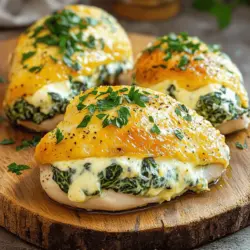 - 4 boneless, skinless chicken breasts - 2 cups fresh spinach, chopped - 1 cup cream cheese, softened - 1/2 cup grated Parmesan cheese - 1/2 cup shredded mozzarella cheese - 2 cloves garlic, minced - 1 teaspoon onion powder - 1/2 teaspoon salt - 1/4 teaspoon black pepper - 1 tablespoon olive oil - 1 tablespoon lemon juice - 1/4 teaspoon red pepper flakes (optional) - Fresh parsley, chopped (for garnish) You can change up the flavors in this dish. Try adding some sun-dried tomatoes. They add a nice tang. You can also use different cheeses. Feta or goat cheese work well too. If you like spice, add more red pepper flakes. For a zesty touch, try mixing in some lemon zest. These swaps keep the recipe fun and fresh! First, gather all your ingredients. You will need chicken breasts, spinach, cream cheese, Parmesan, mozzarella, garlic, onion powder, salt, black pepper, olive oil, lemon juice, and red pepper flakes. Next, preheat your oven to 375°F (190°C). This step is key for even cooking. Now, chop the spinach finely. In a medium bowl, mix the chopped spinach with cream cheese, Parmesan, mozzarella, garlic, onion powder, salt, black pepper, lemon juice, and red pepper flakes if you like a little heat. Make sure everything is well blended. Then, take each chicken breast and create a pocket. Slice them horizontally, but don’t cut all the way through. Stuff each chicken breast with the creamy spinach mixture. If the stuffing spills out, use toothpicks to secure the opening. Heat olive oil in a large oven-safe skillet over medium-high heat. Once the oil is hot, add the stuffed chicken breasts. Sear them for 4-5 minutes on each side until they turn golden brown. This step adds flavor and texture. Now, transfer the skillet to your preheated oven. Bake the chicken for 20-25 minutes, or until the internal temperature reaches 165°F (74°C). This ensures your chicken is safe to eat. Once the chicken is cooked, take it out of the oven. Let it rest for 5 minutes. This helps the juices redistribute, making it moist and tasty. If you used toothpicks, carefully remove them. Sprinkle fresh parsley on top for a pop of color. Serve your creamy spinach stuffed chicken warm. This dish pairs well with rice or a fresh salad. For the full recipe, check out the detailed steps! When making creamy spinach stuffed chicken, avoid overstuffing the chicken. Too much filling can cause it to spill out while cooking. Also, make sure to season the spinach mixture well. This ensures every bite is flavorful. Lastly, don’t skip the resting time after baking. This step helps the juices settle, making the chicken juicier. For the best stuffing, use fresh spinach. It gives a brighter taste. Mix the cheeses until smooth; this helps them blend better. I love adding a splash of lemon juice for zest. If you want a kick, try adding red pepper flakes. It makes the dish more exciting. Be sure to taste the mixture before stuffing. Adjust seasonings as needed for your taste. To prepare this dish, you’ll need a sharp knife. A cutting board is also essential for safe slicing. Use a medium bowl to mix your stuffing. A large oven-safe skillet works best for searing the chicken. Finally, toothpicks are great for holding the chicken closed. These tools make the process easy and fun. For more detailed steps, check the Full Recipe. {{image_2}} You can change the flavors of your creamy spinach stuffed chicken easily. Try using ricotta cheese instead of cream cheese for a lighter filling. You can also swap fresh spinach for kale or Swiss chard. If you want a kick, add chopped sun-dried tomatoes or roasted red peppers. For a smoky taste, mix in some crumbled feta cheese or smoked gouda. These swaps keep the dish exciting and fun. Pair this dish with simple sides to enhance its flavors. A fresh salad with mixed greens and a light vinaigrette works well. You can also serve it with garlic bread or rice for a filling meal. For a low-carb option, try steamed broccoli or cauliflower rice. Each side brings out the creamy goodness of the chicken. To make this dish gluten-free, simply skip any breading or serve it with gluten-free sides. For a low-carb option, use vegetables like zucchini or spaghetti squash instead of rice or pasta. You can enjoy the creamy spinach stuffed chicken while sticking to your diet plan. These adjustments let you savor every bite without worry. After you finish your meal, let the chicken cool down to room temperature. Place any leftovers in an airtight container. This helps keep them fresh. Store the container in the fridge. Enjoy your creamy spinach stuffed chicken within three days for the best taste. To reheat your chicken, preheat your oven to 350°F (175°C). Place the chicken in a baking dish. Cover it with foil to keep it moist. Heat for about 15-20 minutes or until warm. You can also use a microwave. Place the chicken on a microwave-safe plate. Heat for one to two minutes, checking to avoid overcooking. If you want to save some for later, freezing is a great option. Wrap each stuffed chicken breast tightly in plastic wrap. Then place them in a heavy-duty freezer bag or airtight container. Make sure to label the bag with the date. You can freeze for up to three months. When ready to eat, thaw in the fridge overnight before reheating. For the full recipe, check the earlier sections. You can tell the chicken is done when it reaches 165°F (74°C). Use a meat thermometer to check the thickest part of the chicken. The juices should run clear, not pink. If the chicken is still pink, it needs more time. Always let it rest for five minutes after cooking. This helps keep it juicy and tender. Yes, you can make the filling a day before. Just store it in the fridge in an airtight container. This saves time on dinner night. When you're ready, stuff the chicken as usual. The flavors will meld together, making it even tastier. You can serve this dish with a variety of sides. Here are some ideas: - Roasted vegetables - Mashed potatoes - Rice pilaf - Fresh salad - Garlic bread These pair well with the creamy flavors of the chicken. Each choice adds a nice touch to your meal. For the full recipe, check out the recipe link. This blog post guides you through making creamy spinach stuffed chicken. You learned about the ingredients, with options for custom flavors. The step-by-step instructions make cooking simple, while tips help you avoid mistakes. Variations let you swap ingredients for new tastes, ensuring everyone enjoys this dish. Plus, you now know how to store leftovers and reheat them. Remember, cooking is about trying new things and enjoying the process. Dive in and get creative!