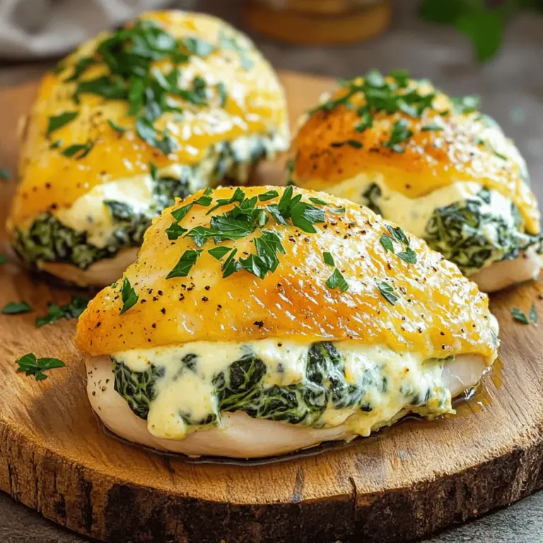 - 4 boneless, skinless chicken breasts - 2 cups fresh spinach, chopped - 1 cup cream cheese, softened - 1/2 cup grated Parmesan cheese - 1/2 cup shredded mozzarella cheese - 2 cloves garlic, minced - 1 teaspoon onion powder - 1/2 teaspoon salt - 1/4 teaspoon black pepper - 1 tablespoon olive oil - 1 tablespoon lemon juice - 1/4 teaspoon red pepper flakes (optional) - Fresh parsley, chopped (for garnish) You can change up the flavors in this dish. Try adding some sun-dried tomatoes. They add a nice tang. You can also use different cheeses. Feta or goat cheese work well too. If you like spice, add more red pepper flakes. For a zesty touch, try mixing in some lemon zest. These swaps keep the recipe fun and fresh! First, gather all your ingredients. You will need chicken breasts, spinach, cream cheese, Parmesan, mozzarella, garlic, onion powder, salt, black pepper, olive oil, lemon juice, and red pepper flakes. Next, preheat your oven to 375°F (190°C). This step is key for even cooking. Now, chop the spinach finely. In a medium bowl, mix the chopped spinach with cream cheese, Parmesan, mozzarella, garlic, onion powder, salt, black pepper, lemon juice, and red pepper flakes if you like a little heat. Make sure everything is well blended. Then, take each chicken breast and create a pocket. Slice them horizontally, but don’t cut all the way through. Stuff each chicken breast with the creamy spinach mixture. If the stuffing spills out, use toothpicks to secure the opening. Heat olive oil in a large oven-safe skillet over medium-high heat. Once the oil is hot, add the stuffed chicken breasts. Sear them for 4-5 minutes on each side until they turn golden brown. This step adds flavor and texture. Now, transfer the skillet to your preheated oven. Bake the chicken for 20-25 minutes, or until the internal temperature reaches 165°F (74°C). This ensures your chicken is safe to eat. Once the chicken is cooked, take it out of the oven. Let it rest for 5 minutes. This helps the juices redistribute, making it moist and tasty. If you used toothpicks, carefully remove them. Sprinkle fresh parsley on top for a pop of color. Serve your creamy spinach stuffed chicken warm. This dish pairs well with rice or a fresh salad. For the full recipe, check out the detailed steps! When making creamy spinach stuffed chicken, avoid overstuffing the chicken. Too much filling can cause it to spill out while cooking. Also, make sure to season the spinach mixture well. This ensures every bite is flavorful. Lastly, don’t skip the resting time after baking. This step helps the juices settle, making the chicken juicier. For the best stuffing, use fresh spinach. It gives a brighter taste. Mix the cheeses until smooth; this helps them blend better. I love adding a splash of lemon juice for zest. If you want a kick, try adding red pepper flakes. It makes the dish more exciting. Be sure to taste the mixture before stuffing. Adjust seasonings as needed for your taste. To prepare this dish, you’ll need a sharp knife. A cutting board is also essential for safe slicing. Use a medium bowl to mix your stuffing. A large oven-safe skillet works best for searing the chicken. Finally, toothpicks are great for holding the chicken closed. These tools make the process easy and fun. For more detailed steps, check the Full Recipe. {{image_2}} You can change the flavors of your creamy spinach stuffed chicken easily. Try using ricotta cheese instead of cream cheese for a lighter filling. You can also swap fresh spinach for kale or Swiss chard. If you want a kick, add chopped sun-dried tomatoes or roasted red peppers. For a smoky taste, mix in some crumbled feta cheese or smoked gouda. These swaps keep the dish exciting and fun. Pair this dish with simple sides to enhance its flavors. A fresh salad with mixed greens and a light vinaigrette works well. You can also serve it with garlic bread or rice for a filling meal. For a low-carb option, try steamed broccoli or cauliflower rice. Each side brings out the creamy goodness of the chicken. To make this dish gluten-free, simply skip any breading or serve it with gluten-free sides. For a low-carb option, use vegetables like zucchini or spaghetti squash instead of rice or pasta. You can enjoy the creamy spinach stuffed chicken while sticking to your diet plan. These adjustments let you savor every bite without worry. After you finish your meal, let the chicken cool down to room temperature. Place any leftovers in an airtight container. This helps keep them fresh. Store the container in the fridge. Enjoy your creamy spinach stuffed chicken within three days for the best taste. To reheat your chicken, preheat your oven to 350°F (175°C). Place the chicken in a baking dish. Cover it with foil to keep it moist. Heat for about 15-20 minutes or until warm. You can also use a microwave. Place the chicken on a microwave-safe plate. Heat for one to two minutes, checking to avoid overcooking. If you want to save some for later, freezing is a great option. Wrap each stuffed chicken breast tightly in plastic wrap. Then place them in a heavy-duty freezer bag or airtight container. Make sure to label the bag with the date. You can freeze for up to three months. When ready to eat, thaw in the fridge overnight before reheating. For the full recipe, check the earlier sections. You can tell the chicken is done when it reaches 165°F (74°C). Use a meat thermometer to check the thickest part of the chicken. The juices should run clear, not pink. If the chicken is still pink, it needs more time. Always let it rest for five minutes after cooking. This helps keep it juicy and tender. Yes, you can make the filling a day before. Just store it in the fridge in an airtight container. This saves time on dinner night. When you're ready, stuff the chicken as usual. The flavors will meld together, making it even tastier. You can serve this dish with a variety of sides. Here are some ideas: - Roasted vegetables - Mashed potatoes - Rice pilaf - Fresh salad - Garlic bread These pair well with the creamy flavors of the chicken. Each choice adds a nice touch to your meal. For the full recipe, check out the recipe link. This blog post guides you through making creamy spinach stuffed chicken. You learned about the ingredients, with options for custom flavors. The step-by-step instructions make cooking simple, while tips help you avoid mistakes. Variations let you swap ingredients for new tastes, ensuring everyone enjoys this dish. Plus, you now know how to store leftovers and reheat them. Remember, cooking is about trying new things and enjoying the process. Dive in and get creative!