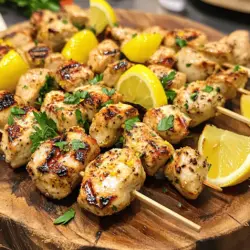 To make these tasty skewers, you need the following core ingredients: - 1.5 pounds chicken breast, cut into 1-inch cubes - 4 cloves garlic, minced - 2 tablespoons freshly squeezed lemon juice - Zest of 1 lemon - 2 tablespoons olive oil - 1 teaspoon smoked paprika - 1 teaspoon cayenne pepper (adjust to taste) - 1 teaspoon ground cumin - Salt and pepper to taste - Fresh parsley, chopped (for garnish) - Wooden or metal skewers These ingredients create a bright and bold flavor that everyone loves. You can enhance your skewers with a few optional ingredients: - Red onion, cut into chunks - Bell peppers, cut into squares - Cherry tomatoes - Fresh herbs, like cilantro or basil Adding these ingredients gives your skewers extra color and taste. If you don't have some ingredients, here are easy swaps: - Use chicken thighs for juicier meat. - Swap lemon juice with lime juice for a different twist. - Replace smoked paprika with regular paprika if needed. - Try honey for a hint of sweetness in the marinade. These substitutions help you customize the dish based on what you have at home. For the full recipe, check the link above. To start, gather your ingredients for the spicy lemon garlic chicken skewers. Cut 1.5 pounds of chicken breast into 1-inch cubes. In a large bowl, mix 4 cloves of minced garlic, 2 tablespoons of lemon juice, and the zest of 1 lemon. Add 2 tablespoons of olive oil, 1 teaspoon of smoked paprika, 1 teaspoon of cayenne pepper, and 1 teaspoon of ground cumin. Season with salt and pepper to taste. This blend creates a tasty marinade. Once mixed, add the chicken cubes. Stir until the chicken is fully covered. Cover the bowl with plastic wrap. Let it sit in the fridge for at least 1 hour. For deeper flavor, you can marinate overnight. This step makes the chicken juicy and full of flavor. If you use wooden skewers, soak them in water for at least 30 minutes. This helps keep them from burning on the grill. While the skewers soak, preheat your grill to medium-high heat. If you prefer a grill pan, heat it over medium heat on your stovetop. This ensures a nice sear on the chicken. Now, thread the marinated chicken onto the skewers. Leave some space between each piece. This helps them cook evenly. Place the skewers on the grill. Cook for about 10 to 12 minutes. Turn them occasionally for even grilling. The chicken should reach an internal temperature of 165°F (75°C). After cooking, take the skewers off the grill. Let them rest for a few minutes. This helps keep them juicy. Garnish with chopped fresh parsley before serving. For extra fun, serve with lemon wedges and a yogurt sauce for dipping. You can find the full recipe above for detailed steps. For the best results, preheat your grill to medium-high heat. This heat cooks the chicken well and gives it nice grill marks. If you use a grill pan, keep it over medium heat. This helps the chicken cook evenly without burning. To ensure even cooking, leave space between the chicken pieces on the skewers. This allows hot air to flow around the chicken. Turn the skewers every few minutes. This helps all sides to cook and brown nicely. Use a meat thermometer to check that the chicken reaches 165°F (75°C). This is key to safe and tasty chicken. Marinate the chicken for at least one hour to soak up the flavors. For the best taste, marinate overnight. This gives the chicken even deeper flavor. Just remember, longer is better, but don’t let it sit too long, or the acid can change the texture. For a full recipe, check the main section. {{image_2}} You can make your skewers more colorful and tasty by adding veggies. Bell peppers, onions, and cherry tomatoes work well. Cut them into bite-sized pieces. Thread the veggies onto the skewers with the chicken. This adds great texture and flavor to your meal. Plus, it boosts the nutrition in every bite. You can switch up the marinade to match your taste. Try adding honey for a sweet touch. You can also use herbs like rosemary or thyme for a fresh flavor. If you like more heat, add extra cayenne or use hot sauce. Each change brings a new twist to your spicy lemon garlic chicken skewers. If you can't grill outside, don't worry! You can cook these skewers in your oven. Preheat your oven to 400°F (200°C). Place the skewers on a baking sheet lined with foil. Roast them for about 15-20 minutes, turning once. You can also use a stovetop grill pan. Heat the pan and cook the skewers on medium heat. This gives you a nice char without a grill. For detailed cooking steps, refer to the Full Recipe. To keep your spicy lemon garlic chicken skewers fresh, let them cool first. Place them in an airtight container. If you’re using a plate, cover it tightly with cling wrap. This helps maintain flavor and moisture. Always label your container with the date. This way, you will remember when you made them. When stored properly, these skewers last about 3 to 4 days in the fridge. After that, they may lose taste and texture. Always check for any unusual smell or color before eating. If you notice anything off, it’s best to toss them. Trust your senses; they rarely lie! To freeze the skewers, wrap them tightly in plastic wrap. Then place them in a freezer-safe bag or container. Make sure to squeeze out as much air as possible. This helps prevent freezer burn. They can last up to 3 months in the freezer. When you're ready to eat, thaw them in the fridge overnight. Then, reheat on the grill or stovetop for the best flavor. For the full recipe, check back to ensure you follow the steps correctly. You can serve these skewers with many tasty sides. Consider a fresh salad or rice. Grilled veggies, like bell peppers and zucchini, pair well too. You might also try a yogurt sauce or tzatziki for dipping. These add a cool touch and balance the spice. A side of warm pita bread can complete the meal. The spice level depends on how much cayenne pepper you use. A teaspoon gives a nice kick. If you like it spicier, add more cayenne. If you prefer mild, use less or skip it. The lemon and garlic help balance the heat, making it tasty for most people. Yes, you can use chicken thighs. They are juicier and add more flavor. Just cut the thighs into similar-sized pieces for even cooking. The marinade will work well with thighs too. They may take a few extra minutes to cook through. Always check the internal temperature to reach 165°F (75°C). - You might wonder about soaking the skewers. It prevents burning and helps them last longer on the grill. - Marinade time is key. For best flavor, marinate for at least an hour. Overnight is even better! - If you don’t have a grill, you can use a grill pan or oven broiler. Just keep an eye on them to avoid overcooking. For the full recipe, refer to the section above. In this post, we explored the key ingredients for spicy lemon garlic chicken skewers. You learned how to prepare, cook, and store them. We shared tips for perfect grilling and ways to mix things up with different flavors. Cooking these skewers is simple and fun. Remember, the right marinade makes a big difference. Now go ahead, make your flavorful skewers, and enjoy every bite!