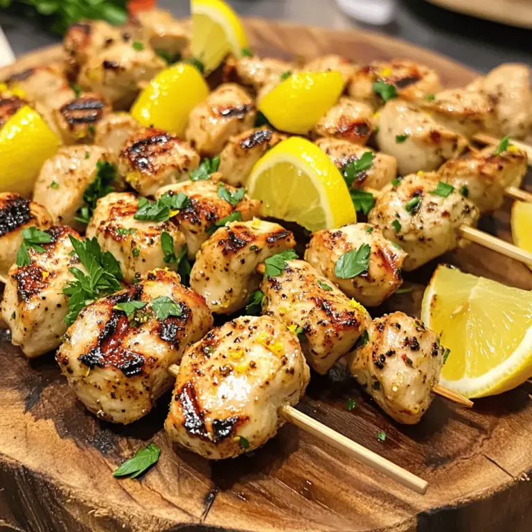To make these tasty skewers, you need the following core ingredients: - 1.5 pounds chicken breast, cut into 1-inch cubes - 4 cloves garlic, minced - 2 tablespoons freshly squeezed lemon juice - Zest of 1 lemon - 2 tablespoons olive oil - 1 teaspoon smoked paprika - 1 teaspoon cayenne pepper (adjust to taste) - 1 teaspoon ground cumin - Salt and pepper to taste - Fresh parsley, chopped (for garnish) - Wooden or metal skewers These ingredients create a bright and bold flavor that everyone loves. You can enhance your skewers with a few optional ingredients: - Red onion, cut into chunks - Bell peppers, cut into squares - Cherry tomatoes - Fresh herbs, like cilantro or basil Adding these ingredients gives your skewers extra color and taste. If you don't have some ingredients, here are easy swaps: - Use chicken thighs for juicier meat. - Swap lemon juice with lime juice for a different twist. - Replace smoked paprika with regular paprika if needed. - Try honey for a hint of sweetness in the marinade. These substitutions help you customize the dish based on what you have at home. For the full recipe, check the link above. To start, gather your ingredients for the spicy lemon garlic chicken skewers. Cut 1.5 pounds of chicken breast into 1-inch cubes. In a large bowl, mix 4 cloves of minced garlic, 2 tablespoons of lemon juice, and the zest of 1 lemon. Add 2 tablespoons of olive oil, 1 teaspoon of smoked paprika, 1 teaspoon of cayenne pepper, and 1 teaspoon of ground cumin. Season with salt and pepper to taste. This blend creates a tasty marinade. Once mixed, add the chicken cubes. Stir until the chicken is fully covered. Cover the bowl with plastic wrap. Let it sit in the fridge for at least 1 hour. For deeper flavor, you can marinate overnight. This step makes the chicken juicy and full of flavor. If you use wooden skewers, soak them in water for at least 30 minutes. This helps keep them from burning on the grill. While the skewers soak, preheat your grill to medium-high heat. If you prefer a grill pan, heat it over medium heat on your stovetop. This ensures a nice sear on the chicken. Now, thread the marinated chicken onto the skewers. Leave some space between each piece. This helps them cook evenly. Place the skewers on the grill. Cook for about 10 to 12 minutes. Turn them occasionally for even grilling. The chicken should reach an internal temperature of 165°F (75°C). After cooking, take the skewers off the grill. Let them rest for a few minutes. This helps keep them juicy. Garnish with chopped fresh parsley before serving. For extra fun, serve with lemon wedges and a yogurt sauce for dipping. You can find the full recipe above for detailed steps. For the best results, preheat your grill to medium-high heat. This heat cooks the chicken well and gives it nice grill marks. If you use a grill pan, keep it over medium heat. This helps the chicken cook evenly without burning. To ensure even cooking, leave space between the chicken pieces on the skewers. This allows hot air to flow around the chicken. Turn the skewers every few minutes. This helps all sides to cook and brown nicely. Use a meat thermometer to check that the chicken reaches 165°F (75°C). This is key to safe and tasty chicken. Marinate the chicken for at least one hour to soak up the flavors. For the best taste, marinate overnight. This gives the chicken even deeper flavor. Just remember, longer is better, but don’t let it sit too long, or the acid can change the texture. For a full recipe, check the main section. {{image_2}} You can make your skewers more colorful and tasty by adding veggies. Bell peppers, onions, and cherry tomatoes work well. Cut them into bite-sized pieces. Thread the veggies onto the skewers with the chicken. This adds great texture and flavor to your meal. Plus, it boosts the nutrition in every bite. You can switch up the marinade to match your taste. Try adding honey for a sweet touch. You can also use herbs like rosemary or thyme for a fresh flavor. If you like more heat, add extra cayenne or use hot sauce. Each change brings a new twist to your spicy lemon garlic chicken skewers. If you can't grill outside, don't worry! You can cook these skewers in your oven. Preheat your oven to 400°F (200°C). Place the skewers on a baking sheet lined with foil. Roast them for about 15-20 minutes, turning once. You can also use a stovetop grill pan. Heat the pan and cook the skewers on medium heat. This gives you a nice char without a grill. For detailed cooking steps, refer to the Full Recipe. To keep your spicy lemon garlic chicken skewers fresh, let them cool first. Place them in an airtight container. If you’re using a plate, cover it tightly with cling wrap. This helps maintain flavor and moisture. Always label your container with the date. This way, you will remember when you made them. When stored properly, these skewers last about 3 to 4 days in the fridge. After that, they may lose taste and texture. Always check for any unusual smell or color before eating. If you notice anything off, it’s best to toss them. Trust your senses; they rarely lie! To freeze the skewers, wrap them tightly in plastic wrap. Then place them in a freezer-safe bag or container. Make sure to squeeze out as much air as possible. This helps prevent freezer burn. They can last up to 3 months in the freezer. When you're ready to eat, thaw them in the fridge overnight. Then, reheat on the grill or stovetop for the best flavor. For the full recipe, check back to ensure you follow the steps correctly. You can serve these skewers with many tasty sides. Consider a fresh salad or rice. Grilled veggies, like bell peppers and zucchini, pair well too. You might also try a yogurt sauce or tzatziki for dipping. These add a cool touch and balance the spice. A side of warm pita bread can complete the meal. The spice level depends on how much cayenne pepper you use. A teaspoon gives a nice kick. If you like it spicier, add more cayenne. If you prefer mild, use less or skip it. The lemon and garlic help balance the heat, making it tasty for most people. Yes, you can use chicken thighs. They are juicier and add more flavor. Just cut the thighs into similar-sized pieces for even cooking. The marinade will work well with thighs too. They may take a few extra minutes to cook through. Always check the internal temperature to reach 165°F (75°C). - You might wonder about soaking the skewers. It prevents burning and helps them last longer on the grill. - Marinade time is key. For best flavor, marinate for at least an hour. Overnight is even better! - If you don’t have a grill, you can use a grill pan or oven broiler. Just keep an eye on them to avoid overcooking. For the full recipe, refer to the section above. In this post, we explored the key ingredients for spicy lemon garlic chicken skewers. You learned how to prepare, cook, and store them. We shared tips for perfect grilling and ways to mix things up with different flavors. Cooking these skewers is simple and fun. Remember, the right marinade makes a big difference. Now go ahead, make your flavorful skewers, and enjoy every bite!