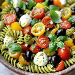 To make a tasty pesto pasta salad, gather these ingredients: - 12 oz fusilli pasta - 1 cup homemade or store-bought pesto - 1 cup cherry tomatoes, halved - 1 cup fresh mozzarella balls, halved - 1/2 cup black olives, pitted and sliced - 1/2 cup bell pepper, diced (any color) - 1/4 cup fresh basil leaves, chopped - 2 tablespoons olive oil - Salt and pepper to taste Fresh pesto packs a bright flavor. You can make it at home with basil, garlic, nuts, olive oil, and cheese. It’s simple and tastes great. Store-bought pesto is quick and easy. It can save you time but may lack some freshness. Check the label for quality and ingredients. Choose a brand that uses real ingredients, not fillers. To boost your salad, try adding extra ingredients. Here are a few ideas: - Grated Parmesan cheese for a salty kick - Sun-dried tomatoes for a sweet and tangy touch - Spinach for added greens and nutrition - Artichoke hearts for a unique flavor These options can personalize your salad and make it even more delicious. To start, I boil water in a large pot. I add a pinch of salt for flavor. When the water is boiling, I add 12 oz of fusilli pasta. I cook it according to the package instructions, usually about 8-10 minutes. I check for doneness by tasting a piece. When it's just right, I drain the pasta and let it cool for a few minutes. In a large mixing bowl, I add the cooked pasta. Next, I pour in 1 cup of pesto. I like to use homemade or store-bought pesto, depending on my mood. I stir the pasta and pesto together, making sure every piece is coated. This step adds a burst of flavor to the dish. Now it's time to add the fun ingredients! I toss in 1 cup of halved cherry tomatoes, 1 cup of halved mozzarella balls, and 1/2 cup of sliced black olives. I also add 1/2 cup of diced bell pepper for crunch. I gently fold everything together, mixing well but not breaking the pasta. I drizzle 2 tablespoons of olive oil for richness, then season with salt and pepper to taste. Finally, I sprinkle 1/4 cup of chopped basil on top. I toss it all gently one last time. For the best flavor, I chill the salad in the fridge for at least 30 minutes. This lets all the flavors meld nicely. You can find the full recipe here. To boost the taste of your pesto pasta salad, use fresh ingredients. Fresh basil adds a bright touch. If you use store-bought pesto, choose a high-quality brand. You can also add a squeeze of lemon juice. This adds a nice zing and balances the flavors. Mixing in a pinch of red pepper flakes brings warmth. A sprinkle of grated Parmesan cheese on top can enhance the flavor too. Serve your pesto pasta salad cold or at room temperature. This dish works well as a side or a light main course. Place it in a large bowl for sharing. For single servings, use small jars or cups. Garnish with extra basil or cheese before serving. This adds a pop of color and makes it look nice. Pesto pasta salad pairs well with grilled chicken or fish. It also goes great with crusty bread. Serve it alongside a light white wine or sparkling water. For a complete meal, add a fresh green salad. This balance of flavors and textures makes your meal more enjoyable. For more ideas on how to enjoy this dish, check the Full Recipe. {{image_2}} You can make your pesto pasta salad heartier by adding protein. Grilled chicken is a popular choice. Just slice it into bite-sized pieces and mix it in. Shrimp also works great. Cook it until it's pink, then add it to the salad. For a fun twist, try adding canned tuna or chickpeas. These options boost flavor and make the meal more filling. If you want a vegetarian option, skip the meat and add more veggies. Try adding roasted zucchini or grilled asparagus for extra flavor. You could also use artichoke hearts or sun-dried tomatoes. These ingredients add texture and taste. Don't forget to add nuts, like pine nuts or walnuts, for a nice crunch. For a gluten-free version, change the pasta. Use gluten-free pasta made from rice or corn. These options cook well and taste great. You can also use spiralized veggies like zucchini or carrots. They add color and nutrition. Just make sure to adjust cooking times based on what you choose. To keep your pesto pasta salad fresh, place it in a sealed container. Make sure to store it in the fridge. It stays tasty for about three days. If you notice any changes in smell or color, it’s best to toss it. You can freeze pesto pasta salad, but it may change in texture. To freeze, place the salad in an airtight container. Leave some space at the top for expansion. It can last up to three months in the freezer. When you are ready to eat it, thaw it overnight in the fridge. Reheating pesto pasta salad is simple. You can use the microwave or stovetop. If using the microwave, heat in short bursts. Stir in between to warm it evenly. If using the stovetop, add a splash of water. This helps bring back some moisture. Enjoy it warm or cold, based on your taste! For the full recipe, check out the details above. Yes, you can use many types of pasta! Fusilli works great, but you can try penne, rotini, or farfalle. Each shape holds the pesto well and adds a new look. Just follow the cooking time on the package to ensure it’s perfect. You can even use whole wheat or gluten-free pasta for a healthier option. Pesto pasta salad lasts in the fridge for about 3 to 5 days. To keep it fresh, store it in an airtight container. If you see any signs of spoilage, like off smells or mold, it's best to toss it. Make sure it stays cold, especially if you leave it out at a picnic or party. This recipe is very easy to customize! You can add extra veggies like spinach, zucchini, or artichokes. For protein, try grilled chicken or shrimp. You can also swap out mozzarella for feta or goat cheese. The options are endless, and you can make it fit your taste and diet perfectly. For the full recipe, check out the details above. This blog post covered how to make a tasty pesto pasta salad. You learned about fresh and store-bought pesto, plus optional flavors. I shared easy steps to cook pasta and mix in the pesto. Tips helped you perfect flavors and pair with the right foods. You also got ideas for protein, vegetarian options, and gluten-free swaps. Lastly, I showed you how to store leftovers and answered common questions. Now, you’re ready to create a delicious dish your family will love. Enjoy making your pesto pasta salad!